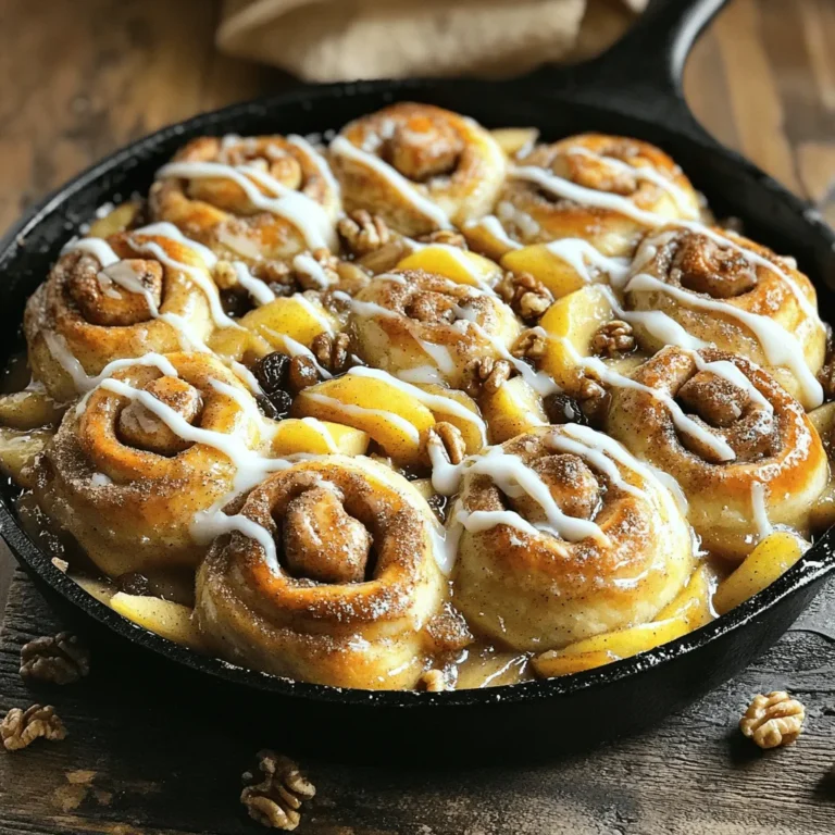- 2 cans refrigerated cinnamon roll dough (with icing) - 2 medium apples, peeled, cored, and diced - 1 teaspoon ground cinnamon - ½ teaspoon nutmeg - ¼ cup brown sugar - 1 tablespoon lemon juice - 2 tablespoons butter - 1 tablespoon vanilla extract The base of this dish is the cinnamon roll dough. It provides a soft and sweet layer. I use two medium apples for the filling. The apples should be peeled, cored, and diced to mix easily with the spices. Ground cinnamon and nutmeg add warmth and depth to the flavor. Brown sugar adds sweetness, while lemon juice brightens the taste. - ½ cup chopped walnuts - ¼ cup raisins You can add walnuts for crunch and a rich flavor. Raisins bring a nice chewy texture. Both add more taste but are not necessary. Use them if you like a bit more texture in your dessert. - Ice cream or whipped cream toppings - Presentation ideas Serving this dish straight from the skillet gives it a rustic charm. A scoop of vanilla ice cream or a dollop of whipped cream on top makes it special. You can drizzle some icing over the top for extra sweetness. This dish is not just tasty; it looks good too! - Preheat your oven to 350°F (175°C). This warms the oven for baking later. - In a medium bowl, mix diced apples, ground cinnamon, nutmeg, brown sugar, lemon juice, walnuts, and raisins. Stir well. The apples should be nicely coated. - In a large cast-iron skillet, melt 2 tablespoons of butter over medium heat. - Add the apple mix and cook for about 5-7 minutes. Stir often until the apples soften a bit. Remove the skillet from the heat. - Take the cinnamon roll dough and open the cans. Separate each roll. Flatten each roll slightly with your hands. - Layer these flattened rolls over the apple mix in the skillet. Cover as much as you can. If you have gaps, tear extra pieces to fill them. - Drizzle the icing from the cinnamon roll package over the top. You can warm it in the microwave if it’s thick. - Place the skillet in the preheated oven and bake for 25-30 minutes. Look for golden brown rolls on top to know it’s done. - Once baked, remove the skillet and let it cool for a few minutes. This helps the flavors settle. Serve warm and drizzle with extra icing if you like! - Choosing the right apples: I love using tart apples like Granny Smith. They give a nice balance to the sweet cinnamon rolls. You can also try Honeycrisp for a sweeter bite. - Adjusting sweetness and flavor: If you like it sweeter, add more brown sugar. For a zesty kick, a splash of lemon juice helps brighten the flavor. - Properly flattening the dough: When you take the cinnamon rolls out, flatten each one gently with your hands. This helps them fit better in the skillet. - Managing gaps in the roll layers: If you see gaps, don’t worry! Just tear small pieces from the dough and fill them in. This keeps everything cozy and tasty. - Serving directly from the skillet: I love serving this dish right from the skillet. It looks rustic and inviting. - Garnishing options and styling: Top it off with a scoop of vanilla ice cream or a dollop of whipped cream. A sprinkle of cinnamon can add a nice touch, too. {{image_2}} You can make this dish even more fun with flavor twists. Adding caramel brings a rich sweetness. Pour it over the top before baking. You can also mix in other fruits like pears or berries. They add a burst of flavor and color. Changing your spice profile can also jazz things up. Try adding ginger or cloves for a warm kick. Each small change makes the dish unique. If you want to try something different, use homemade cinnamon rolls. They add a fresh taste and aroma. You can also make this dish gluten-free. Many brands offer gluten-free cinnamon roll dough. For vegan options, look for plant-based dough. Ensure it fits your diet and still tastes good. These choices allow everyone to enjoy this dessert. Seasonal flavors can make your skillet even better. During fall, add pumpkin spice or pecans. They bring warmth and a cozy feel. For the holidays, try candy canes or eggnog. These flavors will impress your guests. You can even decorate with festive toppings. Seasonal twists keep this dessert exciting all year round. To keep your Apple Pie Cinnamon Roll Skillet fresh, store leftovers in the fridge. Place the skillet in an airtight container or cover it tightly with plastic wrap. This way, it stays moist and tasty. You can also leave it in the skillet if it's safe for the fridge. When you're ready to eat, reheat it in the oven at 350°F until warm. This keeps the rolls soft and the apples juicy. You can freeze this dish before or after baking. If freezing before baking, cover the skillet tightly. When ready to bake, let it thaw in the fridge overnight. Bake it as directed, adding a few extra minutes if needed. If you freeze after baking, let it cool completely first. Wrap it tightly and store it in the freezer. Thaw it in the fridge before reheating and serve warm. When stored well, your Apple Pie Cinnamon Roll Skillet stays fresh for about 3-4 days in the fridge. If you freeze it, it lasts for about 2-3 months. Watch out for signs of spoilage. If you see mold, smell something off, or the texture changes, it's time to toss it. Enjoy your delicious dessert while it’s at its best! To make this tasty dish, you need: - 2 cans refrigerated cinnamon roll dough (with icing) - 2 medium apples, peeled, cored, and diced - 1 teaspoon ground cinnamon - ½ teaspoon nutmeg - ¼ cup brown sugar - 1 tablespoon lemon juice - ½ cup chopped walnuts (optional) - ¼ cup raisins (optional) - 2 tablespoons butter - 1 tablespoon vanilla extract When you make it from scratch, you can use homemade cinnamon rolls. This adds a personal touch. You can also choose your own apple mix. The key is to melt the butter first, then add the apple mix. This helps the apples cook nicely and soak up all the flavors. Yes, you can prep this dish ahead of time. You can mix the apples and spices the night before. Just store them in the fridge. In the morning, layer the cinnamon rolls on top of the apple mix. Then, bake it fresh. When baking, preheat your oven to 350°F (175°C). Bake for 25-30 minutes until golden brown. If you want a quick bake, you can also prepare it an hour before serving. For this dish, you want apples that are both sweet and tart. They should hold their shape while baking. Good choices include: - Granny Smith - Honeycrisp - Fuji - Braeburn Granny Smith adds a nice tartness. Honeycrisp gives a sweet crunch. Always look for firm apples. They keep the pie from getting mushy. This blog post shared a tasty way to make Apple Pie Cinnamon Roll Skillet. We covered key ingredients, from cinnamon roll dough to apples and spices. I shared tips for perfecting your apple mix and techniques for rolling. Presentation ideas and serving options help bring everything together. Whether you customize flavors or store leftovers, you now have the knowledge to succeed. Enjoy creating this delightful treat and making it your own!