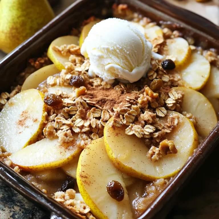 To make a great spiced pear oatmeal crisp, gather these key ingredients: - 4 ripe pears, peeled, cored, and sliced - 1 teaspoon cinnamon - ½ teaspoon nutmeg - 2 tablespoons brown sugar - 1 cup rolled oats - ½ cup all-purpose flour - ½ cup packed brown sugar - ½ teaspoon salt - ½ teaspoon vanilla extract - ½ cup cold unsalted butter, cut into small pieces These ingredients blend together to create a warm and cozy dessert. The pears shine in this dish, bringing a sweet and juicy flavor. The spices in this recipe are crucial. They add warmth and depth. Cinnamon gives a classic taste. Nutmeg adds a hint of earthiness. Together, they make each bite feel like a warm hug on a cold day. You can customize your crisp with optional add-ins. Consider adding: - ¼ cup chopped walnuts - ¼ cup raisins These additions offer a nice texture and extra flavor. Walnuts add crunch, while raisins bring sweetness. Feel free to mix and match based on what you have at home. Start by preheating your oven to 350°F (175°C). Grease a 9-inch baking dish to prevent sticking. Take four ripe pears, peel them, and remove the cores. Slice them thinly for even cooking. In a large bowl, combine the sliced pears with one teaspoon of cinnamon, half a teaspoon of nutmeg, and two tablespoons of brown sugar. Toss them well to coat each slice. Once coated, spread the pear mixture evenly in the bottom of your greased baking dish. In another bowl, mix one cup of rolled oats, half a cup of all-purpose flour, half a cup of brown sugar, and half a teaspoon of salt. This blend gives your topping a great texture. Next, cut half a cup of cold unsalted butter into small pieces. Add the butter to the oat mixture. Use a fork or your fingers to work the butter into the dry mix until it looks like coarse crumbs. If you like, stir in a quarter cup of chopped walnuts and a quarter cup of raisins for extra flavor. This adds a delightful crunch and sweetness. Pour the crisp topping evenly over the spiced pears in the baking dish. Place the dish in the preheated oven and bake for about 25-30 minutes. You want the topping to turn golden brown and see the pears bubbling. Once done, remove it from the oven and let it cool for about 10 minutes. This cooling time helps the crisp set up and makes it easier to serve. Enjoy it warm, perhaps with a scoop of vanilla ice cream or a dollop of whipped cream on top! When picking pears, look for ripe, firm fruit. Ripe pears should yield slightly to gentle pressure. I like using Bartlett or Bosc pears for this crisp. They are sweet and soft when cooked. Avoid pears that are too hard or overly mushy. A little blemish is okay, but major bruises are not. To get a great crisp topping, make sure your butter is cold. Cut it into small pieces before mixing. This helps form those delicious crumbs. Mix the oats, flour, and sugar well before adding the butter. Use your fingers or a fork to blend until it looks like coarse crumbs. This step is key for that perfect texture. I love serving this warm, right out of the oven. Add a scoop of vanilla ice cream on top for a treat. Whipped cream is also a tasty option. A sprinkle of cinnamon or fresh pear slices makes it look nice too. Enjoy it as a cozy dessert with friends or family. {{image_2}} You can easily make this dessert gluten-free. Replace all-purpose flour with almond flour or a gluten-free blend. Ensure your oats are certified gluten-free. This way, you keep the taste and texture without gluten. To make this recipe vegan, swap the butter for coconut oil or a vegan butter. Change the brown sugar to coconut sugar for a healthier twist. Also, skip the eggs, as this recipe does not need them. You will still enjoy a rich flavor. While pears shine in this dish, try using apples or peaches for a new taste. You can mix fruits too. For example, add berries to the pears for a burst of color and sweetness. Each fruit will give a unique twist to your crisp. To keep your spiced pear oatmeal crisp fresh, let it cool completely. Then, cover it tightly with plastic wrap or aluminum foil. You can also place it in an airtight container. Stored this way, it stays good for about 3 to 5 days in the fridge. When you're ready to enjoy your leftovers, preheat your oven to 350°F (175°C). Place the crisp in an oven-safe dish. Cover it with foil to prevent over-browning. Heat for about 15-20 minutes, or until it's warm throughout. If you're in a hurry, you can reheat it in the microwave for 1-2 minutes. Just make sure to check that it's hot enough before serving. You can freeze spiced pear oatmeal crisp for later. First, let it cool completely. Then, wrap it tightly in plastic wrap and foil. It can last up to 3 months in the freezer. When you're ready to eat it, thaw it overnight in the fridge. Bake it at 350°F (175°C) for 20-30 minutes until it's warmed through. Enjoy this delightful dessert anytime! Yes, you can! Apples or peaches work well too. Just slice them like you do pears. The spices will still shine through, giving you tasty results. Mix and match your favorite fruits for a fun twist. To prepare in advance, slice the pears and mix them with spices. Store this mixture in the fridge for up to a day. You can also make the crisp topping ahead. Just keep it in a sealed container. When ready to bake, combine them and pop it in the oven. Serve your crisp warm for the best flavor. A scoop of vanilla ice cream on top is a great choice. You can also add whipped cream for extra creaminess. Garnish with a sprinkle of cinnamon or fresh pear slices for a nice touch. Enjoy the comfort! This blog post covered how to make a tasty spiced pear oatmeal crisp. We explored the best ingredients, spices, and fun add-ins. You learned step-by-step how to prepare the dish and tips for perfect texture. We also discussed variations, storage, and answers to common questions. Now, with these tips, you can create a delicious dessert that's unique. Try different fruits or options to suit your taste. Enjoy making this warm, comforting dish for yourself and others!