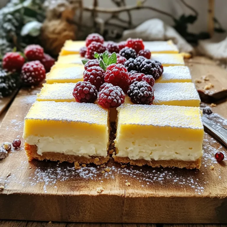 To make Cottage Cheese Cheesecake Bars, gather these simple ingredients. Each one plays a key role in creating a creamy and delicious treat. - 2 cups cottage cheese - 1 cup Greek yogurt - 3/4 cup granulated sugar - 3 large eggs - 1 tablespoon vanilla extract - 1 tablespoon lemon juice - 1/2 cup all-purpose flour - 1/4 teaspoon salt - 1 teaspoon baking powder - 1/4 cup melted unsalted butter - Optional: Fresh berries for topping Each ingredient helps form the rich texture and flavor. Cottage cheese gives a creamy base. Greek yogurt adds tanginess and richness. Granulated sugar sweetens the bars just right. Eggs help bind everything together, giving the bars a great structure. Vanilla extract and lemon juice bring depth and brightness. All-purpose flour adds stability, while salt enhances all the flavors. Baking powder helps the bars rise nicely, making them light and fluffy. Finally, melted butter adds richness. Feel free to add fresh berries on top for added flair. These ingredients work together to create a treat that's simple yet tasty! Start by preheating your oven to 350°F (175°C). Grab a 9x9 inch baking pan. Line it with parchment paper. Let some paper hang over the edges. This makes the bars easy to lift out later. In a blender or food processor, add 2 cups of cottage cheese and 1 cup of Greek yogurt. Blend these together until smooth and creamy. In a large bowl, whisk together 3/4 cup of granulated sugar, 3 eggs, 1 tablespoon of vanilla extract, and 1 tablespoon of lemon juice. Mix until it is airy and well combined. Carefully add the blended cottage cheese and yogurt mixture. Whisk until fully mixed. In another bowl, combine 1/2 cup of all-purpose flour, 1/4 teaspoon of salt, and 1 teaspoon of baking powder. Slowly fold this dry mix into the wet mixture. Be gentle; over-mixing can hurt the texture. Once combined, fold in 1/4 cup of melted unsalted butter until the batter is smooth. Pour the batter into your prepared baking pan. Use a spatula to smooth the top. Bake it in the oven for 30 to 35 minutes. Check for doneness with a toothpick; it should come out clean. When done, take it out of the oven and cool it in the pan for about 10 minutes. Then, transfer the bars to a wire rack to cool completely. For the best results, refrigerate the bars for at least 2 hours. This helps them set up nicely before you cut them into bars. To get a smooth mixture, blend the cottage cheese and Greek yogurt well. Use a blender or food processor. Blend until the texture is creamy and lump-free. This step is key for great bars. If not smooth, the bars can be grainy. Watch the bake time closely. Bake for 30-35 minutes at 350°F. The edges should be golden brown. Insert a toothpick in the center to check. If it comes out clean, your bars are done. If not, bake a few more minutes. Overbaking can dry them out. Let the bars cool in the pan for about 10 minutes. Then, transfer them to a wire rack. Cooling helps set the texture. After they cool, refrigerate for at least 2 hours. This step is important for the best flavor and texture. Enjoy them chilled for a refreshing treat! {{image_2}} You can easily change the flavor of your cheesecake bars. Try adding 1 teaspoon of your favorite extract. Almond or coconut extract can give a fun twist. You can also mix in fruit puree. Strawberry or raspberry puree will add a nice touch. For a chocolate version, add cocoa powder. Just replace a few tablespoons of the flour with cocoa. Want to make these bars healthier? You can swap granulated sugar for honey or maple syrup. Use 1/2 cup of honey in place of sugar. This will make the bars sweet but add a different flavor. You can also use low-fat cottage cheese and yogurt. They work well and keep the bars creamy. For a crust, use crushed nuts or oats instead of flour. This adds crunch and more nutrients. To make these bars gluten-free, simply switch the all-purpose flour. Use almond flour or coconut flour instead. Both will keep your bars soft and tasty. If you use almond flour, you may need a bit more liquid. Add a splash of milk or yogurt to adjust the mix. Always check the labels of your ingredients to ensure they are gluten-free. This way, everyone can enjoy your delicious treat! After you make your cottage cheese cheesecake bars, let them cool. Once cooled, slice the bars. Place them in an airtight container. You can store them in the fridge for about five days. This keeps them fresh and tasty. If you want to enjoy them later, store them properly. To freeze these bars, first, let them cool completely. Wrap each bar tightly in plastic wrap. Then, place the wrapped bars in a freezer-safe container. You can freeze them for up to three months. When ready to eat, thaw them in the fridge overnight. They will taste great after freezing! These bars stay fresh for about five days in the fridge. If you freeze them, they last longer. Remember to check for any signs of spoilage. If they look or smell bad, it's best to throw them away. Enjoying them while they are fresh gives the best taste! Yes, you can use low-fat cottage cheese. It will still give you a nice texture. The taste may be a bit lighter. I often choose low-fat for a healthier option. Just make sure it blends well with the yogurt. You can check by inserting a toothpick in the center. If it comes out clean, the bars are ready. The edges should look lightly golden. You can also gently press the top; it should feel firm but not hard. Absolutely! Chocolate chips add a fun twist to the bars. You can also add nuts or dried fruit. Just fold them in gently with the batter. Keep the amount to about half a cup so the texture remains nice. Serve the bars chilled for the best flavor. You can top them with fresh berries or a sprinkle of powdered sugar. These add color and sweetness. Cut the bars into squares for easy serving. Enjoy them as a snack or dessert! In this post, we covered how to make cottage cheese cheesecake bars. We discussed the key ingredients, step-by-step instructions, and helpful tips to get it right. I shared fun variations to make this dessert fit your taste. Lastly, I explained the best ways to store leftovers for later use. Now you have all the tools to create this delicious treat. Enjoy every bite and impress your friends with your baking skills!