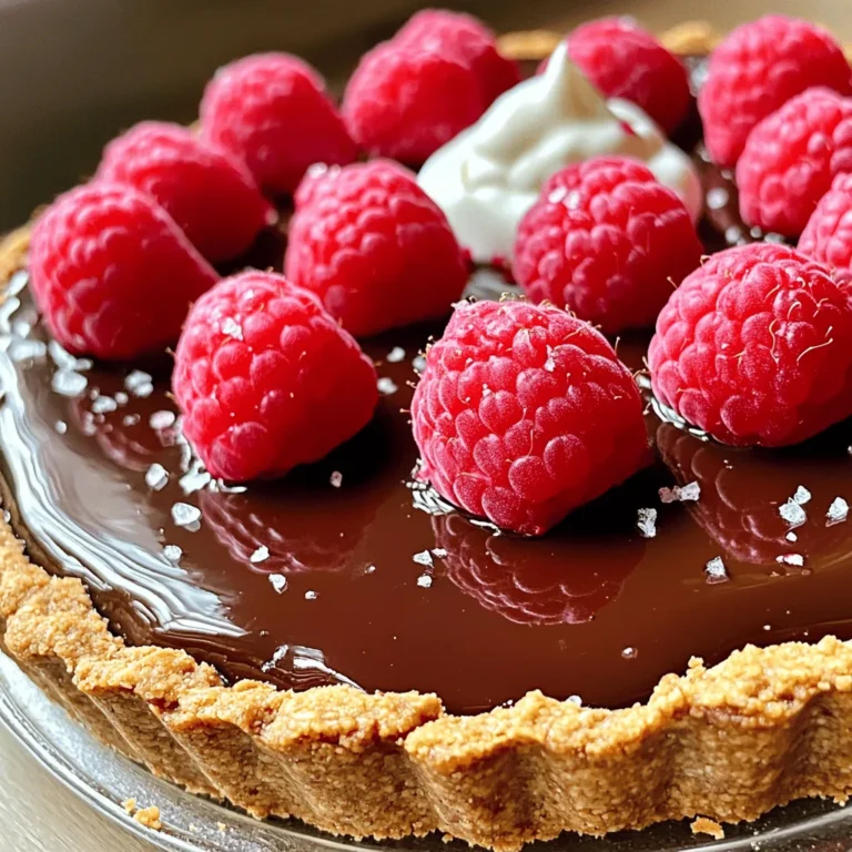 - 1 ½ cups graham cracker crumbs - ½ cup unsalted butter, melted - ¼ cup sugar - 8 ounces cream cheese, softened - 1 cup powdered sugar - 1 cup heavy whipping cream - 8 ounces dark chocolate, chopped - 1 cup fresh raspberries - 1 teaspoon vanilla extract - Sea salt for garnish (optional) This tart has a simple list of ingredients. Each one plays a key role in creating the perfect balance of flavors. The graham cracker crumbs make the crust crunchy and sweet. The unsalted butter adds richness and helps the crust hold its shape. Cream cheese and powdered sugar create the creamy filling. Heavy whipping cream makes it light. Dark chocolate gives a rich taste that blends with the tang of raspberries. Fresh raspberries add a pop of freshness and color. They also bring a slight tartness that balances the sweetness. You can add a sprinkle of sea salt on top. It enhances the chocolate flavor and gives a nice contrast. With these ingredients, you can create a delightful dessert that everyone will love. 1. First, take a mixing bowl. Add 1 ½ cups of graham cracker crumbs. 2. Next, pour in ½ cup of melted unsalted butter. 3. Add 1/4 cup of sugar. Stir it well until the mix looks like wet sand. 4. Now, press this crumb mix into a 9-inch tart pan. Make sure it covers the bottom and sides. 5. Use your fingers or the bottom of a glass to press it evenly. 6. Place the crust in the refrigerator to set while you make the filling. 1. Take a microwave-safe bowl and add 8 ounces of chopped dark chocolate. 2. Melt the chocolate in 30-second bursts in the microwave. Stir in between to keep it smooth. 3. Once melted, set the chocolate aside to cool slightly. 4. In another bowl, beat 8 ounces of softened cream cheese with 1 cup of powdered sugar. Mix until creamy and smooth. 5. Now, add the melted chocolate and 1 teaspoon of vanilla extract to the cream cheese mix. 6. Stir until everything is well blended and smooth. 1. In a separate bowl, whip 1 cup of heavy cream. 2. Whip until you see stiff peaks forming. 3. Carefully fold the whipped cream into the chocolate mix. Be gentle so you don’t deflate the cream. 1. Pour the chocolate filling into the crust. 2. Spread it out evenly using a spatula. 3. Finally, refrigerate the tart for at least 4 hours, or until it sets well. 4. Before serving, top the tart with fresh raspberries. You can sprinkle a bit of sea salt if you like. To make a great crust, press the crumb mixture evenly into the tart pan. Use your fingers or the bottom of a glass. This ensures a firm base that holds together well. If you find it crumbly, press harder. Make sure to cover the bottom and sides completely. It helps to chill the crust in the fridge before adding the filling. This step helps it set nicely. Melting chocolate can be tricky. To avoid burned chocolate, use a microwave-safe bowl. Heat the chopped chocolate in 30-second bursts. Stir the chocolate in between each burst. This method helps it melt evenly without burning. If you see any solid bits, just keep stirring. Once smooth, let it cool before mixing with other ingredients. For extra flavor, consider adding a pinch of sea salt to the filling. This small touch brightens the chocolate taste. You can also mix in a splash of coffee for depth. If you love fruit flavors, try adding orange zest. It gives a fresh twist to the tart. Feel free to add more raspberries on top for a burst of color and taste. {{image_2}} You can switch up the crust for your tart. Instead of graham cracker crumbs, try using Oreo cookies. They add a rich chocolate flavor that pairs well with the filling. Simply crush the cookies and mix them with melted butter. If you prefer a nutty flavor, almond flour works great too. Mix almond flour with a bit of butter and press it into the pan. Both options give a unique taste. Want to change the flavor? You can add mint or orange zest. Fresh mint gives a refreshing taste. Just chop it fine and mix it into the chocolate filling. For a citrus twist, add a bit of orange zest. It brightens the tart and makes it more vibrant. Both options help make your dessert unique. Toppings can also vary. While fresh raspberries are delightful, try other berries like strawberries or blueberries. They add color and flavor. Nuts, such as chopped hazelnuts or almonds, can give a nice crunch on top. Feel free to mix and match your toppings for a fun twist on this classic dessert. To keep your no-bake chocolate raspberry tart fresh, store it in the fridge. Place it in an airtight container. This helps keep the tart from drying out. If you don't have a container, cover it tightly with plastic wrap. Always make sure the tart is chilled before covering. This prevents condensation from forming on the surface. You can freeze the tart if you want to save some for later. First, let the tart cool fully in the fridge. Then, cut it into slices. Wrap each slice in plastic wrap. After that, place the wrapped slices in a freezer-safe bag. Press out any air before sealing. This method helps keep the tart fresh and tasty. In the fridge, your tart lasts about 3 to 5 days. If you freeze it, the shelf life extends to about 2 months. Just remember, the sooner you eat it, the better the taste! The tart needs at least 4 hours in the fridge to set. This time is essential for the filling to firm up. If you can, let it sit longer. This allows the flavors to meld together better. Yes, you can use frozen raspberries in place of fresh ones. Just make sure to thaw them first. Drain any extra juice to avoid a soggy tart. Frozen berries can still taste great and save you a trip to the store. Serve the tart chilled for the best taste. Top it with extra raspberries for color and flavor. A dollop of whipped cream also adds a nice touch. If you like, sprinkle some sea salt on top for a delightful contrast. This blog post showed you how to make a rich chocolate tart with raspberries. We covered ingredients, steps, tips, and variations to help you create this tasty dessert. Remember to store leftovers properly for the best taste. Try different crusts and flavors for your own twist. Making this tart is fun and rewarding. Enjoy every bite!