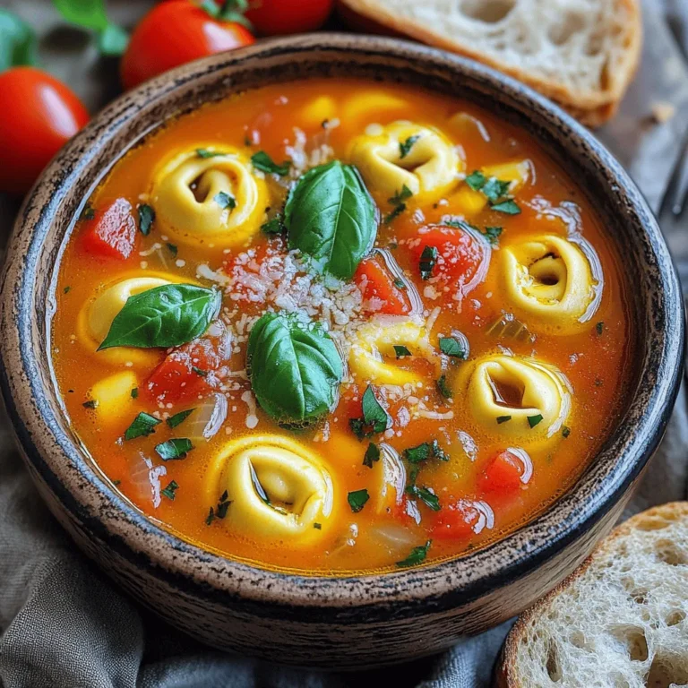 - 1 (24 oz) jar marinara sauce - 4 cups vegetable broth - 1 can (14.5 oz) diced tomatoes, undrained - 1 medium onion, diced - 3 cloves garlic, minced - 2 cups fresh spinach, chopped - 1 (9 oz) package cheese tortellini (fresh or frozen) - 1 tablespoon dried basil - 1 teaspoon dried oregano - Salt and pepper to taste - 1 cup heavy cream (or coconut milk for a lighter option) - Fresh basil leaves for garnish - Grated Parmesan cheese for serving (optional) You can swap marinara sauce for homemade tomato sauce. Use chicken broth instead of vegetable broth. If you don’t have fresh spinach, try kale or Swiss chard. For tortellini, any pasta shape works in a pinch. Coconut milk is a great choice if you want a lighter soup. Fresh tortellini cooks faster than frozen. If you use frozen, add it earlier in the cooking process to ensure it's tender. Fresh tortellini only needs about 20-25 minutes to cook. It's best to add it when the soup is almost ready. For the best taste, choose high-quality tortellini. To make your soup, start by gathering all your ingredients. In your slow cooker, mix together: - 1 (24 oz) jar marinara sauce - 4 cups vegetable broth - 1 can (14.5 oz) diced tomatoes, undrained - 1 medium onion, diced - 3 cloves garlic, minced Stir everything well to combine. Next, add: - 1 tablespoon dried basil - 1 teaspoon dried oregano - Salt and pepper to taste Mix again to enhance the flavors. Cover the slow cooker and set it to cook on low for 6-8 hours or high for 3-4 hours. The goal is to make the vegetables tender and flavorful. To save time, prep your ingredients before starting. Dice the onion and mince the garlic first. You can chop the spinach while the soup cooks. If you use fresh tortellini, it cooks quickly and adds a nice texture. Organizing your ingredients lets you focus on cooking. Your soup is ready when the vegetables are soft and the aroma fills the kitchen. About 30 minutes before serving, stir in: - 1 (9 oz) package cheese tortellini - 2 cups fresh spinach Cover again and cook until the tortellini is tender, which takes about 20-25 minutes. Once the tortellini is cooked, add: - 1 cup heavy cream (or coconut milk) Let it warm through for 5 minutes. Taste and adjust the seasoning if needed. This step ensures a rich, creamy flavor. To boost the taste of your soup, try adding more herbs. Fresh thyme or parsley can brighten the flavors. You can also sprinkle in some crushed red pepper for a little heat. Just remember, start small. You can always add more, but you can't take it out! Do you like your soup thicker? To achieve this, add less broth or more tortellini. If you want it brothier, add extra vegetable broth. You can also blend part of the soup for a creamier texture. This gives it a nice body without losing the chunky goodness. One common mistake is not prepping ingredients well. Chop your onions and garlic finely for even cooking. Another mistake is lifting the lid too often. Each time you peek, you lose heat and cooking time. Lastly, be careful with the seasonings. Taste before adding more salt or pepper. It's easy to overdo it! {{image_2}} You can switch up the marinara sauce for any tomato sauce you like. Try adding a splash of balsamic vinegar for a tangy kick. You can also swap out the diced tomatoes for fire-roasted ones. This will add a nice smoky flavor. Want to spice it up? Add some red pepper flakes for heat. This soup is easy to make vegetarian or vegan. Use a plant-based cheese tortellini instead of cheese-filled ones. You can also replace heavy cream with coconut milk or cashew cream. This keeps the soup creamy while being dairy-free. Check the vegetable broth to ensure it is vegan-friendly. Serve your soup in big bowls, topped with fresh basil and Parmesan cheese. A crusty bread slice adds a perfect touch for dipping. You can also pair it with a light salad for a full meal. For extra flavor, add a drizzle of olive oil or balsamic glaze on top. To store your leftover soup, first let it cool. Use a ladle to scoop the soup into airtight containers. Fill each container, leaving about an inch of space at the top. Seal the lids tightly. You can store the soup in the fridge for up to three days. Label each container with the date. This helps you keep track of freshness. Freezing this soup is easy and smart. Pour the cooled soup into freezer-safe bags or containers. If using bags, lay them flat to save space. Remove excess air before sealing. Label the bags with the date and contents. You can freeze the soup for up to three months. When you’re ready to eat, just thaw it in the fridge overnight. To reheat the soup, pour it into a pot over medium heat. Stir it often, so it heats evenly. You can add a splash of broth or water if it seems thick. Heat until warm, about 10-15 minutes. If using a microwave, place the soup in a microwave-safe bowl. Heat in 1-minute intervals, stirring in between. Enjoy the fresh taste just like the first time! If you lack marinara sauce, use crushed tomatoes. You can add some spices, too. Mix in garlic, onion, and a pinch of sugar. This will give your soup a nice flavor. Try using tomato sauce or tomato paste as a base. Adjust the seasoning to taste. Yes, you can easily make this soup gluten-free. Simply swap the cheese tortellini for gluten-free pasta. Many brands offer gluten-free options. Check the labels to ensure they meet your needs. The rest of the ingredients are naturally gluten-free. To make the soup creamy without heavy cream, use coconut milk. It adds a lovely richness. You can also blend some of the soup to thicken it. Use an immersion blender for a smooth texture. Adding a little extra cheese can help, too. Absolutely! You can add any veggies you like. Carrots, zucchini, or bell peppers work well. Just chop them small and add them early in the cooking. They will soften nicely. You can even sneak in some peas or corn for sweetness. Leftovers will last about 3 to 4 days in the fridge. Be sure to store them in an airtight container. If you want to keep them longer, consider freezing. The soup can last up to 3 months in the freezer. Just thaw it before reheating. This article covered the key steps for making Slow Cooker Tomato Basil Tortellini Soup. We discussed essential ingredients, substitutions, and tips for fresh or frozen tortellini. I shared step-by-step cooking instructions and signs that your soup is ready. We explored ways to enhance flavor and avoid common mistakes. Finally, we looked at storage and reheating methods. Making this soup is easy and fun. Now you can customize it to suit your tastes. Enjoy your cooking!