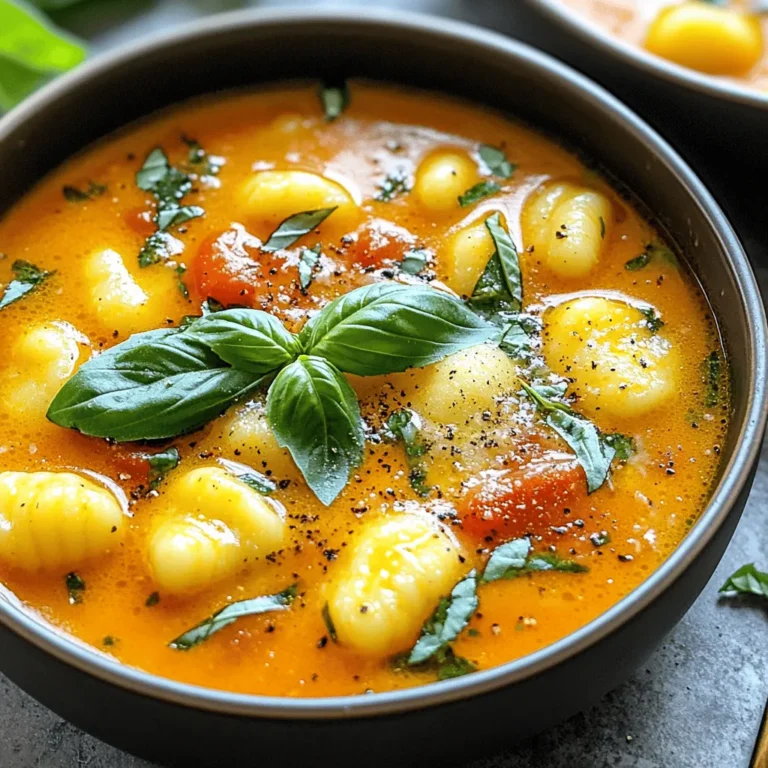 To make a tasty Tomato Basil Gnocchi Soup, gather these items: - 2 tablespoons olive oil - 1 medium onion, chopped - 3 cloves garlic, minced - 4 cups vegetable broth - 1 can (14 oz) crushed tomatoes - 1 teaspoon dried oregano - 1/2 teaspoon crushed red pepper flakes (optional) - 1 pound potato gnocchi - 1 cup fresh basil leaves, chopped (plus extra for garnish) - 1 cup heavy cream (or coconut cream for a dairy-free option) - Salt and pepper to taste - Grated Parmesan cheese for serving (optional) You can use fresh or canned tomatoes in this soup. Both will give you great flavor. For a lighter touch, you can replace heavy cream with coconut cream. This change still keeps the soup rich but makes it dairy-free. If you want a bit of heat, add crushed red pepper flakes. If you prefer a milder flavor, you can skip them. Fresh basil is best, but dried basil can work in a pinch. If you have dietary needs, don't worry! You can swap out ingredients easily. Here are some ideas: - Use gluten-free gnocchi if you need a gluten-free option. - For a vegan soup, use coconut cream and skip the Parmesan cheese. - If you dislike onions, you can leave them out or use leeks instead. These swaps keep the soup delicious while meeting your needs. Enjoy making this soup your own! To make this delicious soup, I start by heating olive oil in a large pot over medium heat. I add one chopped onion and sauté it for about five minutes. I want the onion to be soft and clear. Then, I stir in three minced garlic cloves and cook for one to two minutes. The aroma fills the kitchen! Next, I pour in four cups of vegetable broth and one can of crushed tomatoes. I add one teaspoon of dried oregano and half a teaspoon of crushed red pepper flakes if I want a little heat. I bring everything to a gentle simmer. Once it simmers, I add one pound of potato gnocchi to the pot. The gnocchi usually takes two to three minutes to cook. When they float to the top, they are ready! I then mix in one cup of chopped fresh basil and one cup of heavy cream. I let the soup heat for another two to three minutes. Finally, I season the soup with salt and pepper to taste. I turn off the heat and serve it right away. I love garnishing with extra basil and grated Parmesan cheese for a special touch! 1. Heat the olive oil until warm. 2. Add chopped onion and sauté until clear. 3. Mix in minced garlic and cook until fragrant. 4. Pour in broth and tomatoes; add spices and let simmer. 5. Add gnocchi; cook until they float. 6. Stir in basil and cream; heat through. 7. Season and serve with optional garnishes. - Preparation Time: 10 minutes - Cooking Time: 15 minutes - Total Time: 25 minutes - Heat Level: Medium for sautéing and simmering. This timing helps keep the soup fresh and flavorful! Having the right tools makes cooking easier. Here are some that I love: - A large pot: This helps you cook the soup evenly. - A wooden spoon: It’s great for stirring without scratching your pot. - A sharp knife: Use it to chop onions and garlic with ease. - A cutting board: It keeps your kitchen tidy while you prep. - Measuring cups and spoons: These ensure you use the right amounts. To make this soup truly great, follow these tips: - Use fresh basil: It adds vibrant flavor. Dried basil works, but fresh makes a big difference. - Sauté your garlic just until fragrant. If it burns, it can taste bitter. - Cook gnocchi until they float. This means they are perfectly done. - Taste as you go: Adjust salt and pepper to your liking. Each batch can be a little different. - For a thicker soup, let it simmer longer. This helps flavors blend and deepen. Avoiding a few common mistakes can improve your soup: - Don’t skip the sauté step. Cooking onions and garlic first builds deep flavor. - Avoid adding gnocchi too early. They will turn mushy if overcooked. - Don’t forget to season. A pinch of salt can brighten the entire dish. - Resist the urge to rush. Good soup takes time to develop rich flavors. - Skip the cream if you want a lighter soup. You can still enjoy it without it. {{image_2}} You can use many types of gnocchi in this soup. Fresh potato gnocchi is my favorite. It cooks fast and tastes great. You can also use shelf-stable gnocchi. If you want a gluten-free option, try gnocchi made from rice or corn. It will still soak up all the soup's flavors. To make the soup even better, add some fun ingredients. Sautéed mushrooms or spinach bring great taste and texture. You could also toss in some diced bell peppers for a sweet crunch. For protein, cooked chicken or sausage works well, too. Each add-in gives the soup a new twist! If you want a dairy-free or vegan soup, it's easy! Replace the heavy cream with coconut cream. It adds a lovely coconut flavor. You can also skip the Parmesan cheese or use a dairy-free version. This way, everyone can enjoy the soup without missing out on taste. To keep your soup fresh, let it cool first. Pour it into an airtight container. Store it in the fridge for up to three days. If you notice any leftover gnocchi, it's best to keep them separate. Gnocchi can become mushy when stored in the soup. If you want to save your soup for later, freezing is a great option. Again, let it cool before transferring it to a freezer-safe container. It can last up to three months in the freezer. Just remember to leave some space at the top of the container. This allows the soup to expand as it freezes. When you're ready to enjoy your soup again, reheat it gently. You can use the stove or microwave. If using the stove, warm it over low heat. Stir often to keep it from sticking. If the soup seems thick, add a splash of broth or water to loosen it up. This keeps the flavors fresh and delicious. Tomato Basil Gnocchi Soup lasts about 3 to 4 days in the fridge. Store it in an airtight container. The flavors get better as it sits. Just remember, the gnocchi may soak up some liquid. If it gets too thick, add a bit of broth when you reheat. Yes, you can make this soup ahead of time. It tastes great when made in advance. Just follow the recipe and let it cool. Store it in the fridge until you are ready to eat. When you reheat, add fresh basil for a burst of flavor. Absolutely! You can use homemade gnocchi in this soup. Homemade gnocchi adds a special touch. Just make sure they are cooked before adding them to the soup. They will cook quickly in the broth. Enjoy the flavors of your homemade creation! This article covered the main ingredients needed for making Tomato Basil Gnocchi Soup. We discussed preparation steps, cooking methods, and tips for avoiding common mistakes. You learned about variations to make the soup fit your taste and dietary needs. Plus, we reviewed how to store and reheat leftovers efficiently. Try these recipes and enjoy tasty meals at home. With practice, you'll master this dish and create your own variations. Happy cooking!