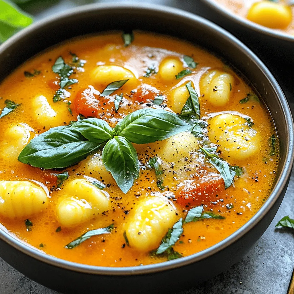 To make a tasty Tomato Basil Gnocchi Soup, gather these items: - 2 tablespoons olive oil - 1 medium onion, chopped - 3 cloves garlic, minced - 4 cups vegetable broth - 1 can (14 oz) crushed tomatoes - 1 teaspoon dried oregano - 1/2 teaspoon crushed red pepper flakes (optional) - 1 pound potato gnocchi - 1 cup fresh basil leaves, chopped (plus extra for garnish) - 1 cup heavy cream (or coconut cream for a dairy-free option) - Salt and pepper to taste - Grated Parmesan cheese for serving (optional) You can use fresh or canned tomatoes in this soup. Both will give you great flavor. For a lighter touch, you can replace heavy cream with coconut cream. This change still keeps the soup rich but makes it dairy-free. If you want a bit of heat, add crushed red pepper flakes. If you prefer a milder flavor, you can skip them. Fresh basil is best, but dried basil can work in a pinch. If you have dietary needs, don't worry! You can swap out ingredients easily. Here are some ideas: - Use gluten-free gnocchi if you need a gluten-free option. - For a vegan soup, use coconut cream and skip the Parmesan cheese. - If you dislike onions, you can leave them out or use leeks instead. These swaps keep the soup delicious while meeting your needs. Enjoy making this soup your own! To make this delicious soup, I start by heating olive oil in a large pot over medium heat. I add one chopped onion and sauté it for about five minutes. I want the onion to be soft and clear. Then, I stir in three minced garlic cloves and cook for one to two minutes. The aroma fills the kitchen! Next, I pour in four cups of vegetable broth and one can of crushed tomatoes. I add one teaspoon of dried oregano and half a teaspoon of crushed red pepper flakes if I want a little heat. I bring everything to a gentle simmer. Once it simmers, I add one pound of potato gnocchi to the pot. The gnocchi usually takes two to three minutes to cook. When they float to the top, they are ready! I then mix in one cup of chopped fresh basil and one cup of heavy cream. I let the soup heat for another two to three minutes. Finally, I season the soup with salt and pepper to taste. I turn off the heat and serve it right away. I love garnishing with extra basil and grated Parmesan cheese for a special touch! 1. Heat the olive oil until warm. 2. Add chopped onion and sauté until clear. 3. Mix in minced garlic and cook until fragrant. 4. Pour in broth and tomatoes; add spices and let simmer. 5. Add gnocchi; cook until they float. 6. Stir in basil and cream; heat through. 7. Season and serve with optional garnishes. - Preparation Time: 10 minutes - Cooking Time: 15 minutes - Total Time: 25 minutes - Heat Level: Medium for sautéing and simmering. This timing helps keep the soup fresh and flavorful! Having the right tools makes cooking easier. Here are some that I love: - A large pot: This helps you cook the soup evenly. - A wooden spoon: It’s great for stirring without scratching your pot. - A sharp knife: Use it to chop onions and garlic with ease. - A cutting board: It keeps your kitchen tidy while you prep. - Measuring cups and spoons: These ensure you use the right amounts. To make this soup truly great, follow these tips: - Use fresh basil: It adds vibrant flavor. Dried basil works, but fresh makes a big difference. - Sauté your garlic just until fragrant. If it burns, it can taste bitter. - Cook gnocchi until they float. This means they are perfectly done. - Taste as you go: Adjust salt and pepper to your liking. Each batch can be a little different. - For a thicker soup, let it simmer longer. This helps flavors blend and deepen. Avoiding a few common mistakes can improve your soup: - Don’t skip the sauté step. Cooking onions and garlic first builds deep flavor. - Avoid adding gnocchi too early. They will turn mushy if overcooked. - Don’t forget to season. A pinch of salt can brighten the entire dish. - Resist the urge to rush. Good soup takes time to develop rich flavors. - Skip the cream if you want a lighter soup. You can still enjoy it without it. {{image_2}} You can use many types of gnocchi in this soup. Fresh potato gnocchi is my favorite. It cooks fast and tastes great. You can also use shelf-stable gnocchi. If you want a gluten-free option, try gnocchi made from rice or corn. It will still soak up all the soup's flavors. To make the soup even better, add some fun ingredients. Sautéed mushrooms or spinach bring great taste and texture. You could also toss in some diced bell peppers for a sweet crunch. For protein, cooked chicken or sausage works well, too. Each add-in gives the soup a new twist! If you want a dairy-free or vegan soup, it's easy! Replace the heavy cream with coconut cream. It adds a lovely coconut flavor. You can also skip the Parmesan cheese or use a dairy-free version. This way, everyone can enjoy the soup without missing out on taste. To keep your soup fresh, let it cool first. Pour it into an airtight container. Store it in the fridge for up to three days. If you notice any leftover gnocchi, it's best to keep them separate. Gnocchi can become mushy when stored in the soup. If you want to save your soup for later, freezing is a great option. Again, let it cool before transferring it to a freezer-safe container. It can last up to three months in the freezer. Just remember to leave some space at the top of the container. This allows the soup to expand as it freezes. When you're ready to enjoy your soup again, reheat it gently. You can use the stove or microwave. If using the stove, warm it over low heat. Stir often to keep it from sticking. If the soup seems thick, add a splash of broth or water to loosen it up. This keeps the flavors fresh and delicious. Tomato Basil Gnocchi Soup lasts about 3 to 4 days in the fridge. Store it in an airtight container. The flavors get better as it sits. Just remember, the gnocchi may soak up some liquid. If it gets too thick, add a bit of broth when you reheat. Yes, you can make this soup ahead of time. It tastes great when made in advance. Just follow the recipe and let it cool. Store it in the fridge until you are ready to eat. When you reheat, add fresh basil for a burst of flavor. Absolutely! You can use homemade gnocchi in this soup. Homemade gnocchi adds a special touch. Just make sure they are cooked before adding them to the soup. They will cook quickly in the broth. Enjoy the flavors of your homemade creation! This article covered the main ingredients needed for making Tomato Basil Gnocchi Soup. We discussed preparation steps, cooking methods, and tips for avoiding common mistakes. You learned about variations to make the soup fit your taste and dietary needs. Plus, we reviewed how to store and reheat leftovers efficiently. Try these recipes and enjoy tasty meals at home. With practice, you'll master this dish and create your own variations. Happy cooking!