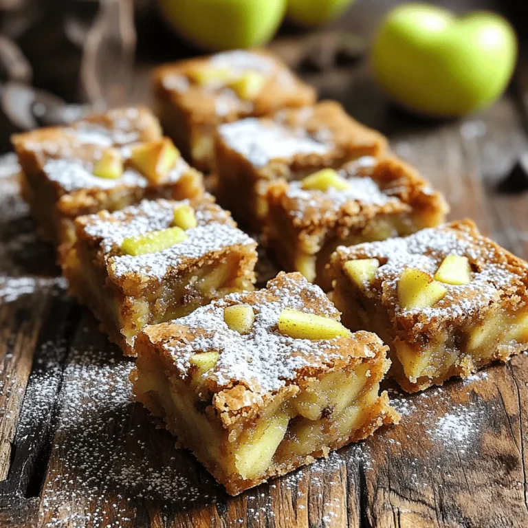 - 1 cup unsalted butter (brown butter) - 1 1/2 cups brown sugar, packed - 2 large eggs - 1 teaspoon vanilla extract - 1 1/2 cups all-purpose flour - 1/2 teaspoon baking powder - 1/2 teaspoon baking soda - 1/4 teaspoon salt - 1 teaspoon ground cinnamon - 1 cup diced apples (peeled and core removed) - 1/2 cup chopped pecans or walnuts (optional) - 1/2 cup chocolate chips (optional) To make these blondies, you need simple ingredients. Start with unsalted butter. Brown it to get a rich flavor. Brown sugar adds sweetness and moisture. Eggs bind everything together, making the texture nice and chewy. Next, add vanilla extract for warmth. All-purpose flour gives structure to the blondies. Baking powder and baking soda help them rise. A pinch of salt balances the sweetness, while ground cinnamon warms up the flavors. Don’t forget the star ingredient—diced apples. They add moisture and a fresh bite. You can also include nuts for crunch. Pecans or walnuts work well. If you love chocolate, toss in some chips for extra sweetness. Gather these ingredients, and you’re ready to bake. Each item plays a vital role in creating those delicious bakery-style blondies. - Melt 1 cup of unsalted butter over medium heat. - Cook until it turns golden brown, about 5-7 minutes. - Remove from heat and let it cool slightly. - In a large bowl, combine the brown sugar and the browned butter. - Beat in 2 large eggs, one at a time. - Stir in 1 teaspoon of vanilla extract until mixed well. - In another bowl, whisk together 1 1/2 cups of all-purpose flour, 1/2 teaspoon of baking powder, 1/2 teaspoon of baking soda, 1/4 teaspoon of salt, and 1 teaspoon of ground cinnamon. - Gradually add the dry mixture to the wet mixture. - Fold in 1 cup of diced apples and optional ingredients like 1/2 cup of chopped pecans or chocolate chips. - Preheat your oven to 350°F (175°C). - Prepare a 9x13 inch baking pan with parchment paper. - Pour the batter into the pan and spread it evenly. - Bake for 25-30 minutes. Check with a toothpick; it should come out clean. - Let the blondies cool in the pan for about 10 minutes. Then lift them out using the parchment paper and cool completely on a wire rack before cutting into squares. To achieve the best flavor in your blondies, start with high-quality unsalted butter. This butter adds a rich, nutty taste that makes each bite special. Cook the butter over medium heat, stirring often. You will know it's ready when it turns a lovely golden brown color and smells amazing. Look for tiny brown bits at the bottom of the pan. This shows it's perfectly browned and ready to use. Do not overmix your batter. Overmixing makes blondies tough. Mix just until you see no more dry flour. This keeps your blondies soft and chewy. When you add the apples and nuts, fold them in gently. This ensures an even mix without breaking the apples. Use a spatula to help distribute them throughout the batter. For a tasty finish, dust the blondies with powdered sugar. You can also serve them warm with a scoop of vanilla ice cream. This adds a nice contrast to the sweet, warm blondies. Another great idea is to drizzle caramel sauce over the top. Enjoy them fresh out of the oven for the best experience! {{image_2}} You can make these blondies even more fun. Try adding different nuts like almonds or hazelnuts. These nuts bring a nice crunch and flavor. You can also spice things up with ginger or nutmeg. A little bit of these spices can change the taste completely. Experiment and see what you love best! If you want a lighter version, try using applesauce instead of butter. This swaps fat for moisture and sweetness. It's a great way to cut calories while keeping flavor. You can also use whole wheat flour. It adds fiber and makes the blondies a bit heartier. Your taste buds will still be happy! Want to make these blondies vegan? Use flaxseed meal instead of eggs. Mix one tablespoon of flaxseed meal with two and a half tablespoons of water. Let it sit for a few minutes to thicken. This works well in baking! For the butter, you can use vegan butter and non-dairy milk. These swaps keep the blondies tasty without animal products. Enjoy your sweet treat! To keep your blondies fresh, let them cool completely. This helps stop sogginess. Once cooled, cut them into squares. Place them in an airtight container. This will keep them moist and tasty. If you want to keep them longer, layer parchment paper between the blondies. This helps prevent sticking. Store the container at room temperature. They stay fresh for up to five days. If you want to save blondies for later, freezing is great. Wrap each blondie in plastic wrap. Then, place them in a freezer-safe bag. Remove as much air as possible. This keeps them from freezer burn. When you want to eat one, take it out of the freezer. Let it sit at room temperature for about an hour. You can also warm it in the microwave for 10-15 seconds. Enjoy your blondie warm for the best taste! How long do baked blondies last? Baked blondies can last about 5 days at room temperature. Keep them in an airtight container. You may also refrigerate them for up to a week. Can I substitute the apples with other fruits? Yes, you can use other fruits. Pears or peaches work well. Just make sure to cut them into small pieces. What temperature should the blondies be stored at? Store baked blondies at room temperature. Keep them out of direct sunlight. If you refrigerate them, they can dry out quickly. Can I make this recipe ahead of time? Absolutely! You can make the batter a day ahead. Just cover the bowl and chill it in the fridge. Bake them when you are ready! You learned how to make tasty brown butter apple blondies. We covered each step clearly, from brown butter to baking. Don't forget to explore variations and storage tips to suit your needs. Enjoy these sweet treats warm or chilled. I hope you feel confident as you bake. Each bite of these blondies will be worth the effort you put in. Happy baking!