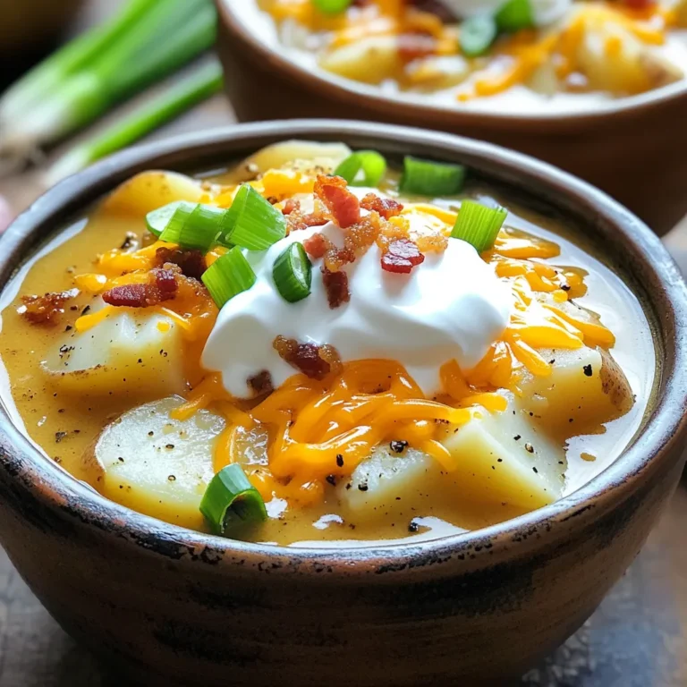 - 4 large russet potatoes, peeled and diced - 1 medium onion, chopped - 3 cloves garlic, minced - 4 cups vegetable broth - 1 cup cream cheese, softened - 1 cup shredded cheddar cheese, plus extra for topping - 1 cup milk - 1/2 cup sour cream - 1 teaspoon dried thyme - 1 teaspoon smoked paprika - Salt and pepper to taste - 4 green onions, chopped (for garnish) - 1/2 cup cooked bacon bits (optional for topping) This soup starts with russet potatoes. They add a rich texture. The onions and garlic bring flavor and depth. The vegetable broth ties everything together. Cream cheese adds creaminess. Shredded cheddar provides a bold taste. Milk helps to achieve a smooth consistency. Sour cream gives a tangy note. Thyme and smoked paprika boost the aroma. When you gather these key ingredients, you prepare for a cozy cooking experience. Each one plays a role in making this soup delicious. Feel free to adjust the quantities to suit your taste. Adding bacon bits can add extra flavor, but it's optional. Enjoy the process of creating this warm, comforting dish! 1. Start by peeling and dicing four large russet potatoes. Aim for even cubes to ensure they cook well. 2. Next, chop one medium onion into small pieces. The onion adds great flavor. 3. Mince three cloves of garlic. Fresh garlic gives the soup a nice kick. 4. In the slow cooker, add the diced potatoes, chopped onion, minced garlic, and four cups of vegetable broth. Mix everything well to combine all the flavors. 1. Cover the slow cooker. Set it to cook on low for six to eight hours. You can also select high for three to four hours. 2. After the time is up, check the potatoes for tenderness. They should be soft enough to mash easily. 1. Use a potato masher or an immersion blender to mash or blend the soup. You can keep some potato chunks for texture. 2. Stir in one cup of softened cream cheese, one cup of shredded cheddar cheese, and one cup of milk. Let this warm for about 15 to 20 minutes, so the cheese melts. 3. Add half a cup of sour cream, one teaspoon of dried thyme, and one teaspoon of smoked paprika. Mix everything well and season with salt and pepper to taste. To get the right creaminess in your soup, start with the blending. If you want it thick, mash it well. For a smoother texture, use an immersion blender. Blend it until you reach your desired level. Remember, leaving some potato chunks adds nice texture. - If you want creamier soup, add more cream cheese or milk. - For a thicker soup, mash more potatoes or use less broth. To make your soup pop with flavor, consider adding fresh herbs. Chopped chives or parsley can brighten your dish. Smoked paprika gives it a nice smoky kick. Don’t forget salt and pepper; they can really boost the taste. - Use high-quality broth for a richer base. - Fresh garlic packs more flavor than dried. For a stunning presentation, ladle the soup into deep bowls. Top it with extra cheese, a dollop of sour cream, and chopped green onions. If you like bacon, sprinkle some bits on top for crunch. This adds color and makes the dish look gourmet. - Use a swirl of sour cream for an elegant touch. - Bright green onions bring freshness and color. {{image_2}} To make your soup vegetarian, swap the vegetable broth for vegetable stock. You can also skip the bacon bits on top. For a vegan option, use cashew cream instead of cream cheese and replace milk with plant-based milk. Ensure all your broths and toppings are vegan-friendly. For gluten-free options, check your broth and cream cheese labels. Most are naturally gluten-free, but always confirm before cooking. You can add other vegetables to the soup for more taste. Try carrots, celery, or bell peppers. These ingredients add color and nutrition. For spices, consider adding cumin or chili powder for a kick! Cheese lovers can explore different cheese options. Try gouda or pepper jack for unique flavors. Mixing cheeses can create depth and richness in your soup. Unique toppings can make your soup stand out. Consider crispy fried onions or fresh herbs like parsley for brightness. You can even add a drizzle of hot sauce for spice. Seasonal variations can also elevate your soup. In fall, add roasted pumpkin seeds. In summer, top with fresh corn or avocado. Each season offers fresh garnishes that enhance flavor and appeal. After you enjoy your soup, let it cool down. This step is key. You want to store your soup safely. Use a large bowl or pot to cool it. Once it's cool, transfer it into airtight containers. Glass or BPA-free plastic containers work best. Make sure to fill them but leave a little space at the top. This allows the soup to expand when frozen. Label each container with the date. Leftover soup can last in the fridge for up to three days. To reheat your soup, you can use the stove or microwave. If using the stove, pour the soup into a pot. Heat it over medium heat. Stir often to warm it evenly. For the microwave, place the soup in a microwave-safe bowl. Heat it in short bursts, about one to two minutes. Stir in between to prevent hot spots. To keep the creaminess, add a splash of milk or cream while reheating. This helps it stay smooth and rich. For longer storage, you can freeze your soup. First, let it cool completely. Then, pour it into freezer-safe containers. Leave some space at the top for expansion. You can also use freezer bags. Just press out the air before sealing. Label the bags with the date. Frozen soup can last for up to three months. When you’re ready to eat it, take it out of the freezer. Thaw it in the fridge overnight for best results. Then, reheat it using the same methods as above. Enjoy your warm, comforting soup again! The cooking time for this soup is flexible. If you cook on low, it takes about 6 to 8 hours. If you are short on time, you can cook it on high for 3 to 4 hours. The key is to ensure the potatoes are tender. You can check this easily with a fork. If they are soft, your soup is ready. Yes, you can make this soup ahead of time. Prepare it the day before and let it cool. After it cools, store it in the fridge. When you're ready to serve, just reheat it on the stove or in the microwave. This method saves time and allows flavors to blend. If you need a substitute for cream cheese, there are several options. You can use Greek yogurt for a tangy flavor. Another great choice is sour cream, which adds creaminess. For a dairy-free option, try coconut cream. Each substitute will give your soup a unique twist while keeping it rich and tasty. This blog post offers a clear guide to making Slow Cooker Loaded Baked Potato Soup. We covered key ingredients, cooking steps, helpful tips, and tasty variations. You can easily adjust recipes to fit dietary needs or personal taste. Remember to store leftovers properly and check reheating methods for best results. Enjoy creating this comforting dish that warms the soul and brings joy. Dive in and savor each bite!