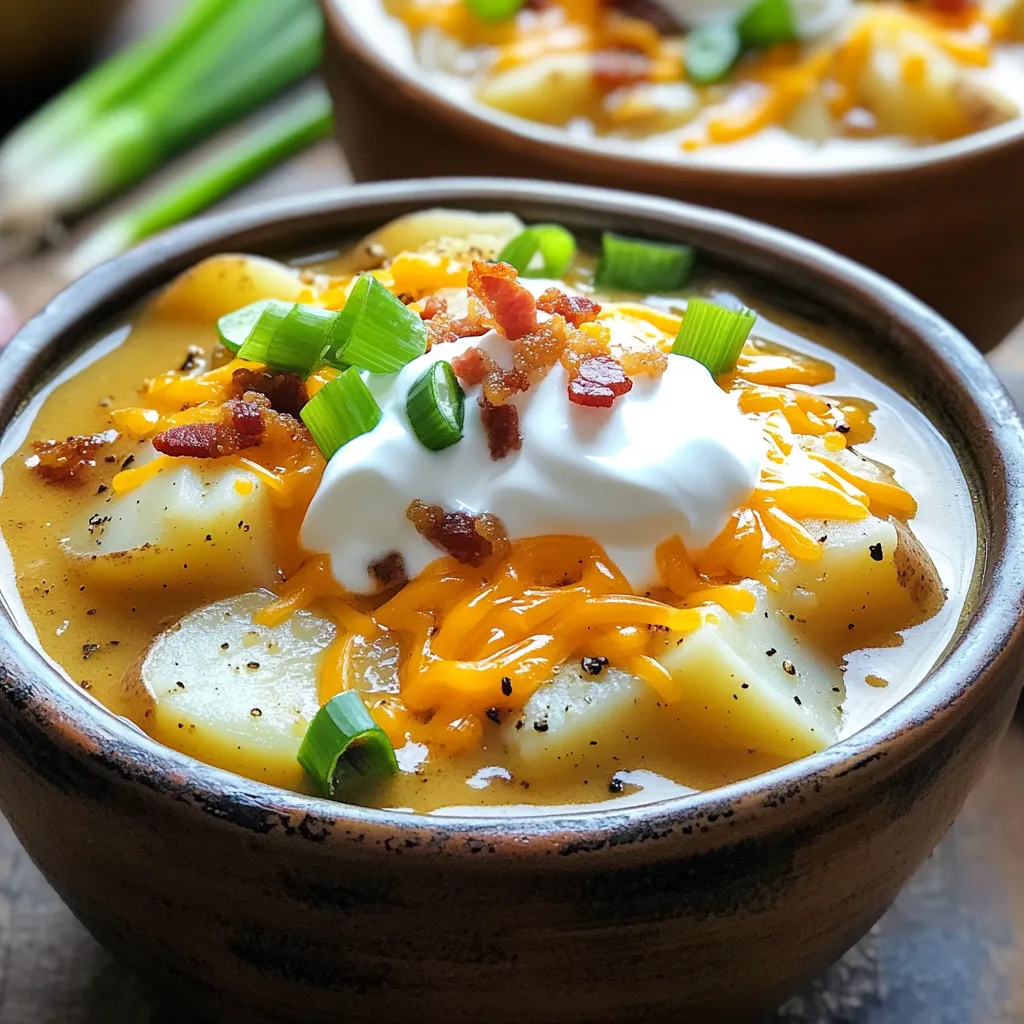 - 4 large russet potatoes, peeled and diced - 1 medium onion, chopped - 3 cloves garlic, minced - 4 cups vegetable broth - 1 cup cream cheese, softened - 1 cup shredded cheddar cheese, plus extra for topping - 1 cup milk - 1/2 cup sour cream - 1 teaspoon dried thyme - 1 teaspoon smoked paprika - Salt and pepper to taste - 4 green onions, chopped (for garnish) - 1/2 cup cooked bacon bits (optional for topping) This soup starts with russet potatoes. They add a rich texture. The onions and garlic bring flavor and depth. The vegetable broth ties everything together. Cream cheese adds creaminess. Shredded cheddar provides a bold taste. Milk helps to achieve a smooth consistency. Sour cream gives a tangy note. Thyme and smoked paprika boost the aroma. When you gather these key ingredients, you prepare for a cozy cooking experience. Each one plays a role in making this soup delicious. Feel free to adjust the quantities to suit your taste. Adding bacon bits can add extra flavor, but it's optional. Enjoy the process of creating this warm, comforting dish! 1. Start by peeling and dicing four large russet potatoes. Aim for even cubes to ensure they cook well. 2. Next, chop one medium onion into small pieces. The onion adds great flavor. 3. Mince three cloves of garlic. Fresh garlic gives the soup a nice kick. 4. In the slow cooker, add the diced potatoes, chopped onion, minced garlic, and four cups of vegetable broth. Mix everything well to combine all the flavors. 1. Cover the slow cooker. Set it to cook on low for six to eight hours. You can also select high for three to four hours. 2. After the time is up, check the potatoes for tenderness. They should be soft enough to mash easily. 1. Use a potato masher or an immersion blender to mash or blend the soup. You can keep some potato chunks for texture. 2. Stir in one cup of softened cream cheese, one cup of shredded cheddar cheese, and one cup of milk. Let this warm for about 15 to 20 minutes, so the cheese melts. 3. Add half a cup of sour cream, one teaspoon of dried thyme, and one teaspoon of smoked paprika. Mix everything well and season with salt and pepper to taste. To get the right creaminess in your soup, start with the blending. If you want it thick, mash it well. For a smoother texture, use an immersion blender. Blend it until you reach your desired level. Remember, leaving some potato chunks adds nice texture. - If you want creamier soup, add more cream cheese or milk. - For a thicker soup, mash more potatoes or use less broth. To make your soup pop with flavor, consider adding fresh herbs. Chopped chives or parsley can brighten your dish. Smoked paprika gives it a nice smoky kick. Don’t forget salt and pepper; they can really boost the taste. - Use high-quality broth for a richer base. - Fresh garlic packs more flavor than dried. For a stunning presentation, ladle the soup into deep bowls. Top it with extra cheese, a dollop of sour cream, and chopped green onions. If you like bacon, sprinkle some bits on top for crunch. This adds color and makes the dish look gourmet. - Use a swirl of sour cream for an elegant touch. - Bright green onions bring freshness and color. {{image_2}} To make your soup vegetarian, swap the vegetable broth for vegetable stock. You can also skip the bacon bits on top. For a vegan option, use cashew cream instead of cream cheese and replace milk with plant-based milk. Ensure all your broths and toppings are vegan-friendly. For gluten-free options, check your broth and cream cheese labels. Most are naturally gluten-free, but always confirm before cooking. You can add other vegetables to the soup for more taste. Try carrots, celery, or bell peppers. These ingredients add color and nutrition. For spices, consider adding cumin or chili powder for a kick! Cheese lovers can explore different cheese options. Try gouda or pepper jack for unique flavors. Mixing cheeses can create depth and richness in your soup. Unique toppings can make your soup stand out. Consider crispy fried onions or fresh herbs like parsley for brightness. You can even add a drizzle of hot sauce for spice. Seasonal variations can also elevate your soup. In fall, add roasted pumpkin seeds. In summer, top with fresh corn or avocado. Each season offers fresh garnishes that enhance flavor and appeal. After you enjoy your soup, let it cool down. This step is key. You want to store your soup safely. Use a large bowl or pot to cool it. Once it's cool, transfer it into airtight containers. Glass or BPA-free plastic containers work best. Make sure to fill them but leave a little space at the top. This allows the soup to expand when frozen. Label each container with the date. Leftover soup can last in the fridge for up to three days. To reheat your soup, you can use the stove or microwave. If using the stove, pour the soup into a pot. Heat it over medium heat. Stir often to warm it evenly. For the microwave, place the soup in a microwave-safe bowl. Heat it in short bursts, about one to two minutes. Stir in between to prevent hot spots. To keep the creaminess, add a splash of milk or cream while reheating. This helps it stay smooth and rich. For longer storage, you can freeze your soup. First, let it cool completely. Then, pour it into freezer-safe containers. Leave some space at the top for expansion. You can also use freezer bags. Just press out the air before sealing. Label the bags with the date. Frozen soup can last for up to three months. When you’re ready to eat it, take it out of the freezer. Thaw it in the fridge overnight for best results. Then, reheat it using the same methods as above. Enjoy your warm, comforting soup again! The cooking time for this soup is flexible. If you cook on low, it takes about 6 to 8 hours. If you are short on time, you can cook it on high for 3 to 4 hours. The key is to ensure the potatoes are tender. You can check this easily with a fork. If they are soft, your soup is ready. Yes, you can make this soup ahead of time. Prepare it the day before and let it cool. After it cools, store it in the fridge. When you're ready to serve, just reheat it on the stove or in the microwave. This method saves time and allows flavors to blend. If you need a substitute for cream cheese, there are several options. You can use Greek yogurt for a tangy flavor. Another great choice is sour cream, which adds creaminess. For a dairy-free option, try coconut cream. Each substitute will give your soup a unique twist while keeping it rich and tasty. This blog post offers a clear guide to making Slow Cooker Loaded Baked Potato Soup. We covered key ingredients, cooking steps, helpful tips, and tasty variations. You can easily adjust recipes to fit dietary needs or personal taste. Remember to store leftovers properly and check reheating methods for best results. Enjoy creating this comforting dish that warms the soul and brings joy. Dive in and savor each bite!