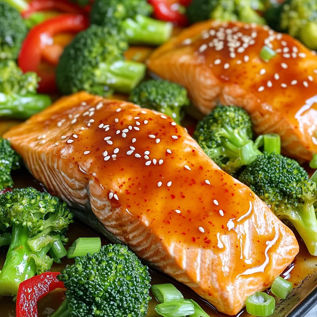 For this easy sheet pan sweet chili salmon with broccoli, gather these items: - 4 salmon fillets - 2 cups broccoli florets - 1 red bell pepper, sliced - 3 tablespoons sweet chili sauce - 2 tablespoons sesame oil - 1 teaspoon garlic powder - 1 teaspoon ginger, grated - Salt and pepper to taste - 1 tablespoon sesame seeds (for garnish) - 2 green onions, sliced (for garnish) If you need to swap any ingredients, here are some options: - Salmon fillets: You can use trout or any firm white fish. - Broccoli florets: Try using green beans or asparagus instead. - Sweet chili sauce: Make your own using honey and hot sauce. - Sesame oil: Substitute with olive oil or avocado oil. - Garlic powder: Fresh minced garlic works great! - Ginger: Dried ginger or ground ginger can be used, but use less. This dish is packed with nutrients. Here are some points to note: - Gluten-free: All ingredients are gluten-free, making this safe for sensitive diets. - Low-carb: This recipe is low in carbs, suitable for keto diets. - Dairy-free: No dairy is used, perfect for lactose-intolerant eaters. - Paleo-friendly: All ingredients fit well within a paleo diet plan. Feel free to mix and match based on your needs! First, gather all your ingredients. You need: - 4 salmon fillets - 2 cups broccoli florets - 1 red bell pepper, sliced - 3 tablespoons sweet chili sauce - 2 tablespoons sesame oil - 1 teaspoon garlic powder - 1 teaspoon ginger, grated - Salt and pepper to taste - 1 tablespoon sesame seeds (for garnish) - 2 green onions, sliced (for garnish) Next, preheat your oven to 400°F (200°C). This step is key for even cooking. Line a large sheet pan with parchment paper. This makes cleanup easy and helps your food not to stick. In a mixing bowl, whisk together the sweet chili sauce, sesame oil, garlic powder, ginger, salt, and pepper. Make sure everything blends well. This mixture will coat the salmon and veggies. Now, place the salmon fillets on one side of the sheet pan. Brush the sweet chili sauce mixture generously over each fillet. The more sauce, the better the flavor! On the other side of the pan, arrange the broccoli florets and sliced red bell pepper. Drizzle these with a bit of sesame oil and sprinkle with salt and pepper. This adds taste and helps them roast nicely. Carefully place the sheet pan in the oven. Bake for 15 to 20 minutes. You want the salmon to flake easily with a fork, and the veggies should be tender. For a crispy finish, switch to broil for the last 2-3 minutes. Watch closely to prevent burning. Once everything is cooked, take the sheet pan out of the oven. It should smell amazing! Sprinkle sesame seeds and sliced green onions over the salmon and veggies. This adds a nice crunch and a pop of color. Now, you're ready to serve! Enjoy your meal with family or friends. To get perfectly flaky salmon, pick fillets with even thickness. This helps them cook evenly. Always preheat your oven to 400°F (200°C). This temperature gives you that nice flaky texture. Brush the salmon with the sweet chili sauce mixture generously. This adds flavor and moisture. Bake for 15-20 minutes. When the salmon flakes easily with a fork, it’s ready. For an extra touch, switch to broil for 2-3 minutes. This gives the salmon a beautiful char. You can pair your sweet chili salmon with rice or quinoa. Both options add good carbs to your meal. Try serving it with a fresh salad. A mix of greens, cucumbers, and a light dressing works well. If you want more veggies, add roasted carrots or asparagus. This keeps the meal colorful and nutritious. Don’t forget to have a refreshing drink, like sparkling water with lemon. It balances the meal nicely. You can prepare the salmon and vegetables ahead of time. Marinate the salmon in the sweet chili sauce overnight. This helps the flavors soak in. Cut the broccoli and bell pepper a day before too. Store them in the fridge until you’re ready to cook. When you’re ready to eat, just follow the baking steps. This makes dinner quick and easy. You can also pack leftovers for lunch. It tastes great cold or reheated! {{image_2}} You can switch up the sauce for fun flavors. Try teriyaki sauce for a sweet and salty taste. A honey mustard mix adds a tangy twist. For a kick, use sriracha or buffalo sauce. Each sauce brings a new vibe to your salmon and veggies. Feel free to add more veggies! Carrots, snap peas, or zucchini work great. Just cut them to a similar size as broccoli. This way, they cook evenly. Mix and match your favorites to brighten your dish. More colors mean more fun on your plate. If you love heat, add chili flakes to your sauce. You could also marinate the salmon in spicy soy sauce for extra kick. Let it sit for 30 minutes before cooking. This will deepen the flavor. Adjust the spice level to fit your taste buds. After your meal, let the salmon and broccoli cool to room temperature. Place them in an airtight container. This keeps them fresh longer. You can also use plastic wrap if you don’t have a container. Make sure to store leftovers within two hours of cooking for safety. To reheat, preheat your oven to 350°F (175°C). Place the salmon and broccoli on a baking sheet. Cover with foil to keep moisture in. Heat for about 10-15 minutes, or until warm. You can also use a microwave for quick reheating. Just heat in 30-second bursts until hot. Your leftovers will last 3-4 days in the fridge. If you want to keep them longer, freeze them. Wrap the salmon and broccoli tightly in plastic wrap, then place in a freezer bag. They can stay frozen for up to three months. When ready to eat, thaw in the fridge overnight and reheat as mentioned. Bake the salmon for 15 to 20 minutes at 400°F (200°C). The fish is done when it flakes easily with a fork. This cooking time works well for salmon fillets, ensuring they stay moist and tender. If you like a little crisp on top, switch to broil for the last few minutes. This adds a nice char and enhances the flavor. Yes, you can use frozen salmon and broccoli. Just be sure to thaw them first for even cooking. If you bake them straight from frozen, the cooking time may increase. I recommend thawing overnight in the fridge. This way, your salmon will cook evenly and the broccoli will crisp up nicely. You can serve this dish with rice or quinoa for a filling meal. A light salad or steamed rice pairs well too. You can also add some fresh herbs or a squeeze of lime for extra flavor. These sides complement the sweet and spicy taste of the salmon perfectly. This blog post covers simple ingredients and easy steps to bake salmon and broccoli. We explored substitutions and dietary needs, ensuring accessibility for all. I shared tips to achieve flaky salmon and ideas for make-ahead meals. Variations and storage advice help you enjoy leftovers conveniently. Remember, cooking should be fun and adaptable. Feel free to get creative with flavors and sides to suit your taste. Enjoy your cooking journey and share your results!