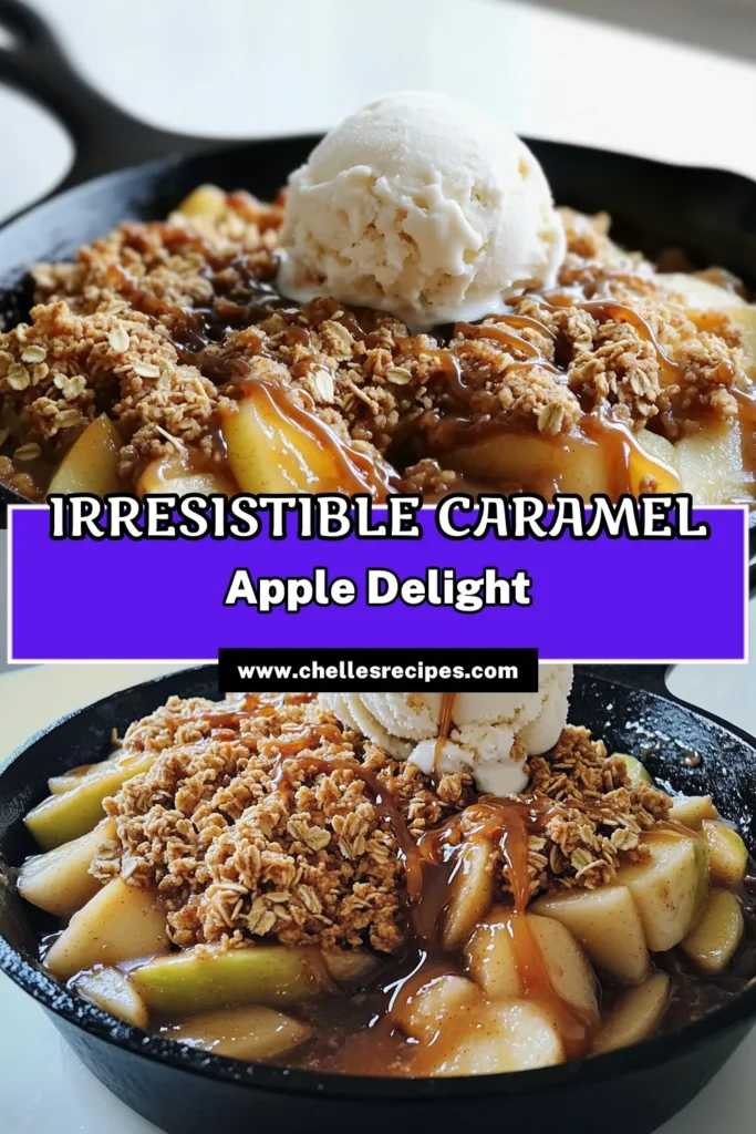 Indulge in the sweet comfort of Caramel Apple Crisp Skillet! This easy recipe combines tart Granny Smith apples with a crunchy topping, all baked to perfection in a cast-iron skillet. Topped with warm caramel and vanilla ice cream, it's a dessert that’s perfect for sharing. Click through to discover this delightful recipe and impress your family and friends today! #CaramelAppleCrisp #SkilletDesserts #FallRecipes #DessertIdeas