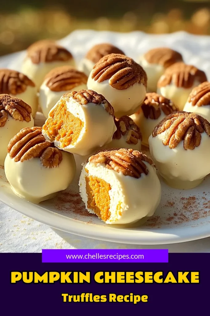Indulge in the fall favorite of No-Bake Pumpkin Cheesecake Truffles! These creamy, spiced treats are easy to make and perfect for any occasion. With just a few simple ingredients like pumpkin puree, cream cheese, and graham crackers, you'll create delightful bites coated in white chocolate and pecans. Click through for the full recipe and impress your friends and family this season! #PumpkinRecipes #NoBakeDessert #FallTreats #CheesecakeTruffles