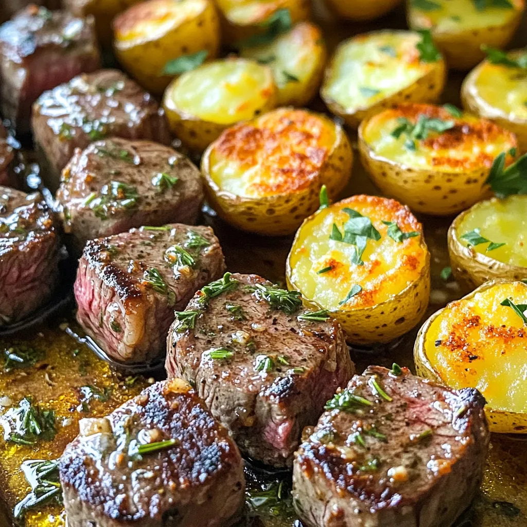 - Sirloin steak (1 lb, cut into 1-inch cubes) - Baby potatoes (1 lb, halved) - Unsalted butter (4 tablespoons) - Olive oil (2 tablespoons) - Garlic (4 cloves, minced) - Fresh thyme (1 teaspoon, chopped) - Fresh rosemary (1 teaspoon, chopped) - Paprika (1 teaspoon) - Salt and pepper to taste - Fresh parsley (chopped, for serving) This dish starts with high-quality sirloin steak. I prefer it cut into 1-inch cubes. This size cooks quickly and stays juicy. Baby potatoes are perfect here. Halving them creates a nice balance with the steak. For the buttery sauce, I use unsalted butter for better control over salt. Olive oil adds richness and helps with roasting. Garlic is key for flavor—don’t skip it! Fresh herbs like thyme and rosemary give a wonderful aroma. You can adjust the seasonings to your taste. Paprika adds warmth without heat. Finally, I love to garnish with fresh parsley. It brightens up the dish and adds a pop of color. Gather all these ingredients, and you’re ready to create a tasty meal! 1. First, preheat your oven to 400°F (200°C). This step is crucial for crispy potatoes. 2. In a large bowl, toss the halved baby potatoes with olive oil, paprika, salt, and pepper. Make sure each piece gets covered well. 3. Spread the seasoned potatoes on a baking sheet in a single layer. This helps them roast evenly. 1. Roast the potatoes in the oven for about 25 to 30 minutes. 2. Flip the potatoes halfway through cooking. This ensures they get golden brown and crispy all around. Keep an eye on them, so they don’t burn. 1. While the potatoes roast, season the steak cubes with salt and pepper. This adds flavor to the meat. 2. In a large skillet, melt 2 tablespoons of butter over medium-high heat. The butter adds richness to the steak. 3. Add the steak cubes in a single layer. Sear them for about 2 to 3 minutes on each side for medium-rare. Cook longer if you prefer it more done. 4. Once cooked, reduce the heat to low. Add the minced garlic, thyme, and rosemary to the skillet. Stir everything together. 5. Mix in the remaining butter until it melts, forming a tasty sauce. 6. Remove the skillet from heat and let the steak bites rest for a few minutes. This helps them soak up all the flavors. Serve the steak bites with the crispy roasted potatoes. Drizzle the garlic butter sauce over everything for extra flavor! To get your steak just right, timing matters. Here are some cooking times for different levels of doneness: - Rare: 1-2 minutes per side (120°F) - Medium-Rare: 2-3 minutes per side (130°F) - Medium: 3-4 minutes per side (140°F) - Medium-Well: 4-5 minutes per side (150°F) - Well Done: 5-6 minutes per side (160°F) Using a meat thermometer is the best way to check doneness. Insert it into the thickest part of the steak. This tool helps you avoid overcooking. You can boost the flavor of your steak bites by adding more seasonings or marinades. Try these ideas: - Marinade: Mix soy sauce, Worcestershire sauce, and a splash of lemon juice for a tasty marinade. - Seasonings: Add smoked paprika, cumin, or chili powder for a kick. If you want a healthier option, swap out butter for olive oil. It gives a light flavor while still being rich. Serve your garlic butter steak bites with tasty sides and sauces. Here are some ideas: - Sides: Roasted vegetables, steamed broccoli, or a fresh salad pair well. - Sauces: A chimichurri sauce or a simple balsamic glaze can add extra zing. For presentation, try stacking the steak bites and potatoes on a plate. Drizzle the garlic butter sauce over the top. Finish with fresh parsley for a pop of color. {{image_2}} You can switch the beef for different meats. Chicken or pork works well. Simply cut the chicken or pork into small bites. Cook them the same way you do the steak. They will soak up the garlic butter flavor too. If you want a vegetarian option, mushrooms are a great choice. Use hearty ones like Portobello or cremini. Cut them into bite-sized pieces. Sauté them in the garlic butter for a rich taste. Using seasonal ingredients can make your dish even better. In spring, add asparagus or peas. In summer, try zucchini or bell peppers. Fall is perfect for adding squash. In winter, root vegetables like carrots or parsnips shine. You can also change the herbs based on the season. Fresh basil in summer or sage in fall will add unique flavors. Adjust the spices to match the fresh ingredients you choose. You can cook steak bites in different ways. An Instant Pot can save time. Use the sauté function for the steak, then pressure-cook for quick results. A slow cooker is another option. Cook the steak and garlic butter mixture for a few hours. This method makes the beef very tender. If you enjoy grilling, try making these steak bites outdoors. Skewer the steak and cook them on the grill. The smoky flavor will add an exciting twist to the dish. To keep your garlic butter steak bites and roasted potatoes fresh, start by letting them cool. Place them in an airtight container. This helps keep moisture in and odors out. You can store them in the fridge for up to three days. If you want to store them longer, freezing is a great option. Use heavy-duty freezer bags or containers for best results. To reheat, you can use a skillet or microwave. For the skillet, heat it over medium-low heat. Add a splash of water or broth to keep the steak juicy. Stir often until everything is warm. If you use the microwave, cover the dish with a damp paper towel. This will help prevent dryness. Heat in short bursts, checking often. When freezing, make sure to divide portions. This helps with quick meals later. You can freeze steak bites and potatoes together or separately. For best flavor, use them within three months. To thaw, move the dish to the fridge overnight. This keeps the texture nice. When ready to eat, follow the reheating instructions to enjoy your meal again. It takes about 40 minutes to make garlic butter steak bites. You need 10 minutes to prep your ingredients. The cooking time is around 30 minutes. This includes roasting the potatoes and cooking the steak. It is a quick meal for busy weeknights. Yes, you can use other cuts of steak. Flank steak, ribeye, or tenderloin work well. These cuts have great flavor and tenderness. Just remember to adjust the cooking time. Thinner cuts may cook faster, so watch them closely. You can serve garlic butter steak bites with many sides. A fresh salad pairs nicely. Roasted vegetables add color and crunch. You might also try garlic bread for a tasty touch. Don’t forget a nice dipping sauce for extra flavor! This post covered everything for making flavorful garlic butter steak bites. We explored the main ingredients, seasoning options, and step-by-step cooking methods. I shared tips for perfect steak doneness and ideas for variations using different proteins. You learned how to store leftovers properly and reheat them for the best flavor. Enjoy experimenting with this dish, and don’t forget to have fun in the kitchen! Simple meals can create lasting memories. Now it’s your turn to try it!