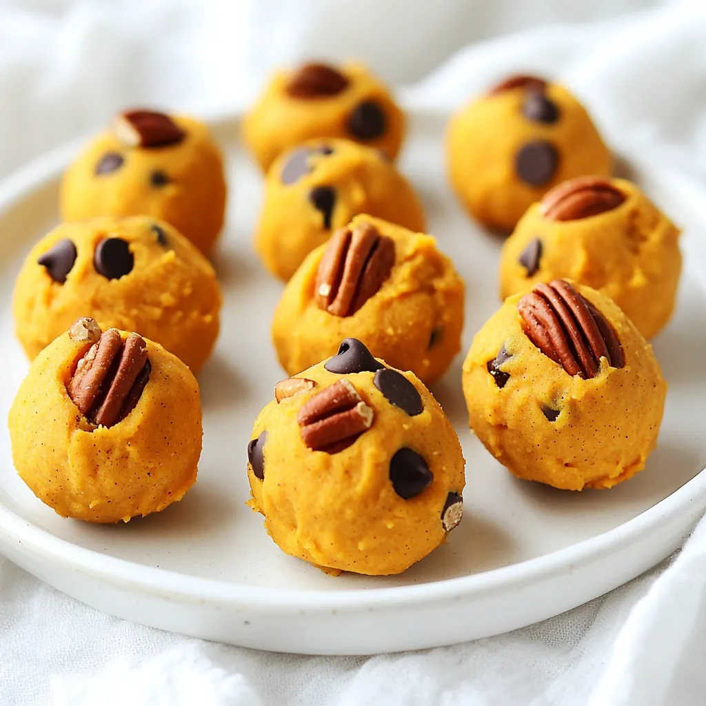 - 1 cup almond flour - ½ cup canned pumpkin puree - ¼ cup maple syrup - 1 teaspoon vanilla extract - 1 teaspoon pumpkin pie spice - ¼ teaspoon salt These main ingredients create a tasty base for your no-bake pumpkin cookie dough bites. Almond flour gives a nice texture and nutty flavor. Canned pumpkin puree adds moisture and that lovely pumpkin taste. Maple syrup sweetens the mix, while vanilla extract enhances the flavor. Pumpkin pie spice brings warmth, and salt balances everything nicely. - ½ cup mini chocolate chips - ¼ cup chopped pecans You can make these bites even better with some optional add-ins. Mini chocolate chips add a sweet burst in each bite. Chopped pecans give a nice crunch and nutty flavor. Feel free to mix and match these add-ins to make them your own. - Mixing bowl - Spatula - Parchment-lined baking sheet - Refrigerator To make these bites, you need just a few tools. A mixing bowl is a must for blending the ingredients. A spatula helps you mix everything well. A parchment-lined baking sheet is great for placing the bites before chilling. Finally, your refrigerator cools the bites for a perfect texture. To start, gather your ingredients. In a mixing bowl, combine the almond flour, canned pumpkin puree, maple syrup, vanilla extract, pumpkin pie spice, and salt. Mix well with a spatula. You want the mixture to come together. It should feel thick and doughy, like cookie dough. Next, fold in the mini chocolate chips. If you like, add chopped pecans for some crunch. Stir until the chips and nuts are mixed throughout the dough. This adds great flavor and texture. Now, it's time to shape the dough. Use your hands to form small balls, about one tablespoon each. Place each ball on a parchment-lined baking sheet. Once you shape all the bites, put the baking sheet in the refrigerator. Chill them for at least one hour. This helps them firm up. After chilling, you can enjoy them right away or store them in an airtight container. They will stay fresh for about one week. To make sure your cookie dough bites turn out just right, it's key to adjust the almond flour and pumpkin puree. If your mix feels too wet, add a bit more almond flour. This keeps the bites from being too sticky. On the other hand, if the mix is too dry, a little extra pumpkin puree can help. The goal is a dough-like texture that holds together well. You can easily boost the flavor of your bites by trying different spices. While pumpkin pie spice is great, adding a dash of cinnamon or nutmeg can take them up a notch. You might also want to mix in a bit of ginger for a warm kick. Feel free to play with these spices until you find your perfect blend. The more you experiment, the more fun you’ll have! These no-bake bites are tasty on their own, but you can make them even better with dips and toppings. A drizzle of melted dark chocolate or a sprinkle of sea salt can add a nice touch. You could also serve them with a side of yogurt for dipping. This makes a great snack or dessert to share with friends. Enjoy getting creative with your pairings! {{image_2}} For those who need gluten-free options, almond flour is a great choice. It is naturally gluten-free, making these bites safe for anyone with gluten issues. If you want a nut-free option, try using sunflower seed flour. It also gives a nice flavor and keeps the texture smooth. You can easily boost the flavor of your no-bake pumpkin cookie dough bites. Adding spices like cinnamon or nutmeg can elevate the taste. Just a pinch goes a long way! If you want more texture, consider using different mix-ins. You might add dried cranberries or mini marshmallows for a fun twist. These bites can change with the seasons. For fall and Halloween, add some candy corn on top for a festive look. During winter holidays, you could mix in crushed peppermint or sprinkle some colored sugar. These small changes make your treats perfect for any celebration! To keep your no-bake pumpkin cookie dough bites fresh, use airtight containers. These containers help keep moisture out and prevent your bites from drying out. I like to use glass jars or plastic containers with tight lids. Make sure to store them in a cool, dark place, away from heat. In the fridge, these cookie dough bites last for about one week. After that, they may lose their taste and texture. Always check for any signs of spoilage before enjoying them. If they smell off or look weird, it’s best to toss them. If you want to save some bites for later, freezing is a great choice. To freeze them, place the bites in a single layer on a baking sheet. Freeze them for about one hour, then transfer them to an airtight container or freezer bag. This method helps prevent sticking. They can last in the freezer for up to three months. When ready to eat, just thaw them in the fridge overnight. Enjoy your tasty treat anytime! Yes, you can use other flours. Almond flour is great for this recipe. It adds a nice nutty taste and is gluten-free. If you want to try other flours, here are some options: - Oat flour: This option is also gluten-free and gives a softer texture. - Whole wheat flour: This adds fiber but can change the taste and texture. - All-purpose flour: This works well but is not gluten-free. Each flour gives a different flavor and texture. Almond flour keeps it light and tasty. These bites last about one week when stored correctly. Keep them in an airtight container in the fridge. The cold helps them stay fresh. If you notice they feel a bit dry, you may want to eat them sooner. Always check for any strange smells or changes in color. Absolutely! You can adjust the maple syrup to fit your taste. If you like it sweeter, add more syrup. If you prefer less sweetness, use less. Here are some tips: - Start with the recipe's amount and taste. - Add a little more syrup at a time. - Remember that toppings, like chocolate chips, can add extra sweetness too. This way, you can make the bites just how you like them! This blog post covered how to make delicious pumpkin bites using simple ingredients. We explored the main ingredients, optional add-ins, and necessary tools for success. Step-by-step instructions helped you prepare, combine, shape, and store your bites. Remember, adjusting flavors and trying new spices can make this recipe uniquely yours. Proper storage will keep your bites fresh for longer. I encourage you to get creative with flavors and enjoy these tasty treats!