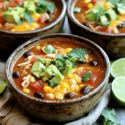 - 1 pound boneless, skinless chicken breasts - 1 can (14.5 oz) diced tomatoes with green chilies - 1 can (15 oz) black beans, rinsed and drained - 1 can (15 oz) corn kernels, drained - 1 medium onion, chopped - 2 cloves garlic, minced - 2 cups chicken broth - 2 tablespoons taco seasoning - 1 teaspoon cumin - Salt and pepper, to taste - 1 cup shredded cheddar cheese (plus extra for garnish) - 1/2 cup fresh cilantro, chopped (for garnish) - 1 avocado, diced (for garnish) - Lime wedges (for serving) To make a great soup, you need fresh, quality ingredients. I always start with boneless, skinless chicken breasts. They cook well and stay tender. The diced tomatoes add a nice kick with green chilies. Black beans bring protein and fiber, while corn adds sweetness. Onions and garlic give a flavorful base. Chicken broth enhances the soup's richness. Taco seasoning and cumin are key for that authentic taste. Don’t forget salt and pepper to make it pop. Cheese brings creaminess, while cilantro, avocado, and lime wedges make the dish bright and fresh. - Other protein options: Try turkey, beef, or tofu for variety. - Alternative beans and vegetables: Swap black beans for pinto or kidney beans. You can add bell peppers or zucchini for extra veggies. These options let you customize your soup. Feel free to mix in what you love or what’s on hand. Cooking should always be fun and flexible! To start, I recommend lining your slow cooker with a liner. This makes cleanup super easy. If you don't have a liner, just make sure the pot is clean. Place the pot on a flat, stable surface. This way, it won’t tip over while cooking. Now, let’s layer the ingredients. First, place 1 pound of boneless, skinless chicken breasts at the bottom. Next, add 1 can of diced tomatoes with green chilies. After that, toss in 1 can of black beans, rinsed and drained, and 1 can of corn kernels, drained. Then, add 1 medium chopped onion and 2 cloves of minced garlic. Pour in 2 cups of chicken broth. Sprinkle 2 tablespoons of taco seasoning and 1 teaspoon of cumin on top. You can also add salt and pepper to taste. Stir gently to mix it a bit, but make sure the chicken stays mostly submerged. Now, cover the slow cooker. Cook on low for 6 to 7 hours, or on high for 3 to 4 hours. The chicken should be fully cooked and tender when it’s done. Once cooked, remove the chicken breasts. Use two forks to shred the chicken. Return the shredded chicken to the slow cooker and stir it well. Now, stir in 1 cup of shredded cheddar cheese. Wait for it to melt and mix in. Taste the soup and adjust the seasoning if needed. Serve the soup hot in bowls. Top with fresh cilantro, diced avocado, and extra cheese. Don’t forget to add a lime wedge on the side for squeezing into your soup! - Ensuring flavor balance: Start with good quality chicken broth. This adds depth to your soup. Use fresh spices like taco seasoning and cumin. They boost flavor without adding extra steps. Adjust salt and pepper as needed. Taste your soup before serving. This ensures it meets your flavor goals. - Maintaining chicken tenderness: Cook the chicken on low heat for 6-7 hours. This helps it stay juicy and tender. If you're short on time, high heat for 3-4 hours works too. Always shred the chicken after cooking. This distributes its flavor throughout the soup. - Ideal toppings and garnishes: Top your soup with fresh cilantro for a burst of flavor. Diced avocado adds creaminess. A sprinkle of shredded cheddar cheese gives a cheesy touch. Squeeze lime juice over the soup for a zesty finish. These garnishes enhance both taste and presentation. - Matching sides or bread pairings: Serve with warm tortilla chips for crunch. Cornbread is another great option. It soaks up the soup's flavors. A side salad can add freshness and balance your meal. - Best slow cooker sizes for this recipe: A 6-quart slow cooker is ideal. It gives enough space for all the ingredients. If you have a smaller one, you can halve the recipe. Just keep an eye on cooking times. - Cooking adjustments for different models: Some slow cookers run hotter than others. If yours does, check the soup after 2-3 hours on high. Adjust cooking time if needed. Always monitor the chicken for tenderness. {{image_2}} Making it gluten-free To make the soup gluten-free, use gluten-free taco seasoning. Most canned goods are safe, but check labels for any hidden gluten. Vegetarian options For a vegetarian twist, swap the chicken for a can of chickpeas or lentils. Use vegetable broth instead of chicken broth for a rich flavor. Adding spice or changing seasonings If you like heat, add diced jalapeños or chipotle peppers. You can also increase the taco seasoning for more flavor. Ingredient swaps for different flavor profiles Try adding sweet potatoes for a sweet touch. You can also swap black beans for pinto beans for a different texture. How to make ahead You can prep the soup a day in advance. Just chop the veggies and store them in the fridge. Add everything to the slow cooker in the morning for a warm meal at night. Freezing and reheating tips Cool the soup before freezing. Store it in airtight containers for up to three months. To reheat, thaw overnight in the fridge. Heat on the stove until hot, adding extra broth if needed. For your leftover soup, use airtight containers. Glass containers work best as they keep the soup fresh. You can also use plastic containers, but ensure they are BPA-free. Store your soup in the fridge. It stays good for about 3 to 4 days. To reheat, the best method is on the stove. Pour the soup into a pot and heat on medium. Stir often to avoid burning. You can also use the microwave. Place the soup in a microwave-safe bowl. Heat it in short bursts, about one minute at a time. Stir between heats to keep it even. Always check the heat before eating to ensure safety and taste. Check for a few signs to see if your soup is still fresh. First, look for any changes in color or texture. If it smells sour, it’s time to toss it. Also, if you see mold, do not eat it. Trust your senses; if it seems off, throw it out. Fresh food keeps you safe and healthy! Yes, you can use frozen chicken. It is safe as long as you cook it properly. If using frozen chicken, cook on high for 4-5 hours instead of low. This ensures the chicken cooks fully and stays tender. To thicken your soup, you have a few choices. You can add: - 1-2 tablespoons of cornstarch mixed with water - A few spoonfuls of cream cheese - Extra shredded cheese, stirring until melted Each of these options will help your soup reach the thickness you like. Yes, you can! Use a large pot or Dutch oven instead. 1. Sauté the onion and garlic until soft. 2. Add all other ingredients and bring to a boil. 3. Let it simmer for 30-40 minutes, stirring often. This method cooks the soup faster while still keeping it delicious. There are many tasty sides to pair with this soup, like: - Tortilla chips for dipping - Fresh bread or rolls - A simple green salad to add crunch These sides enhance the meal and make it even more enjoyable. This blog post covered how to make a tasty slow cooker chicken enchilada soup. You learned the required ingredients and how to prep your slow cooker for ease. I shared tips for cooking well and suggestions for serving and storing leftovers. Remember, you can switch up the spices or proteins to fit your taste. Enjoy making this soup with your favorite twists. Happy cooking!