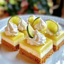 - 1 ½ cups graham cracker crumbs - ⅓ cup granulated sugar - ½ cup unsalted butter, melted - 16 oz cream cheese, softened - 1 cup powdered sugar - ½ cup sour cream - 1 tablespoon lime zest - ½ cup fresh lime juice (about 4-5 limes) - 1 teaspoon vanilla extract - 1 cup heavy whipping cream - Substitutions for graham cracker crumbs: You can use cookie crumbs or crushed nuts if you need a gluten-free option. Crushed vanilla wafers also work well for a different flavor. - Importance of room temperature cream cheese: Make sure to soften the cream cheese. This helps it blend smoothly into the filling. Cold cream cheese can leave lumps in your mix. - Mixing bowls - Handheld mixer - 9x9-inch baking dish To make the crust, gather your graham cracker crumbs, granulated sugar, and melted butter. In a mixing bowl, combine these three ingredients. Mix well until it looks like wet sand. This texture helps the crust hold together. Next, take a 9x9-inch baking dish. Press the crumb mixture into the bottom of the dish. Use the back of a measuring cup to pack it down firmly. This step ensures a solid base. After pressing, place the dish in the refrigerator to chill while you prepare the filling. Now, let’s make the filling. Start with softened cream cheese in a large bowl. Beat it with a handheld mixer until it is creamy and smooth. This will take a few minutes. Gradually add the powdered sugar, sour cream, lime zest, lime juice, and vanilla extract to the cream cheese. Keep mixing until everything is well blended. The mixture should be creamy and bright. In another bowl, whip the heavy cream until stiff peaks form. This step gives your cheesecake bars a light texture. Gently fold the whipped cream into the cream cheese mixture. Be careful not to deflate the whipped cream. This keeps the filling airy and fluffy. Now, it’s time to assemble your bars. Pour the cheesecake filling over the chilled graham cracker crust. Spread the filling evenly across the surface. This helps ensure every bite is delicious. Cover the dish with plastic wrap. Place it in the refrigerator for at least 4 hours, or until the filling is fully set. This chilling time is crucial for the best texture. Once set, cut the cheesecake into bars. You can garnish each piece with extra lime zest or whipped cream. This adds a nice touch and enhances the flavors. Enjoy your delightful treat! To get the right consistency for the filling, start with room temperature cream cheese. This helps it blend smoothly. When you mix it with the other ingredients, it should be creamy, not lumpy. When folding in the whipped cream, be gentle. Use a spatula and scoop from the bottom. This helps keep the air in the whipped cream. It makes your cheesecake light and fluffy. For a beautiful presentation, garnish each bar with a slice of lime. Add a dollop of whipped cream for extra flair. You can also sprinkle some lime zest on top for color and taste. Pair these bars with a refreshing drink. A cold glass of iced tea or lemonade works well. You can also serve them with a light sparkling water. One big mistake is overmixing the filling. This can make it too soft and runny. Mix just until smooth and creamy. Another mistake is not chilling long enough. Make sure to refrigerate the bars for at least four hours. This helps them set properly and makes them easier to cut. {{image_2}} You can add fun flavors to your No Bake Key Lime Pie Cheesecake Bars. Try using fruit purees like strawberry or mango. Just mix in about half a cup of puree with the cream cheese filling. This adds a fresh taste and color. You can also use different flavored extracts. For example, swap vanilla for coconut or almond. This gives your bars a unique twist. If you need to make this recipe gluten-free, use crushed gluten-free cookies instead of graham crackers. You can find many options at the store. For a vegan version, replace cream cheese with coconut cream. Use vegan butter for the crust. Swap sour cream for a dairy-free yogurt. These changes keep the taste great while fitting different diets. You can easily change the serving size of this recipe. If you have a big gathering, double the recipe and use a larger dish. A 9x13-inch dish works well for more servings. For smaller events or snacks, make mini versions. Use a muffin tin to create individual bars. Just be sure to adjust the chilling time to set properly. To keep your No Bake Key Lime Pie Cheesecake Bars fresh, store them in the refrigerator. Place them in an airtight container. This helps to prevent the bars from absorbing other odors in your fridge. If you want to keep them longer, you can freeze them. Wrap the bars tightly in plastic wrap, then place them in a freezer-safe container. In the refrigerator, these cheesecake bars last about 4 to 5 days. After that, they may start to lose their freshness. Look for changes in color or texture to spot spoilage. If the bars start to smell off or develop a watery layer, it's best to toss them out. These bars are best enjoyed cold. To keep them fresh, there’s no need to reheat them. If you want to enhance leftover servings, try adding a dollop of fresh whipped cream or a sprinkle of lime zest. This adds a burst of flavor and makes them look even more appealing. Yes, you can make this dessert ahead of time. It tastes best when chilled for at least four hours. You can prepare it one day before serving. Just cover it well to keep it fresh. This way, you save time and enjoy a tasty treat ready to go. You can use bottled lime juice, but fresh juice is best. Fresh lime juice brings a bright, zesty flavor. Bottled juice may taste less vibrant and may have added preservatives. If you want the best taste, stick with fresh limes. The zest from the limes also adds a nice kick. If you lack a 9x9-inch dish, don't worry! You can use other sizes. A round 9-inch cake pan works well, too. If using a larger dish, your bars may be thinner. If using a smaller dish, they will be thicker. Just keep an eye on the chilling time to ensure they set properly. This blog post covered ingredients, tips, and methods for making a delicious dessert. You learned about key ingredients like cream cheese and lime juice, plus helpful tools. I shared ways to avoid common mistakes and offered variations for different diets. Remember, preparing with care ensures great taste. Enjoy experimenting with the tips, and don’t hesitate to make it your own. With practice, you will impress family and friends. Now, get ready to enjoy your tasty creation!