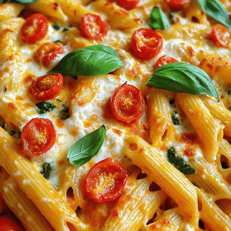 - 8 ounces penne pasta - 1 cup roasted red peppers, chopped - 1 cup feta cheese, crumbled - 1 cup cherry tomatoes, halved - 2 cloves garlic, minced - 1 teaspoon dried oregano - ¼ teaspoon red pepper flakes (optional for spice) - 1 cup spinach, roughly chopped - 1 cup mozzarella cheese, shredded - 2 tablespoons olive oil - Salt and pepper - Fresh basil leaves for garnish For the Roasted Red Pepper Feta Pasta Bake, I love to use fresh ingredients. The penne pasta serves as a perfect base, holding the sauce well. Roasted red peppers add a sweet, smoky flavor. Feta cheese brings a creamy, tangy note that pairs beautifully with the tomatoes. The garlic gives a nice punch, while the spinach adds color and nutrition. Dried oregano brings a bit of earthiness, and red pepper flakes can add just the right touch of heat if you like spice. I always keep olive oil on hand; it helps bind the ingredients and adds richness. Finally, I sprinkle mozzarella on top for that gooey, delicious finish. Don’t forget salt and pepper to taste. Fresh basil leaves make for a lovely garnish. They elevate the dish and add freshness. This dish is not only tasty but also easy to make, and it uses ingredients you can find in your kitchen. You can enjoy a flavorful meal that impresses everyone! Set your oven temperature to 375°F (190°C). This step warms the oven, so your pasta bake cooks evenly. In a large pot, bring salted water to a boil. Add the penne pasta. Cook it according to the package instructions until it is al dente. This usually takes about 10 to 12 minutes. Once done, drain the pasta and set it aside. In a mixing bowl, combine 1 cup of chopped roasted red peppers, 1 cup of crumbled feta cheese, and 1 cup of halved cherry tomatoes. Add 2 minced garlic cloves, 1 teaspoon of dried oregano, and ¼ teaspoon of red pepper flakes if you like spice. Toss in 1 cup of roughly chopped spinach and 2 tablespoons of olive oil. Season with a pinch of salt and pepper. Mix everything well until combined. Add the cooked pasta to the bowl with the sauce mixture. Gently fold everything together. You want to coat the pasta evenly with the sauce without breaking it. Pour the pasta mixture into a greased 9x13 inch baking dish. Spread it out evenly to ensure it cooks well. Sprinkle 1 cup of shredded mozzarella cheese evenly over the top. Place the baking dish in the preheated oven. Bake for about 25 to 30 minutes. You want the cheese to melt and bubble, with the edges turning slightly golden. Once baked, remove the dish from the oven. Let it sit for a few minutes to cool. Finally, garnish with fresh basil leaves before serving. Enjoy your delicious roasted red pepper feta pasta bake! To cook penne pasta just right, follow these steps: - Use a large pot with plenty of water. This helps the pasta move freely. - Add salt to the boiling water. It enhances the pasta's flavor. - Cook the penne until it is al dente, which means firm to the bite. This usually takes about 8-10 minutes. - Taste the pasta a minute before the time is up. This ensures you catch the perfect texture. - Drain the pasta in a colander but do not rinse it. Rinsing removes the starch that helps the sauce stick. When mixing the pasta and sauce, do this: - Use a large mixing bowl to avoid spills. - Add the drained pasta to the sauce mixture while it's still warm. This helps the flavors meld. - Gently fold the pasta into the sauce. Use a spatula or wooden spoon. - Avoid stirring too hard. This keeps the pasta intact and prevents it from breaking. You can switch up the cheese for new flavors: - Try goat cheese for a tangy twist. - Use ricotta for a creamier texture. - Mix in some sharp cheddar for added depth. - Experiment with a blend of cheeses for a more complex taste. These tips will help you make the most of your roasted red pepper feta pasta bake! {{image_2}} You can easily make this dish more colorful and nutritious. Add chopped zucchini or bell peppers to the sauce. Both add a nice crunch and flavor. You can also toss in some mushrooms for earthiness. Just sauté them a bit before mixing in. Spinach is already in the recipe, but feel free to add other greens like kale. They will blend well with the roasted red peppers and feta. Want to make it heartier? Add some protein! You can mix in cooked chicken or shrimp. For chicken, use grilled or rotisserie for ease. Simply chop it into bite-sized pieces and fold it into the sauce. If you prefer shrimp, sauté them in olive oil until they turn pink. Then, add them to the pasta mixture. Both options will give the dish a delicious twist. If you need a gluten-free option, swap out the penne pasta. There are many gluten-free pasta brands available. Look for ones made from brown rice or chickpeas. They work great in this recipe. Just cook them according to the package instructions. This way, you can enjoy a tasty meal without worrying about gluten. To keep your roasted red pepper feta pasta bake fresh, let it cool first. Store leftovers in an airtight container. Place it in the fridge. It will stay good for about 3 to 4 days. If you notice any moisture, place a paper towel inside the container. This helps absorb extra liquid. You can reheat the pasta bake easily. The best way is to use the oven. Preheat your oven to 350°F (175°C). Place the pasta in a baking dish. Cover it with foil to keep it moist. Heat for about 15 to 20 minutes or until warm. If you want to use the microwave, place it in a microwave-safe dish. Heat in short bursts of 1 to 2 minutes. Stir it in between to avoid dry spots. Freezing your pasta bake is simple. After it cools, cut it into portions. Wrap each piece tightly with plastic wrap, then place it in a freezer-safe bag. Label the bags with the date. You can freeze it for up to 2 months. When ready to eat, let it thaw overnight in the fridge. Reheat as mentioned above for the best results. Yes, you can make this dish ahead of time. Cook the pasta and prepare the sauce as normal. Mix them together and place them in the baking dish. Cover the dish with plastic wrap and store it in the fridge. You can make it a day in advance. When you are ready to bake, remove the wrap and bake it straight from the fridge. Just add a few extra minutes to the baking time to ensure it heats through. Absolutely! You can use any pasta shape you like. Fusilli, rigatoni, or even bowtie pasta work well. Each shape holds the sauce differently, giving you a unique twist. Just make sure to cook the pasta until it is al dente, so it won't be mushy after baking. To add more heat, you can increase the red pepper flakes. Start with half a teaspoon and adjust to your taste. You can also add chopped jalapeños or a dash of hot sauce. If you want a smoky flavor, try adding a bit of smoked paprika. Adjusting spices allows you to create your ideal heat level. This recipe for baked penne pasta is simple and fun to make. You learned about the key ingredients like penne, roasted red peppers, and feta cheese. I shared step-by-step instructions to guide you through cooking and baking. You also discovered tips for perfect pasta and tasty variations. You can easily customize this dish to suit your taste. Remember these storage tips to enjoy leftovers later. Try this recipe, and you'll see how easy and delicious it is to create a satisfying meal. Enjoy your cooking adventure!