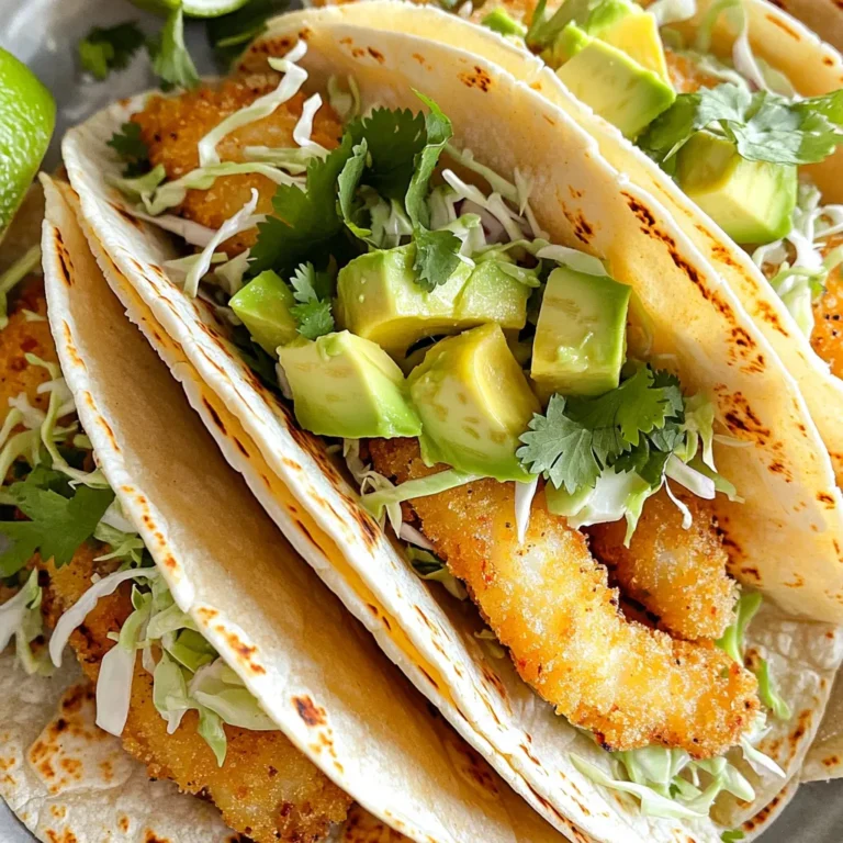- 1 lb white fish fillets (cod or tilapia work well) - 1 cup all-purpose flour - 1 cup cornmeal - 2 large eggs - 1 tablespoon paprika - 1 teaspoon garlic powder - 1 teaspoon cumin - Salt and pepper to taste - 8 small corn tortillas - 1 cup cabbage, shredded - 1 avocado, sliced - 1 lime, cut into wedges - Cilantro, for garnish Gathering the right ingredients is key to great fish tacos. I love using cod or tilapia for a mild flavor. They cook quickly and stay tender. For the breading, we need flour and cornmeal. The flour gives a nice base, while cornmeal adds crunch. Use two eggs to help the breading stick well. Seasonings bring life to the fish. Paprika adds a smoky touch. Garlic powder gives a nice aroma. Cumin adds warmth. Don’t forget salt and pepper to enhance all the flavors. Toppings are just as important. Shredded cabbage adds crunch and color. Sliced avocado provides creaminess. Lime wedges give a fresh, zesty kick. Finally, a sprinkle of cilantro brightens everything up. These ingredients come together to create a tasty meal. Happy cooking! First, you need to dry the fish fillets. Use a paper towel to pat them dry. This step is key for getting a crispy texture. Cut the fish into strips about 1-2 inches wide. Now, season the strips with salt, pepper, paprika, garlic powder, and cumin. Let this mixture sit for about 15 minutes. This marinating time allows the flavors to soak in. Now it's time to set up your breading station. You will need three shallow bowls. In the first bowl, add the all-purpose flour. In the second bowl, whisk the two large eggs until they are well mixed. In the third bowl, place the cornmeal. Arrange the bowls in this order: flour, eggs, then cornmeal. This setup makes the breading process easy. For breading, take one fish strip. First, dredge it in the flour, making sure it is fully coated. Next, dip the flour-coated strip in the egg, letting the excess drip off. Finally, coat it with cornmeal. Press gently to ensure it sticks. Place the breaded fish on a plate. Preheat your air fryer to 400°F (200°C) for about 5 minutes. Once hot, lightly spray the air fryer basket with cooking spray. Arrange the breaded fish strips in a single layer. Make sure they do not touch each other. Air fry for 10-12 minutes. Flip the fish halfway through cooking. They should be golden brown and crispy when done. While the fish cooks, warm the corn tortillas. Use a dry skillet over medium heat for about 15-20 seconds on each side. Once the fish is ready, take a tortilla and place a few strips of fish on it. Add shredded cabbage and avocado slices on top. For a burst of flavor, serve with lime wedges. You can also sprinkle fresh cilantro over the tacos. Squeeze lime juice over everything before you eat. Enjoy this tasty, crispy fish taco delight! To get crispy fish, I recommend using a high-quality cooking spray. Olive oil spray works well. You can also use avocado oil for a nice flavor. When you fry the fish, it should be golden brown. The internal temperature should reach 145°F (63°C). It flakes easily with a fork when done. Warming tortillas correctly is key. Use a dry skillet over medium heat. Cook each tortilla for about 15-20 seconds on each side. This makes them soft and easy to fold without tearing. If you like, you can also use flour tortillas or whole wheat for a twist. Both work great for these tacos! {{image_2}} You can use various types of fish for your tacos. Cod and tilapia work well, but you can try others too. Consider using mahi-mahi for a sweeter taste. Salmon gives a rich flavor, while catfish adds a southern twist. Each fish brings its own fun texture and taste. Enhance your tacos with tasty toppings. Shredded cabbage adds crunch and freshness. Chopped tomatoes bring color and sweetness. Diced onions add a sharp flavor. You can also slice radishes for a peppery kick. For sauces, try a spicy mayo or a zesty cilantro lime sauce. These sauces give your tacos a delightful zing. Great sides can make your meal even more fun. Serve your tacos with a side of black beans or corn salad. Both add color and flavor to your plate. You can also make a fruit salsa using mango or pineapple for a sweet touch. For a funny twist, serve chips in a taco-shaped bowl! It will surely make everyone smile while they eat. To keep your fish tacos fresh, store them in the fridge. Place the leftover tacos in an airtight container. This will help prevent them from drying out. Consume them within two days for the best taste. If you want to keep them longer, you can freeze the fish strips separately. Wrap each strip in plastic wrap, then place them in a freezer bag. They can last up to three months in the freezer. Just remember, tortillas do not freeze well. You can make fresh tortillas when you are ready to eat them. To reheat your fish tacos, you want to keep them crispy. First, preheat your oven to 375°F (190°C). Place the fish strips on a baking sheet. Heat them for about 10 minutes or until they are hot. This method helps retain their crunch. You can also use an air fryer for reheating. Set it to 350°F (175°C) and cook for about 5-7 minutes. This will keep your fish crispy and delicious. Avoid using the microwave, as it can make the fish soggy. Enjoy your tasty tacos as if they were just made! It takes about 10 to 12 minutes to cook fish strips in an air fryer. Preheat the air fryer to 400°F (200°C) for best results. Make sure to flip the fish halfway through cooking. This helps it cook evenly and get crispy. The fish is done when it turns golden brown and looks crunchy. A good tip is to check if the fish flakes easily with a fork. Yes, you can use frozen fish fillets for this recipe. However, it’s best to thaw them first. Thawing helps the fish cook evenly. If you cook them from frozen, add a few extra minutes to the cooking time. Just be sure to check that they reach a safe internal temperature. Use a food thermometer to ensure they reach 145°F (63°C). If you want to skip cornmeal, there are several options. You can use panko breadcrumbs for a crunchy texture. Almond flour or rice flour also work well for a gluten-free choice. Another option is crushed tortilla chips, which can add a nice flavor. Each substitute brings its own taste, so feel free to experiment! This blog post outlined how to make delicious fish tacos, from ingredients to cooking tips. You learned about the best types of fish and how to prepare them. I shared ways to bread the fish and achieve a crispy texture. We looked at tasty toppings and alternatives too. Enjoy your own fish taco creation! Try different fish and toppings to find your favorite. You’ll have fun making these at home!