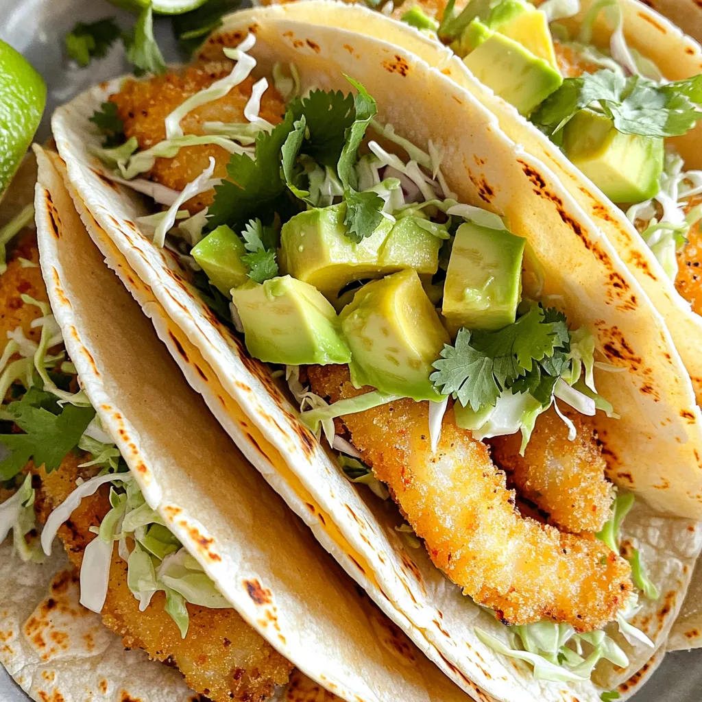 - 1 lb white fish fillets (cod or tilapia work well) - 1 cup all-purpose flour - 1 cup cornmeal - 2 large eggs - 1 tablespoon paprika - 1 teaspoon garlic powder - 1 teaspoon cumin - Salt and pepper to taste - 8 small corn tortillas - 1 cup cabbage, shredded - 1 avocado, sliced - 1 lime, cut into wedges - Cilantro, for garnish Gathering the right ingredients is key to great fish tacos. I love using cod or tilapia for a mild flavor. They cook quickly and stay tender. For the breading, we need flour and cornmeal. The flour gives a nice base, while cornmeal adds crunch. Use two eggs to help the breading stick well. Seasonings bring life to the fish. Paprika adds a smoky touch. Garlic powder gives a nice aroma. Cumin adds warmth. Don’t forget salt and pepper to enhance all the flavors. Toppings are just as important. Shredded cabbage adds crunch and color. Sliced avocado provides creaminess. Lime wedges give a fresh, zesty kick. Finally, a sprinkle of cilantro brightens everything up. These ingredients come together to create a tasty meal. Happy cooking! First, you need to dry the fish fillets. Use a paper towel to pat them dry. This step is key for getting a crispy texture. Cut the fish into strips about 1-2 inches wide. Now, season the strips with salt, pepper, paprika, garlic powder, and cumin. Let this mixture sit for about 15 minutes. This marinating time allows the flavors to soak in. Now it's time to set up your breading station. You will need three shallow bowls. In the first bowl, add the all-purpose flour. In the second bowl, whisk the two large eggs until they are well mixed. In the third bowl, place the cornmeal. Arrange the bowls in this order: flour, eggs, then cornmeal. This setup makes the breading process easy. For breading, take one fish strip. First, dredge it in the flour, making sure it is fully coated. Next, dip the flour-coated strip in the egg, letting the excess drip off. Finally, coat it with cornmeal. Press gently to ensure it sticks. Place the breaded fish on a plate. Preheat your air fryer to 400°F (200°C) for about 5 minutes. Once hot, lightly spray the air fryer basket with cooking spray. Arrange the breaded fish strips in a single layer. Make sure they do not touch each other. Air fry for 10-12 minutes. Flip the fish halfway through cooking. They should be golden brown and crispy when done. While the fish cooks, warm the corn tortillas. Use a dry skillet over medium heat for about 15-20 seconds on each side. Once the fish is ready, take a tortilla and place a few strips of fish on it. Add shredded cabbage and avocado slices on top. For a burst of flavor, serve with lime wedges. You can also sprinkle fresh cilantro over the tacos. Squeeze lime juice over everything before you eat. Enjoy this tasty, crispy fish taco delight! To get crispy fish, I recommend using a high-quality cooking spray. Olive oil spray works well. You can also use avocado oil for a nice flavor. When you fry the fish, it should be golden brown. The internal temperature should reach 145°F (63°C). It flakes easily with a fork when done. Warming tortillas correctly is key. Use a dry skillet over medium heat. Cook each tortilla for about 15-20 seconds on each side. This makes them soft and easy to fold without tearing. If you like, you can also use flour tortillas or whole wheat for a twist. Both work great for these tacos! {{image_2}} You can use various types of fish for your tacos. Cod and tilapia work well, but you can try others too. Consider using mahi-mahi for a sweeter taste. Salmon gives a rich flavor, while catfish adds a southern twist. Each fish brings its own fun texture and taste. Enhance your tacos with tasty toppings. Shredded cabbage adds crunch and freshness. Chopped tomatoes bring color and sweetness. Diced onions add a sharp flavor. You can also slice radishes for a peppery kick. For sauces, try a spicy mayo or a zesty cilantro lime sauce. These sauces give your tacos a delightful zing. Great sides can make your meal even more fun. Serve your tacos with a side of black beans or corn salad. Both add color and flavor to your plate. You can also make a fruit salsa using mango or pineapple for a sweet touch. For a funny twist, serve chips in a taco-shaped bowl! It will surely make everyone smile while they eat. To keep your fish tacos fresh, store them in the fridge. Place the leftover tacos in an airtight container. This will help prevent them from drying out. Consume them within two days for the best taste. If you want to keep them longer, you can freeze the fish strips separately. Wrap each strip in plastic wrap, then place them in a freezer bag. They can last up to three months in the freezer. Just remember, tortillas do not freeze well. You can make fresh tortillas when you are ready to eat them. To reheat your fish tacos, you want to keep them crispy. First, preheat your oven to 375°F (190°C). Place the fish strips on a baking sheet. Heat them for about 10 minutes or until they are hot. This method helps retain their crunch. You can also use an air fryer for reheating. Set it to 350°F (175°C) and cook for about 5-7 minutes. This will keep your fish crispy and delicious. Avoid using the microwave, as it can make the fish soggy. Enjoy your tasty tacos as if they were just made! It takes about 10 to 12 minutes to cook fish strips in an air fryer. Preheat the air fryer to 400°F (200°C) for best results. Make sure to flip the fish halfway through cooking. This helps it cook evenly and get crispy. The fish is done when it turns golden brown and looks crunchy. A good tip is to check if the fish flakes easily with a fork. Yes, you can use frozen fish fillets for this recipe. However, it’s best to thaw them first. Thawing helps the fish cook evenly. If you cook them from frozen, add a few extra minutes to the cooking time. Just be sure to check that they reach a safe internal temperature. Use a food thermometer to ensure they reach 145°F (63°C). If you want to skip cornmeal, there are several options. You can use panko breadcrumbs for a crunchy texture. Almond flour or rice flour also work well for a gluten-free choice. Another option is crushed tortilla chips, which can add a nice flavor. Each substitute brings its own taste, so feel free to experiment! This blog post outlined how to make delicious fish tacos, from ingredients to cooking tips. You learned about the best types of fish and how to prepare them. I shared ways to bread the fish and achieve a crispy texture. We looked at tasty toppings and alternatives too. Enjoy your own fish taco creation! Try different fish and toppings to find your favorite. You’ll have fun making these at home!