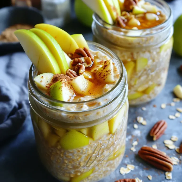 To make Apple Pie Overnight Oats, you will need a few simple ingredients. Each one brings flavor and texture to the dish. Here’s the list: - 1 cup rolled oats - 1 ½ cups unsweetened almond milk (or any milk of choice) - 1 medium apple, diced (preferably Granny Smith) - 1 tablespoon maple syrup (adjust for sweetness) - 1 teaspoon cinnamon - ¼ teaspoon nutmeg - 2 tablespoons Greek yogurt (optional for creaminess) - 1 tablespoon chia seeds - ¼ cup pecans or walnuts, chopped (for added crunch) - Fresh apple slices and extra cinnamon for topping These ingredients work together to create a tasty and filling breakfast. The rolled oats provide a hearty base. The almond milk adds creaminess, while the diced apple gives a fresh crunch. Maple syrup sweetens the mix, and spices like cinnamon and nutmeg mimic the cozy flavor of apple pie. You can add Greek yogurt for a creamier texture, or skip it if you prefer a lighter dish. Chia seeds help thicken the oats and add a nice boost of nutrition. Lastly, nuts give a satisfying crunch. Fresh apple slices and extra cinnamon on top make it look beautiful and appealing. With these ingredients, you can create a dish that tastes like dessert but is good for you! To start making your Apple Pie Overnight Oats, gather your ingredients. First, mix the rolled oats, almond milk, maple syrup, cinnamon, nutmeg, Greek yogurt, and chia seeds in a bowl. Stir well. This mix is the base of your overnight oats. Next, gently fold in the diced apple and chopped nuts. Make sure the pieces are evenly distributed throughout the mixture. This step adds flavor and crunch. Now, it's time to transfer the mix into jars. Use mason jars or any airtight containers. Fill them up, but leave a little space at the top. Seal the jars tightly. Soaking the oats is key. It allows them to absorb the liquid and soften. This makes your breakfast creamy and delicious. Aim to soak the oats for at least four hours, but overnight is best. This way, the flavors blend well. In the morning, give the oats a good stir. If they seem too thick, add a splash of almond milk. This helps reach your preferred texture. Serve the oats in bowls. Top them with fresh apple slices and a sprinkle of cinnamon. You can also add a few extra nuts for a delightful crunch. Enjoy your tasty breakfast! To get the best texture for your Apple Pie Overnight Oats, start with the almond milk. You can adjust the amount of milk based on how thick or thin you want the oats. For thicker oats, use less almond milk. For creamier oats, add a bit more. Chia seeds play a key role too. They soak up liquid and help thicken the mix. Just one tablespoon adds great texture. So don’t skip them! You can easily adjust the sweetness of your oats with maple syrup. Start with one tablespoon, but feel free to add more if you like it sweeter. Taste the mixture before it soaks overnight. This way, you can find the perfect level for your palate. If you want creamier oats, Greek yogurt is a great choice. It adds a rich texture and boosts protein. You can use regular or low-fat Greek yogurt. If you need a dairy-free option, almond or coconut yogurt works well too. Just mix it in with your other ingredients for a smooth finish. {{image_2}} You can change the flavor of your apple pie overnight oats easily. Try adding spices like ginger or cloves. This will give your oats a warm, spicy kick. You can also swap out the apple for other fruits. Pears or peaches work well too. Each fruit brings its own unique taste and texture. If you want to change the nuts, you have many choices. You can use almonds, hazelnuts, or sunflower seeds. Each nut or seed adds a different crunch and flavor. You might even blend two types for a fun mix. Just remember to chop them into smaller pieces for easy eating. For a vegan twist, swap out the Greek yogurt and milk. Use coconut yogurt instead of Greek yogurt. For milk, try oat milk or cashew milk. These choices keep the oats creamy and delicious while staying plant-based. Adjust the sweetness if needed, as some plant-based milks are sweeter than others. Apple pie overnight oats are best in the fridge for up to 5 days. Keep them in airtight containers. This helps keep the oats fresh and tasty. I love making a batch so I can enjoy them all week long. You can freeze these oats if you want to save some for later. Just put them in a freezer-safe container. They can last for about 2 months in the freezer. To eat, let them thaw in the fridge overnight. You can then reheat them in the microwave or enjoy them cold. Making these oats ahead saves time in the morning. You can prepare them on Sunday and have breakfast ready for the week. Just follow the recipe and store them in jars. This way, you have a quick, healthy meal waiting for you each day. You can store apple pie overnight oats for up to four days in the fridge. They taste best within the first two days. After that, the texture may change. The oats soak up the liquid and can get mushy. It’s a good idea to check for freshness before eating. Yes, you can use quick oats, but the texture will differ. Quick oats are finer and may become mushy faster. If you prefer a creamier texture, quick oats are fine. For a chewier bite, stick with rolled oats. Both options are tasty, so choose what you like best. To make this recipe gluten-free, use certified gluten-free oats. Many brands offer gluten-free rolled oats. Also, check your almond milk and any other ingredients for gluten. This way, you can enjoy your apple pie overnight oats without worry. In this post, we explored a tasty recipe for apple pie overnight oats. We covered key ingredients like rolled oats, almond milk, and diced apples. You learned how to mix, soak, and serve this dish. I shared tips for texture, sweetness, and creaminess so you can personalize your recipe. Don’t forget to try different flavors and nut options to make it your own. These oats are easy to store and ideal for meal prep. Enjoy a nutritious breakfast that’s quick and satisfying.