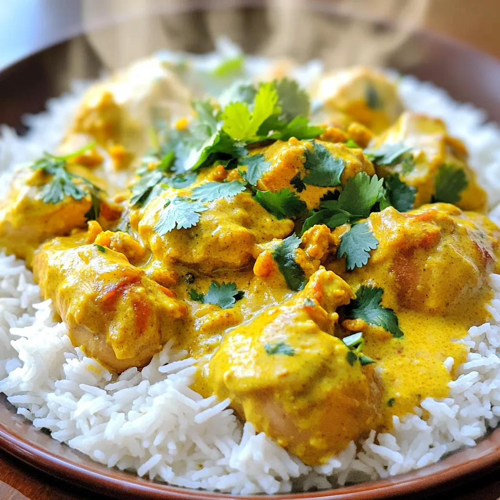 - 2 lbs boneless, skinless chicken thighs, cut into bite-sized pieces - 1 large onion, finely chopped - 4 garlic cloves, minced - 1 tablespoon ginger, grated - 2 tablespoons curry powder - 1 tablespoon garam masala - 1 teaspoon turmeric - 1 teaspoon cumin - 1 teaspoon coriander The main ingredients for this dish are chicken thighs, onion, and garlic. Chicken thighs are juicy and tender, which makes them perfect for slow cooking. The onion and garlic add depth and flavor. The spices, like curry powder and garam masala, create that warm, aromatic taste we love in butter chicken. - 1 can (14 oz) coconut milk - 1 can (14 oz) crushed tomatoes - 1 tablespoon brown sugar - Salt and pepper to taste Coconut milk brings creaminess to the dish. It balances the spices and keeps the sauce rich. Crushed tomatoes add body and a bit of sweetness. A touch of brown sugar helps enhance the flavors. Don't forget salt and pepper; they are key to making everything pop. - 2 tablespoons fresh cilantro, chopped (for garnish) - 1 tablespoon lemon juice - Steamed basmati rice or naan bread For garnishing, fresh cilantro adds a bright touch. It also gives a fresh flavor. A squeeze of lemon juice just before serving brightens everything up. Serve this dish with steamed basmati rice or warm naan. Both options soak up the delicious sauce perfectly. - Preparing the vegetables: Start by chopping one large onion finely. This adds flavor and sweetness. Then, mince four garlic cloves. Garlic gives a nice aroma. Lastly, grate one tablespoon of ginger. It adds warmth to the dish. - Mixing the spices: In a large bowl, take two pounds of boneless, skinless chicken thighs. Cut them into bite-sized pieces. Add one tablespoon of curry powder, one tablespoon of garam masala, one teaspoon of turmeric, one teaspoon of cumin, and one teaspoon of coriander. Mix these spices well with the chicken. This will coat the chicken in a rich, warm flavor. - Adding ingredients to the slow cooker: In your slow cooker, add the chopped onion, minced garlic, and grated ginger. Stir them together. Next, add the seasoned chicken. Pour in one can of coconut milk and one can of crushed tomatoes. Add one tablespoon of brown sugar, and season with salt and pepper. Mix everything until it combines well. - Cooking times and settings: Cover the slow cooker and set it to cook. If you choose low, let it cook for six to seven hours. If you choose high, it should cook for three to four hours. The chicken will become very tender and juicy. - Stirring in lemon juice: About 15 minutes before serving, stir in one tablespoon of lemon juice. This adds a bright, fresh flavor to the dish. - Adjusting seasoning: Taste the butter chicken and adjust the seasoning. You can add more salt or pepper if needed. This ensures the dish has the perfect flavor before serving. - Ensuring tender chicken: Use boneless, skinless chicken thighs. They stay juicy and soft when cooked low and slow. This method makes the chicken tender and full of flavor. Make sure to cut the chicken into bite-sized pieces. This allows them to cook evenly. - Adjusting spice levels: If you like it mild, use less curry powder and garam masala. You can also skip the hot spices. For more heat, add chili powder or cayenne pepper. Start small; you can always add more later. - Best side dishes to pair with butter chicken: Serve your butter chicken over steamed basmati rice. Naan bread is great for scooping up the sauce. You can also try it with a side of roasted vegetables. They add color and crunch to your meal. - How to store leftovers: Let the butter chicken cool before storing. Place it in an airtight container. It will last in the fridge for about three days. For longer storage, freeze it in a freezer-safe container. It can last up to three months in the freezer. - Recommended slow cooker settings: Cook on low for 6-7 hours for the best flavor. If you're short on time, use the high setting for 3-4 hours. Just make sure the chicken is cooked through. - Useful cooking utensils: Use a large bowl for mixing the spices and chicken. A good cutting board will help with chopping the onion and garlic. A spatula is handy for stirring the ingredients in the slow cooker. {{image_2}} You can easily make this dish vegetarian. Simply swap the chicken for tofu or an array of vegetables. Firm tofu absorbs flavors well. Cut it into cubes and add it to the slow cooker. You can also use vegetables like bell peppers, carrots, or even spinach. Just add them in the last hour of cooking. This keeps them fresh and vibrant. You can change the taste of butter chicken by using different spices or sauces. Try adding a pinch of smoked paprika for depth. You might also like to use a bit of curry paste instead of powder. For a different twist, add a splash of soy sauce or honey. Each change can create a unique flavor that fits your taste. If you want a lighter version, choose low-fat coconut milk. It still brings creaminess but cuts down on calories. You can also reduce the brown sugar. Start with half the amount, then taste and adjust as needed. This allows you to control the sweetness without losing flavor. To keep your butter chicken fresh, place leftovers in an airtight container. Store them in the fridge within two hours of cooking. This helps prevent bacteria growth. You can use the chicken for up to four days. For longer storage, freeze the butter chicken. Make sure to cool it first, then transfer it to a freezer-safe container. You can freeze it for about three months. Just label the container with the date. In the fridge, the butter chicken lasts for about four days. If you freeze it, it stays good for three months. When reheating, make sure the chicken is hot throughout. You can use the microwave or heat it on the stove. Stir it well to heat evenly. To prep for the week, you can make a big batch of butter chicken. Divide it into meal-sized containers. This way, it's ready to grab and go. You can serve it with rice or naan, making meals easy. For quick lunches, portion out servings. Store rice and chicken separately to keep things fresh. This helps you enjoy tasty meals all week without extra work. Cooking Slow Cooker Butter Chicken takes about 6-7 hours on low. If you are short on time, you can use the high setting. In that case, it will take about 3-4 hours. Both methods give you tender and juicy chicken. I like to start it early and let it cook on low for the best flavor. You have many great options for side dishes. Here are a few to consider: - Steamed basmati rice - Naan bread - Roti or chapati - A fresh salad - Roasted vegetables These sides pair well with the creamy sauce of the butter chicken. They help balance the flavors and add texture to your meal. Yes, you can easily adjust the spice levels in this recipe. If you like it mild, use less curry powder or garam masala. You can also add more coconut milk to tone down the heat. For more spice, try adding red pepper flakes or fresh chili peppers. Taste as you go to find the perfect balance for your palate. We explored the key ingredients for slow cooker butter chicken, including chicken thighs, spices, and coconut milk. The step-by-step guide makes preparing this dish easy. Our tips and tricks ensure your chicken turns out tender and flavorful. You can adjust spice levels and try variations like vegetarian options. Storing leftovers is simple, with clear guidelines for refrigeration and freezing. Enjoy experimenting with this dish and make it your own! You'll find it delicious and satisfying.