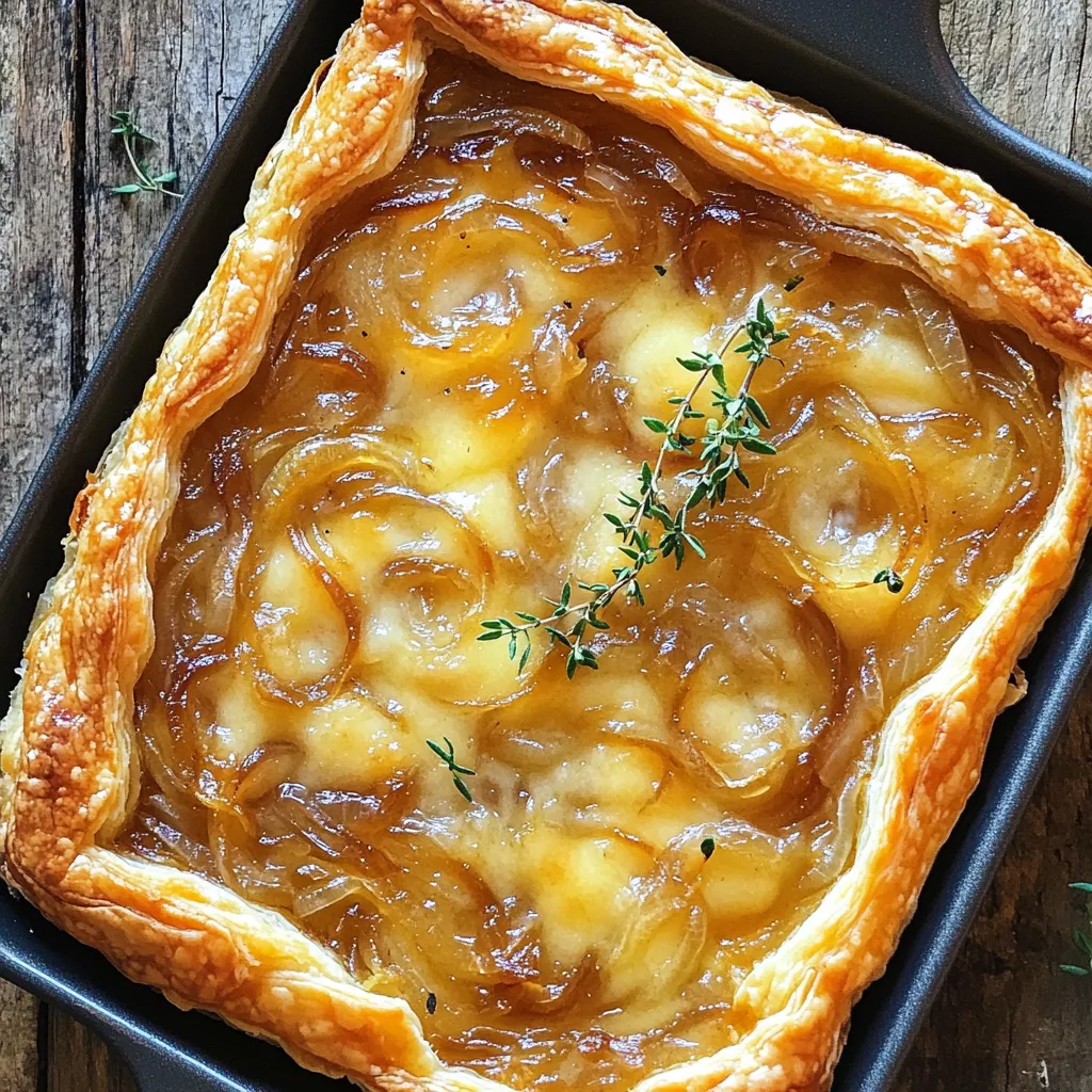 - 1 sheet puff pastry, thawed - 3 large yellow onions, thinly sliced - 2 tablespoons unsalted butter - 1 tablespoon olive oil - 1 teaspoon sugar - 1 teaspoon fresh thyme leaves (or ½ teaspoon dried thyme) - Salt and pepper to taste - 1 ½ cups grated Gruyére cheese - 2 large eggs - ½ cup heavy cream - ¼ teaspoon nutmeg (freshly grated if possible) Each ingredient plays a big role in the taste of the tart. The puff pastry gives a flaky base. The onions add sweetness when caramelized. The Gruyére cheese makes it creamy and rich. - 9-inch tart pan - Large skillet - Mixing bowl - Whisk - Parchment paper - Pie weights or dried beans Having the right tools makes cooking easier. A tart pan helps shape the crust nicely. A skillet is perfect for caramelizing onions. - Instead of Gruyére, try Swiss or cheddar cheese for a different flavor. - Use shallots if you want a milder onion taste. - Replace heavy cream with half-and-half for a lighter option. - Fresh herbs can be swapped with dried ones if needed. These substitutions can work well if you have specific tastes or dietary needs. Each change may alter the taste but can still lead to a delicious tart. First, set your oven to 400°F (200°C). This step is vital for a crisp tart. Next, take your puff pastry and roll it out on a floured surface. You want it to fit a 9-inch tart pan. Trim the edges carefully, then prick the bottom with a fork. This helps prevent bubbles. Place parchment paper on top and add pie weights or dried beans. Bake for 15 minutes until it turns lightly golden. After that, remove the weights and set the pastry aside. To caramelize onions, you need a large skillet. Melt 2 tablespoons of unsalted butter and 1 tablespoon of olive oil over medium heat. Add 3 large yellow onions, thinly sliced. Sprinkle in 1 teaspoon of sugar and 1 teaspoon of fresh thyme leaves. Season with salt and pepper. Stir often for about 25-30 minutes. You want the onions to be golden brown and soft. This slow cooking brings out their sweet flavor. In a bowl, whisk together 2 large eggs, ½ cup of heavy cream, and ¼ teaspoon of nutmeg. Add a pinch of salt and pepper for taste. Then, mix in 1 ½ cups of grated Gruyére cheese and the caramelized onions. Make sure everything combines well. Pour this rich mixture into your pre-baked tart shell. Spread it out evenly so each slice has a good amount of filling. Now, it's time to bake the tart. Place it in your preheated oven for 25-30 minutes. Look for a golden brown top and a set filling. Once done, let the tart cool for about 10 minutes before slicing. This cooling time helps the filling firm up a bit more, making it easier to cut. Enjoy the wonderful flavors you created! To caramelize onions, use a large skillet. Start on medium heat and add butter and olive oil. Thinly slice three large yellow onions. Add them to the skillet along with sugar, thyme, salt, and pepper. Stir often for about 25-30 minutes. The onions should turn golden brown and sweet. Don’t rush this step! Patience is key for that deep flavor. When using puff pastry, roll it out on a floured surface. Make sure it fits a 9-inch tart pan. Prick the bottom with a fork to avoid bubbles. Place parchment paper on top and add pie weights or dried beans. Bake for 15 minutes at 400°F (200°C) until lightly golden. This method creates a crisp base for the tart. Serve the tart warm and garnish with fresh thyme leaves. A light drizzle of olive oil adds shine. Pair it with a simple green salad for a balanced meal. You could also serve it with a glass of white wine. This enhances the rich flavors of the Gruyére cheese. {{image_2}} You can change the flavor of your tart by using different cheeses. Try sharp cheddar for a tangy twist. Goat cheese can add a creamy, rich depth. If you love blue cheese, it pairs well with the sweet onions. Mixing cheeses can also create a unique taste. Just keep the total amount around 1.5 cups to ensure a good texture. This tart is perfect for adding veggies! Spinach adds a nice color and flavor. Mushrooms can bring an earthy taste. Bell peppers or zucchini also work well. Just sauté them before adding to the mix. Always strain extra moisture from veggies to avoid a soggy tart. These add-ins keep your meal fresh and colorful. While thyme is a classic choice, don’t be afraid to experiment with other herbs. Basil or rosemary can give a new twist. A pinch of smoked paprika can add a subtle heat. You can also use garlic for a bolder flavor. Just remember to balance strong tastes with the sweet onions. These changes can make each tart unique and exciting. To keep your tart fresh, first let it cool completely. Next, wrap it in plastic wrap or aluminum foil. Store it in the fridge for up to three days. This helps keep the flavors intact and the crust from getting soggy. When you're ready to enjoy your tart again, preheat your oven to 350°F (175°C). Place the tart on a baking sheet. Heat it for about 10-15 minutes. This method helps restore the crispy crust and warms the filling evenly. Avoid using the microwave, as it can make the pastry soft. If you want to save the tart for later, you can freeze it. Wrap the cooled tart tightly in plastic wrap, then in foil. It can last up to three months in the freezer. To thaw, move the tart to the fridge overnight. Reheat as described above for the best results. You can serve this tart with many sides. A simple green salad is great. Try adding a light vinaigrette for extra flavor. You can also pair it with roasted vegetables. They add color and health. A bowl of soup works well too. Tomato basil soup is a classic choice. You might also enjoy it with a glass of white wine. The tart's rich taste matches perfectly with crisp wine. Yes, you can use different cheeses. Fontina or cheddar are good options. Both melt well and have great flavor. Goat cheese adds a tangy twist. You can also mix cheeses for a unique taste. Just keep in mind that the flavor may change. Gruyere offers a nutty taste that many love. The tart can last about 3 to 4 days in the fridge. Make sure to cover it well. Use plastic wrap or an airtight container. This keeps it fresh and tasty. You might notice the crust gets a bit soft. Reheating can help restore some of the crispness. Yes, you can make this tart ahead of time. Prepare it a day before and store it in the fridge. You can also bake it and reheat later. Just cover it well to keep it fresh. This makes for an easy meal when you're busy. You have learned how to make a delicious Caramelized Onion Gruyere Tart. We covered key ingredients, cooking tips, and variations to fit your taste. Remember, perfect caramelized onions and flaky pastry make this dish shine. Don’t hesitate to experiment with flavors and cheeses. Enjoy every bite, whether you serve it warm or store it for later. Cooking can be fun and simple, so keep trying new recipes!
