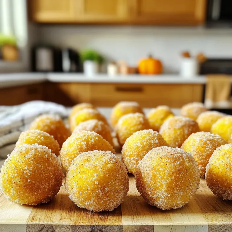 To make Air Fryer Crispy Pumpkin Donut Holes, you need some simple ingredients. Here’s the list: - 1 cup canned pumpkin puree - 2 cups all-purpose flour - 3/4 cup granulated sugar - 2 teaspoons baking powder - 1 teaspoon baking soda - 1 teaspoon ground cinnamon - 1/2 teaspoon ground nutmeg - 1/2 teaspoon ground ginger - 1/4 teaspoon salt - 1/2 cup milk - 1/4 cup vegetable oil - 1 large egg - 1 teaspoon vanilla extract - Cinnamon sugar mix (1/2 cup sugar with 1 tablespoon cinnamon) for coating Each ingredient plays a key role. The pumpkin puree gives moisture and flavor. Flour helps hold it all together. Sugar adds sweetness, while baking powder and baking soda help them rise. Spices like cinnamon and nutmeg give that warm, cozy taste. You can find these ingredients at any grocery store. Make sure to choose quality items. Fresh spices enhance the flavor. Canned pumpkin is easy and tasty. If you have dietary needs, you can swap ingredients. For example, use almond milk instead of regular milk. This makes the recipe fit more diets. With these ingredients, you are ready to create tasty donut holes. They will be crispy on the outside and soft on the inside. Enjoy the cooking process! 1. In a large mixing bowl, combine the canned pumpkin puree, milk, vegetable oil, egg, and vanilla extract. 2. Mix all these wet ingredients together until smooth. 1. In a separate bowl, whisk together the flour, granulated sugar, baking powder, baking soda, ground cinnamon, ground nutmeg, ground ginger, and salt. 2. Make sure this bowl is ready for the next step. 1. Gradually add the dry mixture to the wet ingredients. Stir gently until just blended. 2. Be careful not to over-mix; the dough should be thick yet manageable. 1. Scoop small portions of dough, about one tablespoon each. Roll them into balls. 2. Preheat your air fryer to 350°F (175°C). 1. Place the donut holes in the air fryer basket in a single layer. Avoid overcrowding them. 2. Spray lightly with cooking oil. Air fry for 8 to 10 minutes until golden brown. Shake the basket halfway through for even cooking. 1. Once they are done, remove the donut holes from the air fryer. Roll them in the cinnamon sugar mix for a sweet touch. 2. Allow them to cool slightly before serving, but they taste best warm! - Importance of air circulation: Air circulation is key for crispy donut holes. The air fryer cooks by circulating hot air. This creates a crunchy outside while keeping the inside soft. Make sure to spread the donut holes out in the basket. This helps the hot air reach every part of the dough. - Use of cooking spray: A light spray of cooking oil on the donut holes helps them crisp up. It creates that golden, crunchy texture we all love. Use a spray bottle for an even coat. This small step makes a big difference. - Avoiding over-mixing: When you mix the wet and dry ingredients, stop as soon as they combine. Over-mixing can make the donuts tough. Aim for a thick but smooth dough. It’s okay if there are a few lumps. - Not overcrowding the fryer: Keep the donut holes in a single layer. If you pile them up, they won’t cook evenly. Fry them in batches if needed. This ensures each donut hole gets that perfect crisp. - Adding nutmeg or ginger variations: Want to spice things up? Add more nutmeg or ginger to the dough. These spices give a warm flavor that pairs well with pumpkin. You can also mix in a bit of allspice for extra depth. - Substitute ingredients for dietary needs: If you have dietary needs, you can easily swap ingredients. Use almond milk instead of regular milk for a dairy-free option. For gluten-free, try a gluten-free flour blend. These changes keep the flavors intact while meeting your needs. {{image_2}} 1. Chocolate pumpkin variations You can add cocoa powder to the dough. Start with 1/4 cup of unsweetened cocoa. Mix it in with the dry ingredients. This gives your donut holes a rich, chocolatey taste. It pairs well with pumpkin. You could also dip them in melted chocolate after cooking. 2. Adding nuts or chocolate chips For extra crunch, add chopped nuts. Walnuts or pecans work great. Mix in about 1/2 cup before shaping the dough. You can also fold in chocolate chips for a sweet surprise. This adds fun textures and flavors to your bite. 1. Glaze instead of cinnamon sugar If you want a shiny finish, make a simple glaze. Mix powdered sugar with a bit of milk. Just enough to make a runny paste. Dip the warm donut holes in the glaze for a sweet touch. 2. Using powdered sugar For a classic look, roll the donut holes in powdered sugar. This adds sweetness without the spice of cinnamon. It also makes for a lovely presentation. 1. Egg substitutes To make these vegan, swap the egg for a flaxseed egg. Mix 1 tablespoon of flaxseed meal with 2.5 tablespoons of water. Let it sit for five minutes to thicken. This will help bind the dough just like an egg. 2. Flour alternatives If you need a gluten-free option, use a gluten-free flour blend. These blends usually work well in baking. Just make sure it has a binding agent like xanthan gum for the right texture. 1. How to store donut holes Store your donut holes in an airtight container. This keeps them fresh and soft. Allow the donut holes to cool completely before sealing. If you don't, moisture can form and make them soggy. 2. Container recommendations Use a plastic or glass container with a tight lid. A clear glass jar also works well. This way, you can see your tasty treats and keep them safe from air. 1. Using the air fryer for reheating Reheat your donut holes in the air fryer. Set it to 350°F (175°C) for about 3-5 minutes. This brings back their crispiness while warming them through. Just be sure to check on them to avoid overcooking. 2. Microwaving vs. oven reheating You can microwave them for a quick reheat. Just warm for 10-15 seconds. This method makes them soft but can lose crispiness. The oven is a good choice too, but it takes longer. Preheat to 350°F (175°C) and warm for about 5-7 minutes. 1. Steps for freezing To freeze donut holes, allow them to cool first. Arrange them in a single layer on a baking sheet. Freeze for about 1-2 hours until firm. Then, move them to a freezer-safe bag or container. 2. Thawing tips for best texture When ready to eat, take out the desired amount. Let them thaw in the fridge overnight for best results. If you want them warm, reheat in the air fryer for a few minutes. This helps restore their yummy texture. Yes, you can use fresh pumpkin. First, roast or steam the pumpkin. Then, mash it well. This gives a fresh flavor. Just make sure it’s smooth like canned puree. To make fluffy donut holes, mix gently. Over-mixing makes them tough. Also, be sure to add enough baking powder and baking soda. They help the donut holes rise while cooking. You can serve these donut holes with a sweet dip. A simple glaze or cream cheese frosting works great. Coffee or hot chocolate pairs well too. They add warmth and comfort to your snack. Yes, you can make them ahead. Prepare the dough and shape the donut holes. Keep them in the fridge for a day. Just air fry them when you're ready to enjoy! Check for a golden brown color. They should be firm to the touch. You can also use a toothpick. If it comes out clean, they are done and ready to coat in sugar! You now have all you need to create Air Fryer Crispy Pumpkin Donut Holes. We covered ingredients, step-by-step instructions, and tips for perfect results. Flavors can be varied, and storage is simple. Don't hesitate to try different coatings or even make vegan versions. Enjoy the fun of creating this treat and share it with others. Baking should be joyful and delicious! Now it’s time to get cooking and enjoy your tasty creations!