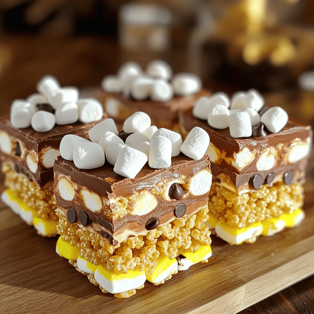 The ingredients for No-Bake S’mores Rice Krispie Treats are simple and fun. Each one plays a key role in making this snack special. Here’s what you need: - 3 cups Rice Krispies cereal - 2 cups mini marshmallows - 1 cup graham cracker crumbs - 1 cup chocolate chips - 1/2 cup unsweetened cocoa powder - 4 tablespoons unsalted butter - 1 teaspoon vanilla extract - A pinch of salt - Extra mini marshmallows and chocolate chips for topping Rice Krispies cereal gives a nice crunch. It holds everything together. Mini marshmallows add sweetness and a soft texture. They melt down, creating a gooey base. Graham cracker crumbs bring that classic s'mores flavor. They add a hint of cinnamon and a slight crunch. Chocolate chips offer rich, creamy flavor. They melt slightly when mixed in, adding joy to every bite. Unsweetened cocoa powder deepens the chocolate taste. It makes the treats extra special and rich. Unsalted butter helps bind everything together. It adds creaminess and flavor. Vanilla extract enhances the taste. It adds warmth and depth. A pinch of salt balances the sweetness and rounds out the flavors. Finally, the extra mini marshmallows and chocolate chips on top make these treats look great. They also add a bit of extra fun in every bite. With these ingredients, you can easily make a delightful snack that everyone will love! 1. Start by melting the butter. Place it in a large saucepan over low heat. Stir gently until it melts completely. 2. Next, add the mini marshmallows to the melted butter. Keep stirring until all the marshmallows melt and mix well with the butter. This creates a gooey base for our treats. 1. Once the marshmallows are melted, remove the saucepan from heat. Then, stir in the vanilla extract and a pinch of salt. This adds flavor to your treats. 2. Gradually mix in the cocoa powder. Stir until it is fully blended with the marshmallow mixture. 3. Now, it’s time to add the Rice Krispies cereal and graham cracker crumbs. Stir well until every piece is coated in the marshmallow mix. This step is crucial for even flavor. 1. Gently fold in the chocolate chips. The heat from the mixture will slightly melt them, creating pockets of chocolate. 2. Prepare an 8x8-inch baking dish by lining it with parchment paper. Leave some paper hanging over the sides for easy removal later. 3. Pour the Rice Krispie mixture into the dish. Press it down firmly using a spatula or your hands. This compacting helps the treats hold their shape. 4. For extra flavor, sprinkle additional mini marshmallows and chocolate chips on top. 5. Let the mixture set at room temperature for at least 30 minutes. Once set, cut into squares or bars. Enjoy your delicious no-bake treats! To get the best texture, melt the marshmallows just right. Heat them slowly over low heat. Stir them constantly until they become smooth and creamy. If they get too hot, they can become hard. After mixing, press down the mixture firmly in the pan. This helps the treats hold together better. You can easily boost the flavor with extra toppings. Consider adding crushed graham crackers or more chocolate chips on top. You can also use flavored chocolate. Try milk chocolate or dark chocolate for a richer taste. These small changes can make a big difference. Watch out for a few common mistakes. One big mistake is overheating the marshmallows. If they get too hot, the treats may end up hard. Another mistake is not compacting the mixture enough. If you don’t press it down well, the bars can crumble when you cut them. Be mindful of these tips to make perfect treats every time. {{image_2}} You can change the flavors of No-Bake S’mores Rice Krispie Treats in fun ways. Adding peanut butter gives a rich taste. Just mix in half a cup of creamy peanut butter with the melted marshmallows. The treats will be chewy and nutty. Using different types of chocolate also adds variety. You can try dark chocolate, milk chocolate, or even white chocolate. Each choice brings its own unique flavor. Experiment to find your favorite! For those with dietary needs, you can make these treats gluten-free. Simply use gluten-free graham crackers. They taste just as good and keep the s'mores flavor alive. You can also make vegan versions. Replace the unsalted butter with coconut oil. Use dairy-free chocolate chips and vegan marshmallows. You'll still enjoy a delicious treat without any animal products. Adding seasonal toppings is a great way to customize your treats. In fall, sprinkle pumpkin spice on top. For winter, add crushed peppermint. These twists make your treats feel festive. You can also create themed designs for special occasions. For a birthday, use colorful sprinkles. For a holiday, shape the treats into stars or hearts. Get creative and have fun with your designs! Store your No-Bake S’mores Rice Krispie Treats in airtight containers. This keeps them fresh and safe. I recommend using plastic containers with tight lids. If you need to stack them, place parchment paper between layers. This helps prevent sticking. If your kitchen is warm, refrigerate the treats. They will stay fresh longer. Just wrap them in plastic before placing them in the fridge. These treats can last about a week. Keep them in a cool, dry place. If you need them to last longer, you can freeze them. Wrap individual bars in plastic wrap, then place them in a freezer bag. This way, they stay fresh for up to three months. If your treats get hard, don’t worry. You can soften them easily. Place a damp paper towel on top and microwave for a few seconds. Check often to avoid melting. For reheating, using the microwave works best. Heat them in short bursts. This keeps the treats soft without overdoing it. Enjoy your tasty snack anytime! Yes, you can make these treats ahead of time. They stay fresh for about a week. Store them in an airtight container. For longer storage, you can freeze them for up to three months. You can substitute some ingredients. For example, use crunchy peanut butter instead of butter for a nutty flavor. You can also replace mini marshmallows with larger ones, but cut them down. If you want a different taste, try using milk chocolate instead of semi-sweet. To know if they are set, check for firmness. The mixture should hold its shape when pressed. After about 30 minutes, they should be cool to the touch. If you can cut them easily, they are ready. You learned how to make delicious rice crispy treats today. We covered all the key ingredients and steps, plus tips for great texture. Variations keep this treat fun, so mix it up with peanut butter or seasonal flavors. Store them right to enjoy for longer. With these details, you can bake treats that everyone will love. Dive into your kitchen and get started on this sweet adventure!