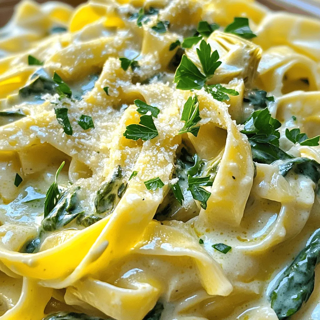 - 8 oz fettuccine or pasta of choice - 1 tablespoon olive oil - 3 cloves garlic, minced - 1 can (14 oz) artichoke hearts, drained and chopped - 2 cups fresh spinach, roughly chopped - 1 cup heavy cream - 1 cup cream cheese, softened - 1 cup grated Parmesan cheese - Salt and pepper to taste - 1 teaspoon red pepper flakes (optional for heat) - Fresh parsley, chopped for garnish Gather these ingredients before you start cooking. Having everything ready makes cooking smooth and fun. Choose your favorite pasta. Fettuccine is great, but any type works well. The olive oil adds a nice flavor when you sauté the garlic. Minced garlic gives the dish a fragrant kick. Artichoke hearts add a unique taste and texture. Fresh spinach brings color and nutrients. The cream and cream cheese create a rich sauce that makes the pasta creamy. Parmesan cheese adds extra flavor and a cheesy finish. Don’t forget to check your seasonings! Salt and pepper are key to making the dish shine. If you like some heat, add red pepper flakes. Garnish with fresh parsley to make your dish look pretty and fresh. This mix of ingredients will give you a tasty Creamy Spinach Artichoke Pasta that everyone will love. 1. Start by boiling a large pot of salted water. 2. Once boiling, add 8 oz of fettuccine. 3. Cook the pasta until it is al dente, which means it should be firm to the bite. 4. Before draining, reserve about 1 cup of pasta water. This water helps make your sauce creamy. 1. In the same pot, heat 1 tablespoon of olive oil over medium heat. 2. Add 3 cloves of minced garlic and sauté for about 1 minute. You want it fragrant but not brown. 1. Stir in the drained and chopped artichokes. Use one can, about 14 oz. 2. Next, add 2 cups of fresh spinach. Cook for 2 to 3 minutes until the spinach wilts down. 3. Lower the heat, then add 1 cup of heavy cream and 1 cup of softened cream cheese. 4. Stir continuously until the cream cheese melts, creating a smooth sauce. 1. Add the cooked pasta to the pot. Toss until everything combines well. 2. If the sauce feels too thick, slowly mix in some reserved pasta water until it reaches your desired consistency. 3. Finally, mix in 1 cup of grated Parmesan cheese. Stir until it’s melted and well combined. Season with salt, pepper, and red pepper flakes if you like some heat. - How to cook pasta perfectly: Start with a large pot of salted water. Bring it to a boil, then add your fettuccine. Cook until it is al dente, which means it should be firm yet cooked through. This usually takes about 8-10 minutes. Remember to stir occasionally to prevent sticking. - Ensuring creamy sauce consistency: For a smooth sauce, keep the heat low after adding the heavy cream and cream cheese. Stir continuously until the cream cheese melts fully. This helps the sauce stay creamy and prevents it from curdling. - Using reserved pasta water effectively: Always save about a cup of pasta water before draining. If your sauce is too thick, add a little pasta water at a time. This will loosen the sauce and help it cling to the pasta better. - Serving ideas for visual appeal: Serve the pasta in shallow bowls. This allows the creamy sauce to spread nicely and gives a lovely view of the artichokes and spinach. - Garnishing with parsley and Parmesan: Top your dish with fresh parsley and an extra sprinkle of grated Parmesan. This adds color and a burst of flavor, making your dish look and taste even better. - Overcooking the pasta: Keep an eye on the clock! Overcooked pasta turns mushy. Stick to the package instructions for best results. - Not melting the cream cheese fully: Make sure the cream cheese is softened to room temperature before adding it. If it doesn’t melt, your sauce will not be smooth. - Under-seasoning the dish: Taste your dish before serving. Don’t be afraid to add salt, pepper, or red pepper flakes. This will enhance all the flavors and make your pasta pop! {{image_2}} You might run out of heavy cream. No worries! You can use half-and-half or whole milk instead. For a lighter touch, try Greek yogurt. It adds creaminess without too many calories. If you're dairy-free, look for cream cheese made from nuts or soy. Nutritional yeast makes a great substitute for Parmesan cheese. It adds a cheesy flavor without the dairy. Want to boost the flavor? Adding protein can make it heartier. You can stir in cooked chicken, shrimp, or even tofu. Each option brings its own unique taste. You can also add more veggies. Mushrooms and bell peppers work well. They add texture and color to your dish. Just sauté them with the garlic before adding the artichokes and spinach. Change up the dish for the seasons. In summer, add fresh tomatoes. They give a juicy burst to every bite. Just chop them and toss them in at the end. In fall, use butternut squash. It adds a sweet, nutty flavor. Simply roast it and mix it in before serving. Each season brings a new taste to enjoy. To store leftover Creamy Spinach Artichoke Pasta, let it cool first. Place it in an airtight container. This helps keep it fresh. You can store it in the fridge for up to three days. When reheating, use a microwave or stovetop. If using the microwave, heat it in short bursts. Stir it often to avoid hot spots. On the stovetop, add a splash of water or cream to keep it moist. Heat over low heat, stirring gently. You can freeze this pasta dish for later use. First, let the pasta cool completely. Then, transfer it to a freezer-safe container. You can also use freezer bags. Make sure to remove as much air as possible. This will help prevent freezer burn. The dish can last in the freezer for up to two months. To defrost, place it in the fridge overnight. For reheating, use the microwave or stovetop again. Just add a little liquid to keep it creamy. In the fridge, your Creamy Spinach Artichoke Pasta lasts about three days. After that, check for signs of spoilage. These signs include an off smell or a change in color. If you see mold, it's best to throw it away. Always trust your senses. When in doubt, do not eat it. Yes, you can make this pasta ahead. Cook the dish and let it cool. Store it in an airtight container in the fridge. It stays good for up to three days. When ready to eat, just reheat it on the stove. Add a splash of water to keep it creamy. This dish pairs well with many sides. Consider serving it with a simple green salad. Garlic bread also complements the creamy flavors nicely. For a heartier meal, grilled chicken or shrimp works great. Absolutely! This pasta is a fantastic meal prep dish. You can divide it into single servings. Store in containers for easy grab-and-go meals. Just reheat when you are ready to eat. Yes, frozen spinach works well in this recipe. Just make sure to thaw and drain it first. This helps avoid excess water in the dish. Using frozen spinach saves time and is convenient. To add more heat, mix in extra red pepper flakes. You can also use diced jalapeños for a fresh kick. For a different flavor, try adding hot sauce to taste. Adjust the spice level to your liking! Creamy Spinach Artichoke Pasta is simple and delicious. We covered key ingredients, cooking steps, and helpful tips. I shared variations to suit your taste and how to store leftovers safely. This dish is perfect for a quick meal or impressing guests. Try it out and enjoy every bite! Your kitchen will smell wonderful, and you’ll have a great meal to share. Don't forget to experiment with your favorite flavors. Happy cooking!