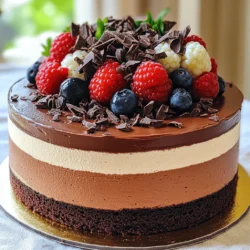 - 1 cup all-purpose flour - 1 cup granulated sugar - 1/2 cup unsweetened cocoa powder - 1 teaspoon baking powder - 1/2 teaspoon baking soda - 1/4 teaspoon salt - 1/2 cup unsalted butter, melted - 2 large eggs - 1 teaspoon vanilla extract - 1/2 cup buttermilk - 1/2 cup boiling water - 5 ounces dark chocolate (70% cocoa), chopped - 2 tablespoons unsalted butter - 3 large eggs, separated - 1/4 cup granulated sugar - 1/2 cup heavy cream - 5 ounces milk chocolate, chopped - 5 ounces white chocolate, chopped - 2 tablespoons unsalted butter (each) - 3 large eggs, separated (each) - 1/4 cup granulated sugar (each) - 1/2 cup heavy cream (each) The ingredients for the Triple Chocolate Mousse Cake create layers of pure joy. Each type of chocolate adds its unique flavor and texture. For the cake, we use basic pantry items. Flour, sugar, and cocoa powder give the cake its structure and rich taste. Baking powder and baking soda help it rise. The combination of melted butter and eggs keeps it moist. The dark chocolate mousse uses 70% cocoa chocolate for a deep flavor. We mix it with butter, egg yolks, and sugar. Heavy cream adds lightness to this rich mousse. For the milk and white chocolate mousses, we repeat the process. Each mousse uses the same base of chocolate, butter, egg yolks, sugar, and cream. This creates a smooth texture that melts in your mouth. Gather these ingredients, and you’ll be ready to create a dessert that impresses and delights. 1. Preheat your oven to 350°F (175°C). Grease and flour an 8-inch round cake pan. 2. In a large bowl, mix together the flour, sugar, cocoa powder, baking powder, baking soda, and salt. 3. Add the melted butter, eggs, vanilla extract, and buttermilk. Stir until well mixed. 4. Carefully stir in the boiling water. The batter will be thin. 5. Pour the batter into your prepared cake pan. Bake for 30 to 35 minutes. 6. Check for doneness by inserting a toothpick. It should come out clean. Let the cake cool in the pan. 1. In a microwave-safe bowl, melt the dark chocolate and butter. Do this in 30-second intervals, stirring until smooth. 2. In another bowl, whisk the egg yolks and sugar until they become pale and thick. 3. Fold the melted chocolate into the egg yolk mixture until it is well combined. 4. In a clean bowl, whip the heavy cream until soft peaks form. Gently fold this into the chocolate mix. 5. Beat the egg whites in a separate bowl until stiff peaks form. Carefully fold these into the mousse. Refrigerate for at least 1 hour. 1. For the milk chocolate mousse, repeat the steps using the milk chocolate. Use the same amounts as for the dark chocolate mousse. 2. For the white chocolate mousse, do the same process with white chocolate. Follow the same steps as before. 1. Once the cake is fully cooled, carefully slice it in half horizontally. 2. Place one layer on a serving plate. Spread half of the dark chocolate mousse on top. 3. Add the second layer of cake and spread half of the milk chocolate mousse on it. 4. Place the last layer of cake and spread the white chocolate mousse on top, covering it completely. 5. Chill the assembled cake for at least 4 hours or overnight to let the mousse set. 1. When ready to serve, slice the cake to see those beautiful layers. 2. You can add a dollop of whipped cream on each slice if you like. Enjoy! To create an airy mousse, start with the right techniques. Always use fresh eggs for the best volume. When beating egg whites, ensure your bowl is grease-free. This helps them whip up nicely. Use a clean bowl for folding in the whipped cream. This keeps your mousse light. For tools, a hand mixer or stand mixer works great. A rubber spatula is key for folding ingredients gently. This keeps air in your mousse, making it fluffy. Temperature matters too. Melt your chocolate slowly to avoid burning. Let it cool a bit before mixing it with egg yolks. This prevents the eggs from cooking. Timing is also important; fold in the whipped cream gently and quickly. Garnish your cake for an elegant finish. Use chocolate shavings, fresh berries, or edible flowers on top. They add color and make the cake pop. For flawless slices, use a sharp knife. Dip it in hot water before slicing. Wipe it clean between cuts. This keeps each slice neat and shows off the layers. One mistake is overmixing the mousse. This can deflate the air you worked hard to create. Be gentle when folding in the whipped cream and egg whites. Another issue is not cooling the cake enough. If the cake is warm, the mousse may melt. Always let the cake cool completely before adding mousse. Lastly, don’t skip the chilling time. Chilling the cake for at least four hours is crucial. It helps the mousse set and makes cutting easier. {{image_2}} You can change the flavor of your mousse cake easily. Adding extracts like mint or orange gives it a fresh twist. Just a teaspoon can change the whole taste. You can also mix in coffee or liqueurs. A splash of Kahlua or espresso enhances the chocolate flavor. This makes each layer even more special. Need gluten-free options? Swap all-purpose flour for almond or gluten-free flour. This will keep the cake moist and rich. For a dairy-free mousse, use coconut cream instead of heavy cream. You can also use dairy-free chocolate. These swaps make the cake friendly for many diets. Seasonal fruits add color and taste. Try fresh strawberries in summer or pumpkin purée in fall. You can also play with toppings. For Christmas, add peppermint extract to the white mousse. This gives a festive flavor. Each season brings new ideas for this delightful cake! To keep your Triple Chocolate Mousse Cake fresh, store it in the fridge. Place it in an airtight container to prevent it from drying out. If you don’t have one, cover the cake tightly with plastic wrap. This will help keep the flavors intact. Always ensure the cake is fully cooled before storing. For leftovers, slice individual pieces and wrap them in plastic wrap. This makes it easy to grab a piece when you want a sweet treat. Just remember to store it in the fridge. You can freeze the cake layers and mousses if you need to save some for later. To freeze the cake layers, wrap each layer tightly in plastic wrap. Place them in a freezer-safe bag or container. This helps avoid freezer burn. For the mousses, you can freeze them in small portions. Use ice cube trays or small containers. When you want to enjoy them again, just take them out and let them thaw in the fridge. This will help keep their texture nice. In the fridge, the Triple Chocolate Mousse Cake will last about 3 to 5 days. Keep an eye on the cake for any signs of spoilage. If you notice any off smells or a change in texture, it’s best to toss it. Always trust your senses! Triple Chocolate Mousse Cake is a rich dessert made of three chocolate layers. Each layer features a different type of chocolate mousse: dark, milk, and white. The cake base is a moist chocolate cake that holds the smooth mousses. This cake offers a delightful mix of flavors and textures. It has a soft cake layer and fluffy mousse layers, creating a melt-in-your-mouth experience. Yes, you can make this cake ahead of time. In fact, it tastes better when chilled overnight. You can bake the cake and prepare the mousses a day before serving. Just assemble the cake and chill it. This allows the flavors to blend and the mousse to set perfectly. Absolutely! You can use any chocolate you like. For example, you can swap dark chocolate for bittersweet or use semi-sweet chocolate instead. Each type will give a unique flavor. Just remember to adjust the sugar to taste, as different chocolates vary in sweetness. To get the best mousse texture, focus on a few key steps: - Whip your cream to soft peaks. This helps make the mousse light. - Fold gently when mixing the whipped cream with the chocolate. This keeps the air in the mixture. - Beat egg whites until stiff peaks form. This adds volume to the mousse. - Chill the mousse before using it. It helps it set and become airy. By following these tips, you will create a light and fluffy mousse that delights! You now have all the steps to create a delicious Triple Chocolate Mousse Cake. We covered key ingredients, detailed instructions, and helpful tips. Perfecting this recipe takes some practice, but the results are worth it. Don’t forget to try the flavor variations and make substitutions to fit your needs. Remember to store the cake properly to maintain its deliciousness. With your skills and these guidelines, you can impress friends and family with this stunning dessert. Enjoy the journey of baking and savor every bite!