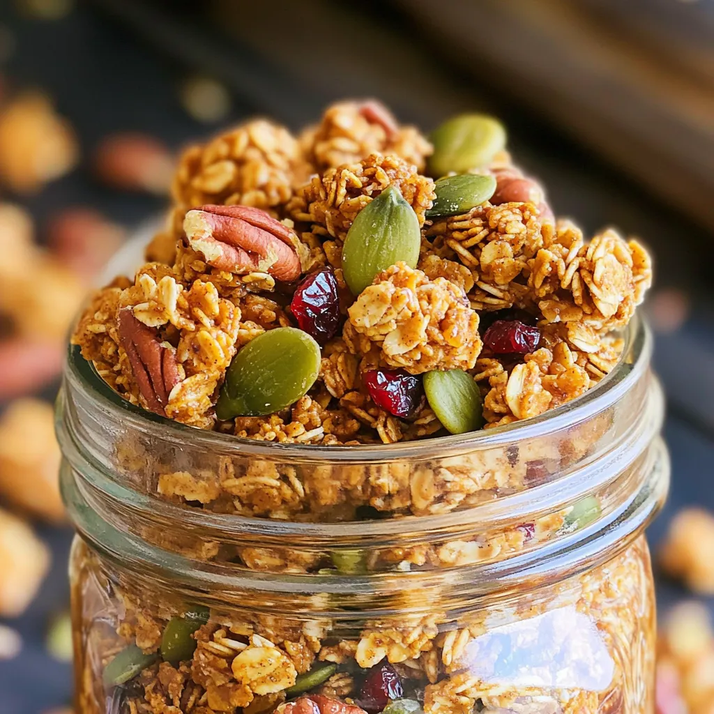 - 2 cups rolled oats - 1 cup pumpkin seeds - 1/2 cup chopped pecans - 1/2 cup honey or maple syrup These ingredients form the base of the granola. Rolled oats give it a hearty texture. Pumpkin seeds add crunch and nutrition. Chopped pecans bring a rich, nutty flavor. Honey or maple syrup binds the mix while adding sweetness. - 1/2 cup unsweetened pumpkin puree - 1/4 cup coconut oil, melted - 2 teaspoons pumpkin pie spice - 1/2 teaspoon vanilla extract - 1/4 teaspoon sea salt The flavoring ingredients make this granola special. Unsweetened pumpkin puree gives it that classic fall taste. Coconut oil adds richness and helps with baking. Pumpkin pie spice is key for that warm, cozy flavor. Vanilla extract enhances the sweetness, while sea salt balances all the flavors. - 1/2 cup dried cranberries - 1/2 cup raisins You can personalize your granola with these add-ins. Dried cranberries add a tart burst. Raisins bring extra sweetness. Mix and match these to suit your taste. They add color and fun to your clusters. 1. Preheat your oven to 350°F (175°C). This ensures the granola cooks evenly and gets golden brown. 2. Prepare the baking sheet by lining it with parchment paper. This helps prevent the granola from sticking and makes for easy cleanup. 1. Combine dry ingredients like rolled oats, pumpkin seeds, and chopped pecans in a large mixing bowl. Mix them well so they blend evenly. 2. Mix wet ingredients in a separate bowl. Whisk together honey (or maple syrup), pumpkin puree, melted coconut oil, pumpkin pie spice, vanilla extract, and sea salt until smooth. 3. Pour the wet mixture over the dry ingredients. Stir until all the dry ingredients are well coated. This step is key for flavor. 1. Spread the mixture onto the prepared baking sheet. Press it down firmly to form a compact layer. This helps create those crunchy clusters we love. 2. Bake for 25-30 minutes. Keep an eye on it and rotate the baking sheet halfway through for even cooking. Look for a nice golden color. 3. Cooling process: Once baked, take it out and let the granola cool completely on the baking sheet. It will harden as it cools, making those lovely clusters. Follow these steps for a delicious pumpkin spice granola that fills your kitchen with fall flavor! To get crunchy clusters, press the mixture down firmly on the baking sheet. This helps the granola stick together. Make sure to bake it long enough. I suggest 25 to 30 minutes at 350°F. Keep an eye on it. You want a nice golden brown color. Cooling is key to achieving the right texture. Once you take it out of the oven, let the granola cool completely on the baking sheet. It will harden as it cools. Don't rush this step. If you break it apart too soon, it will crumble instead of form nice clusters. You can boost the flavor by adding more spices. Try a pinch of nutmeg or cinnamon for extra warmth. These spices work well with pumpkin. You can also mix in nuts or seeds. Almonds or sunflower seeds add a nice crunch. Feel free to get creative with your choices. There are many fun ways to serve your granola. You can layer it in a mason jar with yogurt and fresh fruit. This makes a beautiful breakfast or snack. Another idea is to sprinkle it on top of oatmeal or smoothie bowls. It adds a tasty crunch and flavor. {{image_2}} You can swap nuts and seeds for more flavor. Try using almonds and sunflower seeds. They add a nice crunch and taste. Walnuts and flaxseeds work well too. Walnuts give a rich flavor, while flaxseeds add fiber and nutrition. Mix and match to find your favorite blend. Sweeteners can change the taste of your granola. Maple syrup gives a deep, rich flavor. Honey is sweet and adds a golden hue. You can also try other natural sweeteners like agave syrup or brown rice syrup. Each one brings a unique touch to your clusters. Add seasonal treats to your granola. Chocolate chips are a fun choice for a sweet twist. They melt slightly and create a gooey texture. Fall fruits like apples or pears also make great additions. Chop them up and mix them in for a burst of flavor and freshness. To keep your pumpkin spice granola clusters fresh, use airtight containers. These containers help keep air out and moisture in. Store them at room temperature for the best texture and flavor. When stored properly, granola stays fresh for up to two weeks. After that, it may lose its crunch and flavor. Make sure to check for any signs of spoilage, like a strange smell or change in texture. You can freeze granola to extend its shelf life. First, let the granola cool completely. Then, place it in a freezer-safe bag or container. Remove as much air as possible before sealing. When you're ready to use it, simply take out the amount you need and let it thaw at room temperature. This way, you can enjoy your tasty treat even longer! You can easily make this granola vegan by swapping ingredients. Instead of honey, use maple syrup. This keeps the sweetness without using animal products. Also, check your coconut oil. Make sure it is vegan-friendly, which most brands are. Yes, rolled oats work well in this recipe. They give a chewy texture and hold up during baking. Quick oats can make the granola softer. But rolled oats provide a nice crunch. If your granola falls apart, you may need to adjust the wet mix. Ensure you coat the dry mix well. Press the mixture firmly onto the baking sheet. This helps it stick together. If it still doesn't hold, add more pumpkin puree or honey. These will help create those tasty clusters! This blog post covered how to make tasty pumpkin spice granola. We discussed the key ingredients, including oats, nuts, and sweeteners. I shared step-by-step instructions for mixing and baking your granola. Plus, I gave helpful tips to perfect the texture and flavor. Consider trying different nut combinations or seasonal add-ins to keep it exciting. Remember to store your granola correctly so it stays fresh. Now, you have all the tools to create your own delicious batches. Enjoy the crunch and flavors you made yourself!