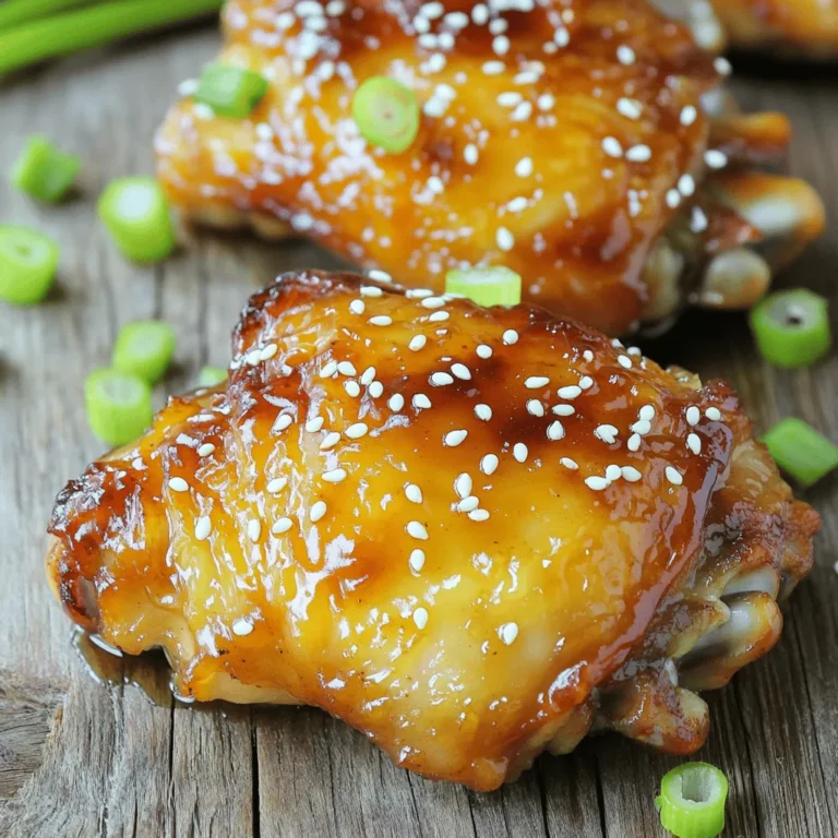 - 4 bone-in, skin-on chicken thighs - 1/4 cup honey - 3 tablespoons soy sauce - 3 cloves garlic, minced - 1 tablespoon ginger, grated - 1 tablespoon apple cider vinegar - 1 teaspoon sesame oil - Salt and black pepper, to taste - Sesame seeds, for garnish - Sliced green onions, for garnish For this recipe, I focus on simple, fresh ingredients. The chicken thighs offer a rich flavor. Honey brings sweetness, while soy sauce adds depth. Garlic and ginger give it a nice kick. Apple cider vinegar brightens the dish. Sesame oil adds a nutty flavor. Make sure to have sesame seeds and green onions ready for garnish. They add color and crunch. All these ingredients combine to create a delicious meal. Trust me, you will love this dish! Mixing the marinade Start by grabbing a large mixing bowl. In this bowl, whisk together the following: - 1/4 cup honey - 3 tablespoons soy sauce - 3 cloves garlic, minced - 1 tablespoon ginger, grated - 1 tablespoon apple cider vinegar - 1 teaspoon sesame oil - Salt and black pepper, to taste This mix creates a sweet and savory marinade. Coat chicken thighs Next, add 4 bone-in, skin-on chicken thighs to the bowl. Make sure each thigh gets a good coating of the marinade. You want every bite to be full of flavor. Marination time suggestions Cover the bowl and let the chicken marinate in the fridge. Aim for at least 30 minutes. For a deeper flavor, let it soak for up to 2 hours. This makes a big difference! Preheating temperature and time While the chicken marinates, set your air fryer to 380°F (193°C). Preheat it for about 5 minutes. This step helps the chicken cook evenly and get that crispy skin. Placement in air fryer Once marinated, take the chicken thighs out of the bowl. Make sure to reserve the marinade for later. Place the thighs skin-side down in the air fryer basket. This positioning helps crisp the skin nicely. Cooking time instructions Air fry the chicken for 18-20 minutes. Halfway through, flip the thighs over. This helps them cook evenly and ensures both sides are crispy. Checking for doneness To check if the chicken is done, use a meat thermometer. The internal temperature should reach 165°F (74°C). When you see the skin is golden and crispy, it’s time to take them out! Using reserved marinade In the last 5 minutes of cooking, brush the chicken with the reserved marinade. This step adds extra flavor and makes the thighs shine. Resting the chicken Once cooked, remove the chicken from the air fryer. Let it rest for a few minutes. This helps keep the juices inside, making each bite tender and juicy. Garnishing tips Before serving, sprinkle sesame seeds and sliced green onions on top. This adds a nice touch and makes the dish look beautiful. Enjoy your savory air fryer honey garlic chicken thighs! - Air fryer adjustments: Set your air fryer to 380°F (193°C). This heat helps crisp the skin. - Cooking techniques: Place chicken thighs skin-side down first. Flip them halfway for even crispiness. - Marination time: Let the chicken sit in the marinade for at least 30 minutes. For more depth, marinate for up to 2 hours. - Additional spice suggestions: Try adding red pepper flakes for heat or smoked paprika for a smoky flavor. - Adjusting time for boneless thighs: Boneless thighs cook faster. Reduce cooking time to 15-18 minutes. - Cooking larger quantities: If cooking more, do not overcrowd the air fryer. Work in batches for the best results. {{image_2}} You can switch up the sauce for fun. Here are two tasty options. - Teriyaki variation: Swap the honey and soy sauce for teriyaki sauce. This gives a sweet and savory taste. You might also add a bit of sesame oil for depth. - Spicy honey garlic alternative: Mix in chili flakes or sriracha with the honey. This will give your chicken a nice kick. Adjust the heat to your liking. Finding the right sides can elevate your meal. Here are my top picks. - Side dish pairings: Serve the chicken with steamed rice or a fresh salad. You can also pair it with roasted veggies for a healthy option. - Meal prep options: These thighs work great in meal prep. Cook a big batch and divide it into containers. Add some greens or grains for a quick lunch. You can adjust this recipe to fit your diet needs. Here are some ideas. - Gluten-free adaptations: Use gluten-free soy sauce instead of regular soy sauce. This keeps the dish safe for gluten-free diets. - Low-sugar alternatives: Replace honey with a sugar-free syrup. This keeps the sweetness without added sugars. After cooking, let the chicken cool down to room temperature. Then, place it in an airtight container. Storing the chicken this way keeps it fresh. You can keep it in the fridge for up to four days. Always check for any bad smells or changes in color before eating. To freeze the chicken, wrap each piece in plastic wrap. Then, place them in a freezer bag. Squeeze out as much air as possible before sealing. This helps prevent freezer burn. You can freeze the chicken for up to three months. When you’re ready to eat, move the chicken to the fridge to defrost overnight. To reheat, use the air fryer. Set it to 350°F (175°C) and heat for about 10-12 minutes. This will keep the chicken crispy. For the best taste, enjoy your honey garlic chicken thighs within four days if stored in the fridge. If frozen, aim to eat them within three months for optimal flavor. Always check for freshness before consuming. To check if chicken thighs are cooked through, use a meat thermometer. Insert it into the thickest part of the thigh. The internal temperature should reach 165°F (74°C). If you don't have a thermometer, cut into the thigh. The juice should run clear, not pink. Yes, you can use boneless chicken thighs. They will cook faster. Reduce the cooking time to about 15-18 minutes. Always check the temperature to ensure they are cooked through. To make the chicken less sweet, reduce the honey. Try using 2 tablespoons instead of 1/4 cup. You can also add more soy sauce or vinegar to balance the flavor. This will keep the dish tasty without being overly sweet. These chicken thighs pair well with several sides. Consider serving them with: - Steamed rice - Garlic mashed potatoes - Roasted vegetables - A crisp green salad Each option complements the sweet and savory flavors perfectly. This blog covered how to make air fryer honey garlic chicken thighs. You learned about ingredients, marinating, cooking times, and serving tips. We explored methods for achieving crispy skin and enhancing flavors. You also discovered variations, storage info, and answered common questions. Now you can create tasty meals with ease. Experiment and make this dish your own. Enjoy the process and the flavors!