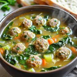 - 1 pound ground chicken (or turkey) - 1 cup breadcrumbs (preferably Italian seasoned) - 1/2 cup grated Parmesan cheese - 1 large egg, beaten - 2 tablespoons fresh parsley, chopped - 2 cups fresh spinach, chopped - 1 cup carrots, diced - 1 cup celery, diced The heart of this soup is the ground chicken or turkey. I love using ground chicken for its light flavor. It blends well with the spices and keeps the soup hearty. The breadcrumbs help bind the meatballs. I prefer Italian seasoned breadcrumbs for extra flavor. The grated Parmesan cheese adds a rich, savory touch. When you mix all these with the beaten egg, you create a great base for meatballs. Fresh veggies are essential too. Spinach adds a pop of green and nutrients. The carrots and celery give sweetness and crunch. Dice them finely so they cook well in the slow cooker. - 8 cups chicken broth - 1 teaspoon garlic powder - 1 teaspoon onion powder - Salt and pepper to taste - 1 teaspoon dried oregano - 1 teaspoon dried basil For the broth, I use chicken broth for a warm, savory flavor. The garlic and onion powders add depth. Salt and pepper bring the taste to life. Oregano and basil are classic Italian herbs. They add a lovely aroma and flavor. You can enhance the soup with optional ingredients. Try adding a bay leaf for extra warmth. A splash of lemon juice brightens the dish too. Feel free to get creative with your favorite herbs. This soup is all about comfort and flavor. First, gather your ingredients for the meatballs. You need: - 1 pound ground chicken (or turkey) - 1 cup breadcrumbs (preferably Italian seasoned) - 1/2 cup grated Parmesan cheese - 1 large egg, beaten - 2 tablespoons fresh parsley, chopped - 1 teaspoon garlic powder - 1 teaspoon onion powder - Salt and pepper to taste In a large mixing bowl, combine the ground chicken, breadcrumbs, Parmesan cheese, beaten egg, parsley, garlic powder, onion powder, salt, and pepper. Mix everything well until it forms a uniform mixture. It should be moist but not sticky. Next, shape this mixture into small meatballs. Aim for 1 inch in diameter. Place them on a plate as you work. This step is fun and allows you to feel like a chef. Now, let’s move on to the slow cooker. In the bowl of your slow cooker, add: - 8 cups chicken broth - 1 cup carrots, diced - 1 cup celery, diced - 1 teaspoon dried oregano - 1 teaspoon dried basil Stir these together to blend the flavors. Gently place your meatballs into the broth mixture. They will cook and get even tastier as they simmer. Cover the slow cooker. Set it to low and let it cook for 6-8 hours. If you’re short on time, you can set it to high for 3-4 hours. About 30 minutes before you plan to serve, it’s time to add the final touches. Add: - 1 cup orzo pasta - 2 cups fresh spinach, chopped Stir these into the soup, and cover again. Let it cook until the orzo is tender and the spinach wilts, which should take around 30 minutes. Before serving, taste the soup. Adjust the seasoning with a bit more salt or pepper if needed. This is key to making sure every bowl is perfect. Enjoy your hearty and flavorful Italian wedding soup! To make moist meatballs, use ground chicken or turkey. The egg helps bind and adds moisture. Breadcrumbs are key; I prefer Italian seasoned for extra flavor. When mixing, don’t overwork the meat. Form small meatballs, about an inch wide. This size cooks evenly and stays juicy. If you want to avoid dry meatballs, ensure your mixture is not too lean. Adding grated Parmesan cheese boosts flavor and moisture. You can easily adjust the herbs and spices to match your taste. Fresh parsley adds a bright touch, while dried oregano and basil give depth. Feel free to swap or add herbs based on what you like. You might try thyme or rosemary for a different flavor. Incorporating different vegetables makes this soup even better. You could add diced zucchini or bell peppers for more color and taste. Just remember to cut them small enough to cook through. Garnishing with extra Parmesan and fresh parsley makes your soup pop. It looks nice and adds more flavor. You can serve it hot in deep bowls, making it feel cozy. For a hearty meal, crusty bread on the side is perfect. It soaks up the broth and adds texture. Consider a nice Italian loaf or even garlic bread for a twist. This makes your Italian wedding soup a complete dish that everyone will love. {{image_2}} You can switch the ground chicken for beef or pork. Both meats add rich flavors. They work well in the soup's base. If you want a lighter option, try turkey instead. It keeps the dish tasty and healthy. For a vegetarian option, use plant-based meat or beans. You can make small veggie meatballs using lentils. This gives you the same comforting texture without meat. Just remember to season well to enhance the flavor. If you need a gluten-free option, swap the breadcrumbs for gluten-free ones. Many brands offer tasty gluten-free choices. You can also make your own from gluten-free bread. For the pasta, replace orzo with gluten-free pasta. Rice or quinoa works well, too. Just adjust the cooking time to ensure it's tender. You can enjoy this hearty soup while keeping it gluten-free. After you finish your soup, let it cool. Pour the leftover soup into airtight containers. Keep it in the fridge for up to three days. Make sure to label the containers with the date. When you’re ready to eat, take out the soup and pour it into a pot. Heat it on the stove over medium heat. Stir it often until it's hot all the way through. You can also use a microwave. Place the soup in a microwave-safe bowl. Heat for one minute, then stir. Continue heating in 30-second intervals until hot. If you want to save the soup for later, freezing is a great option. First, let the soup cool completely. Then, ladle it into freezer-safe bags. Squeeze out as much air as possible before sealing. Label each bag with the date. You can freeze the soup for up to three months. When you want to eat it, move a bag to the fridge overnight to thaw. If you're in a hurry, you can use cold water to thaw the bag. Just make sure it’s sealed tight. Once thawed, heat the soup on the stove or microwave. Enjoy the rich flavors just like when it was fresh! Slow Cooker Italian Wedding Soup lasts about three to four days in the fridge. Store it in an airtight container. Make sure to cool the soup to room temperature before refrigerating. This helps keep it fresh and safe to eat. Yes, you can make this soup ahead of time. It is great for meal prep. Cook the soup fully, then cool it down. Store in the fridge for up to four days. You can also freeze it for longer storage. Just make sure to leave out the orzo until you reheat. You can use other small pasta shapes if you want to replace orzo. Try ditalini, acini di pepe, or even rice. If using rice, adjust the cooking time since it may take longer to cook. Just add it with the spinach for the best results. This blog post covered how to make Italian wedding soup step by step. We explored key ingredients, like ground chicken and fresh veggies. I shared tips for crafting moist meatballs and customizing flavors. You learned about storage and variations for different diets. In conclusion, making this soup is rewarding and fun. Enjoy experimenting with ingredients to fit your taste. With these tips, you'll create a dish that friends and family will love. Keep cooking and share your delicious results!
