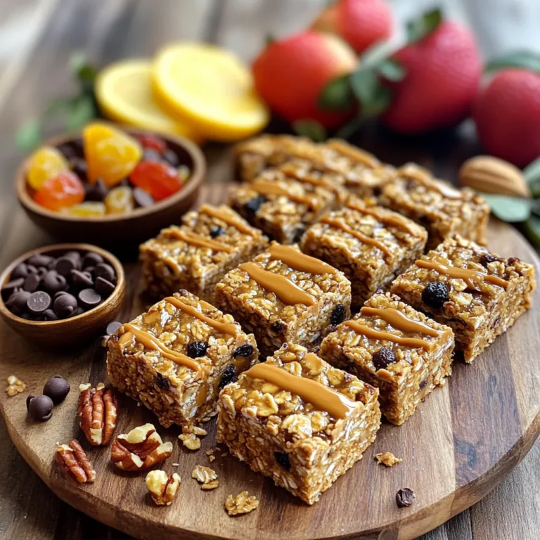 To make these tasty no-bake peanut butter granola bars, you need: - 2 cups rolled oats - 1 cup natural peanut butter - 1/2 cup honey or maple syrup - 1/2 cup chopped nuts (almonds, walnuts, or your choice) - 1/2 cup mini chocolate chips (optional) - 1/2 cup dried fruits (cranberries, raisins, or apricots) - 1 teaspoon vanilla extract - Pinch of salt These ingredients combine to make a chewy and satisfying snack. You can swap some ingredients if you want. Here are some ideas: - Use almond butter instead of peanut butter for a nut-free option. - Maple syrup works well if you want a vegan option. - You can choose any nuts you like. - For a different flavor, try adding spices like cinnamon or nutmeg. - If you want to skip chocolate chips, add more dried fruits instead. These swaps help you customize the bars to your taste. Each bar has a good mix of nutrients. Here’s a rough breakdown: - Calories: About 200 calories per bar - Protein: 6 grams - Carbs: 24 grams - Fats: 10 grams These bars are great for energy and perfect as a quick snack. Enjoy the crunch and sweetness while knowing you’re eating something healthy! First, get a big mixing bowl. Add 2 cups of rolled oats. Next, chop your nuts. You can use almonds or walnuts. Add 1/2 cup of these nuts to the bowl. Now, pick your dried fruits. Cranberries, raisins, or apricots work well. Toss in 1/2 cup of your choice. Mix all these dry ingredients well. You want them to blend evenly. Grab a small saucepan and low heat. Measure 1 cup of natural peanut butter. Add this to the pan. Now, pour in 1/2 cup of honey or maple syrup. Stir this mixture constantly. Keep stirring until it melts smooth. Make sure it does not boil. This should take just a few minutes. Once the peanut butter mixture is smooth, remove it from heat. Now, add 1 teaspoon of vanilla extract. Sprinkle in a pinch of salt. Stir well to combine. Pour this warm mix over your oat mixture. Stir until everything is coated. If you like chocolate, fold in 1/2 cup of mini chocolate chips. Now, line an 8x8 inch baking dish with parchment paper. Pour the granola mix into the dish. Press it down firmly using a spatula. This helps it stick together. Place the dish in the fridge for at least 2 hours. When it’s firm, lift it out by the parchment. Cut into bars or squares. Enjoy your tasty creation! To make the best no-bake bars, start with fresh ingredients. Use rolled oats, not quick oats. Rolled oats give the bars a nice chew. Choose natural peanut butter without added sugar. It keeps the bars healthy and flavorful. For a sweeter touch, honey or maple syrup works well. Make sure to mix all ingredients well for even flavor. Texture is key for great granola bars. You want them chewy but firm. To achieve this, press the mixture firmly into the baking dish. Use a spatula or your hands for even pressure. If the mixture feels too dry, add a bit more peanut butter or honey. This helps bind the ingredients together. After chilling, the bars should hold their shape without crumbling. Serve these granola bars as a snack or breakfast. They pair well with yogurt or fresh fruit. For a special touch, drizzle melted chocolate on top. Cut them into fun shapes for kids. You can also wrap them in parchment for on-the-go snacks. Enjoy them with a glass of milk or a smoothie for a balanced meal. {{image_2}} You can easily change the flavor of your no-bake peanut butter granola bars. Try adding spices like cinnamon or nutmeg for warmth. You can also swap out the nuts for pecans or cashews. Want a tropical twist? Use dried coconut or pineapple instead of raisins. Each change gives a new taste and makes it fun to explore. Do you need a vegan option? Just replace honey with maple syrup. For gluten-free granola bars, ensure your oats are certified gluten-free. You can also use gluten-free nuts. These simple swaps make the recipe work for many diets. Enjoy the same great taste while meeting your needs! You can experiment with various sweeteners in this recipe. Besides honey and maple syrup, try agave nectar or brown rice syrup. Each sweetener brings a unique flavor. Adjust the amount to suit your taste. Less sweet? Use less sweetener; want it sweeter? Add a bit more. It’s all about what you like! Store your no-bake peanut butter granola bars in an airtight container. This keeps them fresh and tasty. You can use a plastic container or a glass jar. Always make sure they are fully cooled before storing to avoid moisture. These granola bars stay fresh for about one week at room temperature. If you want them to last longer, store them in the fridge. In the fridge, they can last up to two weeks. Just remember to check for any signs of spoilage, like a change in smell or texture. You can also freeze these bars for later use. Cut them into squares first. Wrap each piece in plastic wrap or foil. Put them in a freezer-safe bag or container. They can last for up to three months in the freezer. When you're ready to eat, just let them thaw in the fridge overnight. Enjoy your tasty snack anytime! Yes, you can! If you want to skip the peanut butter, use almond butter or sunflower seed butter instead. Both options give great flavor and texture. You can also use any nut or seed butter you like. Just keep in mind that the taste will change. Experiment with what you have at home to find your favorite. To cut the bars cleanly, let them chill in the fridge for at least two hours. This helps them set. When ready, lift them out using the parchment paper. Use a sharp knife and cut slowly. If you want, you can warm the knife slightly in hot water before cutting. This makes slicing easier. Absolutely! Adding protein powder is a great idea. You can mix in about 1/4 to 1/2 cup of your favorite protein powder into the oat mixture. This boosts protein content without changing the taste too much. Just remember, if you add protein powder, you may need to adjust the liquid slightly to keep the bars from being too dry. In this blog post, we covered how to make no-bake granola bars. You learned about key ingredients and how to choose substitutes. We walked through each step, from mixing to setting. I shared tips for the best texture and served ideas. You also found flavor and dietary variations to try. Remember to store them right to keep them fresh. Keep experimenting with your own twists. Enjoy crafting these easy, tasty bars!