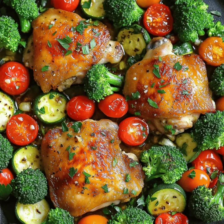 - 4 boneless, skinless chicken thighs - 1/4 cup olive oil - 4 cloves garlic, minced - 1 tablespoon dried Italian herbs (oregano, basil, thyme) - Salt and pepper to taste - 2 cups broccoli florets - 1 cup cherry tomatoes, halved - 1 red bell pepper, cut into strips - 1 zucchini, sliced - Fresh parsley for garnish Start by preheating your oven to 425°F (220°C). This step warms the oven up, helping your chicken and veggies cook evenly. In a large bowl, mix together the olive oil, minced garlic, dried herbs, salt, and pepper. This mix will give your chicken a great flavor. Make sure to blend everything well so each bite tastes good. Add the chicken thighs to the bowl. Toss them in the marinade until they are well coated. Let the chicken marinate for at least 15 minutes. This wait time lets the flavors soak in, making your dish even tastier. Grab a large sheet pan and place the marinated chicken in the center. Surround the chicken with broccoli, cherry tomatoes, red bell pepper, and zucchini. This setup makes a colorful and healthy meal. Drizzle any leftover marinade over the veggies and sprinkle some extra salt and pepper if you like. Place the sheet pan in the preheated oven and bake for 25-30 minutes. The chicken should reach an internal temperature of 165°F (74°C) when done. When the time is up, switch to broil for 2-3 minutes. This step adds a nice golden-brown finish to your meal. After baking, let the dish rest for 5 minutes. Garnish with fresh parsley if you want, and enjoy your delicious dinner! To cook chicken thighs just right, start with even-sized pieces. This helps them cook at the same rate. Marinate the chicken for at least 15 minutes. This adds great flavor and keeps it juicy. Use a meat thermometer to check the internal temperature. Aim for 165°F (74°C). If you want a crispy skin, broil for 2-3 minutes at the end. This gives the chicken a nice golden-brown finish. You can use a variety of vegetables for this dish. Broccoli and cherry tomatoes work well together. Red bell peppers add color and sweetness. Zucchini is soft when cooked, so it blends nicely. Feel free to mix in other vegetables like carrots or green beans. Just cut them into similar sizes. This ensures they cook evenly. Herbs and spices make this dish pop. I like to use dried Italian herbs like oregano, basil, and thyme. They add a warm, rich flavor. You can also experiment with garlic powder or red pepper flakes for heat. Fresh herbs like parsley add a burst of freshness when you serve the dish. Don’t be afraid to adjust the seasonings to match your taste. A little salt and pepper can go a long way! {{image_2}} You can switch up the chicken for other proteins. Try using boneless pork chops or chicken breasts. They work well and stay juicy. For a lighter option, use turkey cutlets. If you want something different, use tofu for a plant-based meal. Just make sure to adjust the cooking time for each protein. Feel free to mix in your favorite veggies! Carrots, green beans, or asparagus add great flavor. You can also use sweet potatoes for a sweeter taste. Don’t forget about mushrooms; they add a nice umami touch. Just cut your veggies to similar sizes for even cooking. If you're on a low-carb diet, skip the zucchini and tomatoes. Use cauliflower or bell peppers instead. For a vegan option, swap chicken for chickpeas or tempeh. Make sure to add extra herbs for flavor. You can also use vegetable broth in your marinade for more depth. Let your chicken and veggies cool first. Place them in an airtight container. Keep them in the fridge. They will stay fresh for about three to four days. You can also put the leftovers in single servings. This makes it easy to grab and go. When you're ready to enjoy the leftovers, heat your oven to 350°F (175°C). Place the chicken and veggies on a baking tray. Cover them with foil to keep them moist. Heat for about 15 to 20 minutes. You can also use the microwave. Just heat in 30-second bursts until warm. If you want to save leftovers for later, freezing works well. First, let the food cool completely. Then, put it in a freezer-safe container. You can also use freezer bags for easy storage. Label the bags with the date. Chicken and veggies can last up to three months in the freezer. When you're ready to eat, thaw them in the fridge overnight before reheating. Cooking chicken on a sheet pan takes about 25 to 30 minutes at 425°F (220°C). The chicken thighs should reach an internal temperature of 165°F (74°C) for safe eating. I always check with a meat thermometer to make sure. Yes, you can use frozen vegetables. However, they may release excess water. This can make your dish a bit soggy. If you use frozen veggies, increase the bake time by about five to ten minutes. You can use other herbs if you don't have Italian herbs. Try thyme, rosemary, or even herbes de Provence. You can also mix fresh herbs like parsley or cilantro for a different taste. Yes, sheet pan cooking is a healthy option. You use less oil and cook everything at once. This method retains nutrients and flavors. Plus, it’s easy to include more veggies in your diet! This blog post covered the key steps to make a tasty sheet pan meal. We discussed choosing the right chicken and vegetables, along with optional garnishes. You learned how to prepare a marinade and the best cooking methods. Remember, there are many ways to mix up this dish for different diets. Proper storage keeps leftovers fresh, while reheating tips ensure great taste. With these pointers, you can create a quick, healthy meal that suits your needs perfectly. Enjoy your cooking journey!