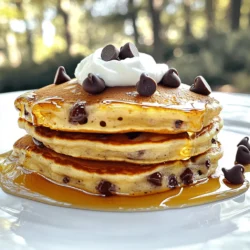 To make these tasty pancakes, you need a few key items: - 1 cup all-purpose flour - 1 tablespoon baking powder - 1/2 teaspoon baking soda - 1/4 teaspoon salt - 1 large egg - 1 cup plain Greek yogurt - 1/2 cup milk (or almond milk) - 2 tablespoons honey or maple syrup - 1 teaspoon vanilla extract - 1/2 cup chocolate chips - Butter or oil for cooking These ingredients work together to create a fluffy and rich flavor. The Greek yogurt adds creaminess and protein, while the chocolate chips bring sweetness. If you have dietary needs, here are some swaps: - Use whole wheat flour for more fiber. - Try almond milk or oat milk for a dairy-free option. - Swap honey for agave syrup if you prefer a vegan option. - Use a flax egg (1 tablespoon flaxseed meal + 2.5 tablespoons water) instead of a regular egg for vegan pancakes. These alternatives still keep the pancake tasty while fitting your diet. To make your pancakes even better, consider these toppings: - A drizzle of honey or maple syrup - A sprinkle of chocolate chips on top - Fresh fruits like bananas or berries - A dollop of Greek yogurt for extra creaminess - A dusting of powdered sugar for a sweet touch These toppings add fun flavors and make your pancakes look lovely! First, grab a large mixing bowl. Add 1 cup of all-purpose flour. Then, add 1 tablespoon of baking powder. Next, sprinkle in 1/2 teaspoon of baking soda and 1/4 teaspoon of salt. Whisk these dry ingredients together well. This step makes sure everything mixes evenly. In another bowl, break 1 large egg. Beat it well. Next, add 1 cup of plain Greek yogurt. Pour in 1/2 cup of milk or almond milk. Then, add 2 tablespoons of honey or maple syrup. Don’t forget 1 teaspoon of vanilla extract. Mix everything until it’s smooth and creamy. Now, slowly pour the wet mixture into the dry ingredients. Stir gently until they just blend. It's okay if you see some lumps. Overmixing can make the pancakes tough. Now, fold in 1/2 cup of chocolate chips. Make sure they spread out in the batter. This is the fun part! To make your pancakes fluffy, use fresh baking powder. This makes them rise well. Also, mix the wet and dry ingredients gently. Overmixing can make pancakes tough. Always leave some lumps in the batter; they help keep the pancakes light. Preheat your skillet well before adding the batter. A hot skillet helps create a golden crust. Use medium heat to avoid burning. If you see bubbles on the surface, it’s time to flip. Cook the other side until it’s brown. One common mistake is using too much flour. Always measure flour correctly; spoon it into the cup and level it off. Another mistake is flipping too soon. Wait for bubbles to form on top. Lastly, don’t skip the resting time. Letting the batter sit for a few minutes can improve texture. {{image_2}} You can make these pancakes gluten-free. Use a gluten-free flour blend instead of all-purpose flour. This swap keeps the taste great and the texture light. Just make sure the blend contains xanthan gum, as it helps with binding. Follow the same steps in the recipe, and enjoy fluffy pancakes. If you want a vegan version, here are some easy swaps. Replace the egg with a flax egg. To make a flax egg, mix 1 tablespoon of ground flaxseed with 2.5 tablespoons of water. Let it sit for about 5 minutes. Use almond milk or oat milk instead of regular milk. For the Greek yogurt, try a plant-based yogurt. This way, you keep the creaminess and flavor without any dairy. You can add fruits or nuts to make these pancakes even better. Blueberries or sliced bananas mix well with the batter. Just fold them in gently before cooking. If you love nuts, chopped walnuts or pecans add a nice crunch. You can also try spices like cinnamon or nutmeg for extra warmth. Each tweak brings a new twist to the classic recipe. To store leftover pancakes, first let them cool. Stack them with parchment paper between each pancake. This keeps them from sticking together. Place the stack in an airtight container. Store in the fridge for up to three days. If you want to keep them longer, consider freezing. Reheating pancakes is easy. You can use a microwave or a skillet. For the microwave, place one pancake on a plate. Heat for about 20 seconds. For a skillet, warm it over low heat. Add a tiny bit of butter and heat each side for about a minute. This keeps them fluffy and tasty. Freezing pancakes is a smart move. After cooling, stack them with parchment paper. Wrap the stack in plastic wrap. Then, place it in a freezer bag. Press out the air before sealing. You can freeze them for up to two months. When ready to eat, just reheat as mentioned above. Enjoy your tasty pancakes anytime! Yes, you can use Greek yogurt in many pancake recipes. It adds creaminess and boosts protein. Simply replace some of the milk or other liquids with Greek yogurt. This swap makes pancakes rich and fluffy. Experiment with your favorite recipes to see how Greek yogurt changes the taste. To make your pancakes extra chocolatey, add more chocolate chips. Use 3/4 cup instead of 1/2 cup. You can also fold in cocoa powder into the batter. Start with 2 tablespoons and mix well. For a fun twist, try adding chocolate chunks or even chocolate spread between the pancakes. Greek yogurt offers many health benefits in pancakes. It is high in protein, which helps keep you full. Using Greek yogurt also adds probiotics, good for digestion. It contains less sugar than regular yogurt, making it a healthier choice. Plus, it can reduce the need for extra fats, like butter or oil. You can create delicious Greek yogurt chocolate chip pancakes with simple steps. We covered essential ingredients, alternatives for diets, and tasty toppings. I shared how to mix dry and wet ingredients seamlessly. You also learned tips for fluffy pancakes and how to avoid mistakes. We explored gluten-free, vegan, and fruity variations. Lastly, we discussed storing, reheating, and freezing pancakes. Remember, these pancakes can fit many diets and tastes. So go ahead, try them out, and enjoy every bite!