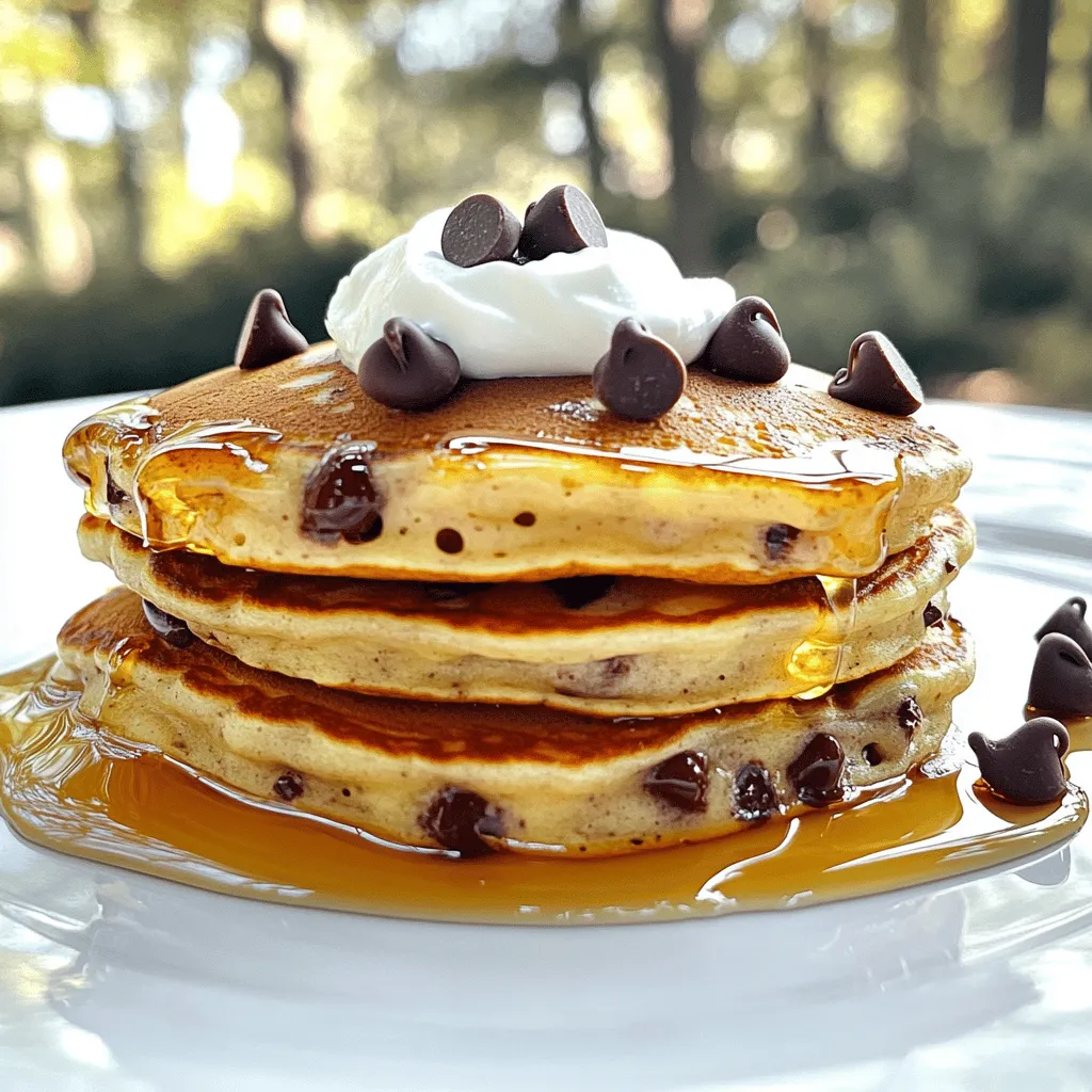 To make these tasty pancakes, you need a few key items: - 1 cup all-purpose flour - 1 tablespoon baking powder - 1/2 teaspoon baking soda - 1/4 teaspoon salt - 1 large egg - 1 cup plain Greek yogurt - 1/2 cup milk (or almond milk) - 2 tablespoons honey or maple syrup - 1 teaspoon vanilla extract - 1/2 cup chocolate chips - Butter or oil for cooking These ingredients work together to create a fluffy and rich flavor. The Greek yogurt adds creaminess and protein, while the chocolate chips bring sweetness. If you have dietary needs, here are some swaps: - Use whole wheat flour for more fiber. - Try almond milk or oat milk for a dairy-free option. - Swap honey for agave syrup if you prefer a vegan option. - Use a flax egg (1 tablespoon flaxseed meal + 2.5 tablespoons water) instead of a regular egg for vegan pancakes. These alternatives still keep the pancake tasty while fitting your diet. To make your pancakes even better, consider these toppings: - A drizzle of honey or maple syrup - A sprinkle of chocolate chips on top - Fresh fruits like bananas or berries - A dollop of Greek yogurt for extra creaminess - A dusting of powdered sugar for a sweet touch These toppings add fun flavors and make your pancakes look lovely! First, grab a large mixing bowl. Add 1 cup of all-purpose flour. Then, add 1 tablespoon of baking powder. Next, sprinkle in 1/2 teaspoon of baking soda and 1/4 teaspoon of salt. Whisk these dry ingredients together well. This step makes sure everything mixes evenly. In another bowl, break 1 large egg. Beat it well. Next, add 1 cup of plain Greek yogurt. Pour in 1/2 cup of milk or almond milk. Then, add 2 tablespoons of honey or maple syrup. Don’t forget 1 teaspoon of vanilla extract. Mix everything until it’s smooth and creamy. Now, slowly pour the wet mixture into the dry ingredients. Stir gently until they just blend. It's okay if you see some lumps. Overmixing can make the pancakes tough. Now, fold in 1/2 cup of chocolate chips. Make sure they spread out in the batter. This is the fun part! To make your pancakes fluffy, use fresh baking powder. This makes them rise well. Also, mix the wet and dry ingredients gently. Overmixing can make pancakes tough. Always leave some lumps in the batter; they help keep the pancakes light. Preheat your skillet well before adding the batter. A hot skillet helps create a golden crust. Use medium heat to avoid burning. If you see bubbles on the surface, it’s time to flip. Cook the other side until it’s brown. One common mistake is using too much flour. Always measure flour correctly; spoon it into the cup and level it off. Another mistake is flipping too soon. Wait for bubbles to form on top. Lastly, don’t skip the resting time. Letting the batter sit for a few minutes can improve texture. {{image_2}} You can make these pancakes gluten-free. Use a gluten-free flour blend instead of all-purpose flour. This swap keeps the taste great and the texture light. Just make sure the blend contains xanthan gum, as it helps with binding. Follow the same steps in the recipe, and enjoy fluffy pancakes. If you want a vegan version, here are some easy swaps. Replace the egg with a flax egg. To make a flax egg, mix 1 tablespoon of ground flaxseed with 2.5 tablespoons of water. Let it sit for about 5 minutes. Use almond milk or oat milk instead of regular milk. For the Greek yogurt, try a plant-based yogurt. This way, you keep the creaminess and flavor without any dairy. You can add fruits or nuts to make these pancakes even better. Blueberries or sliced bananas mix well with the batter. Just fold them in gently before cooking. If you love nuts, chopped walnuts or pecans add a nice crunch. You can also try spices like cinnamon or nutmeg for extra warmth. Each tweak brings a new twist to the classic recipe. To store leftover pancakes, first let them cool. Stack them with parchment paper between each pancake. This keeps them from sticking together. Place the stack in an airtight container. Store in the fridge for up to three days. If you want to keep them longer, consider freezing. Reheating pancakes is easy. You can use a microwave or a skillet. For the microwave, place one pancake on a plate. Heat for about 20 seconds. For a skillet, warm it over low heat. Add a tiny bit of butter and heat each side for about a minute. This keeps them fluffy and tasty. Freezing pancakes is a smart move. After cooling, stack them with parchment paper. Wrap the stack in plastic wrap. Then, place it in a freezer bag. Press out the air before sealing. You can freeze them for up to two months. When ready to eat, just reheat as mentioned above. Enjoy your tasty pancakes anytime! Yes, you can use Greek yogurt in many pancake recipes. It adds creaminess and boosts protein. Simply replace some of the milk or other liquids with Greek yogurt. This swap makes pancakes rich and fluffy. Experiment with your favorite recipes to see how Greek yogurt changes the taste. To make your pancakes extra chocolatey, add more chocolate chips. Use 3/4 cup instead of 1/2 cup. You can also fold in cocoa powder into the batter. Start with 2 tablespoons and mix well. For a fun twist, try adding chocolate chunks or even chocolate spread between the pancakes. Greek yogurt offers many health benefits in pancakes. It is high in protein, which helps keep you full. Using Greek yogurt also adds probiotics, good for digestion. It contains less sugar than regular yogurt, making it a healthier choice. Plus, it can reduce the need for extra fats, like butter or oil. You can create delicious Greek yogurt chocolate chip pancakes with simple steps. We covered essential ingredients, alternatives for diets, and tasty toppings. I shared how to mix dry and wet ingredients seamlessly. You also learned tips for fluffy pancakes and how to avoid mistakes. We explored gluten-free, vegan, and fruity variations. Lastly, we discussed storing, reheating, and freezing pancakes. Remember, these pancakes can fit many diets and tastes. So go ahead, try them out, and enjoy every bite!