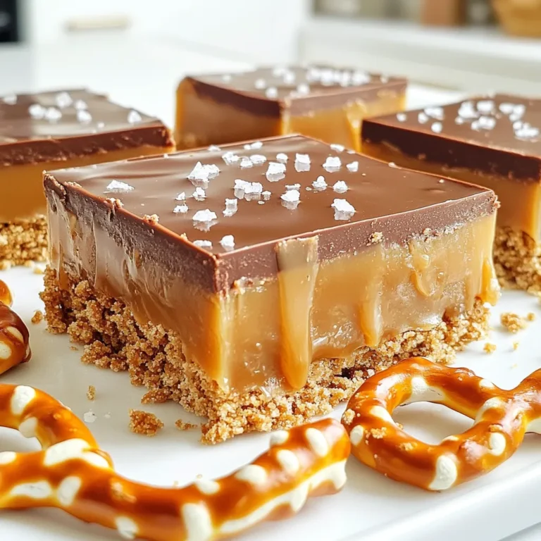 To make these tasty no-bake salted caramel pretzel bars, gather these items: - 2 cups mini pretzels - 1 cup graham cracker crumbs - 1/2 cup unsalted butter, melted - 1/4 cup brown sugar - 14 oz sweetened condensed milk - 1 cup caramel sauce (store-bought or homemade) - 1 cup semi-sweet chocolate chips - Sea salt, for sprinkling Choosing the right ingredients makes a big difference. Start with fresh mini pretzels for the best crunch. Look for graham cracker crumbs that are fine and free of big chunks. Use real unsalted butter for richer flavor. Select a good brand of sweetened condensed milk; it should be creamy and thick. For caramel, homemade is great but store-bought can save time. Finally, pick high-quality chocolate chips; they should melt smoothly and taste rich. If you lack some ingredients, don’t worry! You can swap mini pretzels for regular pretzels. Just crush them to a similar size. Instead of graham cracker crumbs, you could use crushed cookies like Oreos. For the butter, coconut oil can work if you need a dairy-free option. If you want a lighter caramel, maple syrup can substitute caramel sauce. Lastly, dark chocolate chips can replace semi-sweet chips for a deeper flavor. To start, gather your ingredients. You need mini pretzels, graham cracker crumbs, melted butter, and brown sugar. Crush the mini pretzels until they are small pieces. You can use a bag and a rolling pin, or a food processor. In a bowl, mix the crushed pretzels with graham cracker crumbs, melted butter, and brown sugar. Stir until it looks like wet sand. Next, take a lined 9x9 inch baking pan. Pour your pretzel mixture into the pan. Press it down firmly with a spatula or your hands. Make sure it is even. This will be the base of your bars. Now, let’s make the caramel layer. Grab a saucepan and set it to medium heat. Combine sweetened condensed milk and caramel sauce in the pan. Stir the mixture until it is smooth and hot. Once ready, pour the caramel over your pretzel base. Spread it evenly with a spatula. After pouring, place the pan in the fridge for about 30 minutes. This will help the caramel set nicely. It’s time for the chocolate! Take a microwave-safe bowl and add your chocolate chips. Melt them in the microwave in 30-second bursts. Stir in between until smooth. Once melted, pour the chocolate over the chilled caramel layer. Use a spatula to spread it out evenly. Now, sprinkle a generous pinch of sea salt on top. This adds a nice contrast to the sweetness. Return the pan to the fridge for another 30 minutes. This will let the chocolate set. After that, lift the bars out using the parchment paper. Cut them into squares. Enjoy your tasty treat! No-bake desserts are fun and easy. Here are some tips to make them great: - Use a firm base: Press the crust down hard. This gives you a strong base. - Chill well: Always chill your bars. This helps them set properly. - Keep it clean: Use parchment paper. It makes removing the bars easy. Texture is key for no-bake bars. Here’s how to get it right: - Mix well: Combine your pretzels, graham cracker crumbs, butter, and sugar well. - Don’t rush: Let each layer chill before adding the next. This keeps them from mixing. - Chocolate melting: Melt chocolate slowly. Stir every 30 seconds to avoid burning. You might face some problems. Here’s how to fix them: - Crust is too crumbly: If the base falls apart, add a bit more melted butter. - Caramel is too runny: Make sure to heat the sweetened condensed milk and caramel enough to thicken. - Chocolate won’t set: If the chocolate stays soft, chill it longer. These tips will help you make the best No-Bake Salted Caramel Pretzel Bars. Enjoy your sweet treat! {{image_2}} You can change the flavors of your no-bake salted caramel pretzel bars in fun ways. Use dark chocolate instead of semi-sweet for a richer taste. If you like white chocolate, try that for a sweet twist. You can also mix in some nuts, like chopped pecans or almonds, for a crunchy bite. Adding a layer of peanut butter can create a creamy contrast to the caramel. Top the bars with crushed candy or sprinkles for extra color and fun! If you need gluten-free options, use gluten-free pretzels and graham cracker crumbs. For a vegan version, swap the butter for coconut oil and use dairy-free chocolate chips. Make sure to find vegan caramel sauce or make your own with coconut milk and sugar. This way, you can enjoy delicious bars that fit your diet. When serving these bars, presentation matters! Cut them into fun shapes with cookie cutters. Place them on a wooden board and add some whole pretzels and a drizzle of extra caramel for flair. You can also serve them with a scoop of vanilla ice cream for a tasty dessert. If you're feeling festive, top them with seasonal sprinkles or edible glitter for special occasions. To keep your no-bake salted caramel pretzel bars fresh, store them in an airtight container. This method locks in moisture and prevents them from drying out. Place parchment paper between layers to avoid sticking. You can store them in the fridge for up to one week. If you have any leftovers, this is the best way to keep them tasty. You can freeze these bars for longer storage. Cut them into squares and wrap each piece in plastic wrap. Then, place the wrapped bars in a freezer-safe bag or container. They can last up to three months in the freezer. When you're ready to enjoy, thaw them in the fridge overnight. This method preserves the flavors and keeps the texture nice. These bars can stay fresh for about one week in the fridge. To ensure they taste their best, check for any changes in smell or texture before eating. If you notice any changes, it’s best to discard them. For optimal flavor, enjoy them within the first few days. This way, you get the perfect blend of salty and sweet with every bite. Yes, you can make these bars a day or two ahead. Just store them in the fridge. This helps the flavors blend well. It also makes them easier to cut. Just remember to cover them tightly with plastic wrap. This keeps them fresh and tasty. If you don't have pretzels, use crushed cookies. Graham crackers or vanilla wafers work well. You could also try rice cereal for that crunchy texture. Just make sure you adjust the sugar level if your cookies are sweet. Let the bars chill for about one hour total. First, chill for 30 minutes after pouring the caramel. Then chill again for 30 minutes after adding the chocolate. This sets the layers nicely and makes them easier to slice. In this guide, we explored the key ingredients for no-bake bars and how to select quality items. We detailed step-by-step instructions, including caramel layering and chocolate melting. Helpful tips ensured you understood the best practices and how to troubleshoot. You also discovered tasty variations for different diets and creative serving ideas. Remember to store these treats properly for freshness. With careful preparation, you'll create delicious no-bake bars that everyone will love. Embrace the fun of making your unique version today!