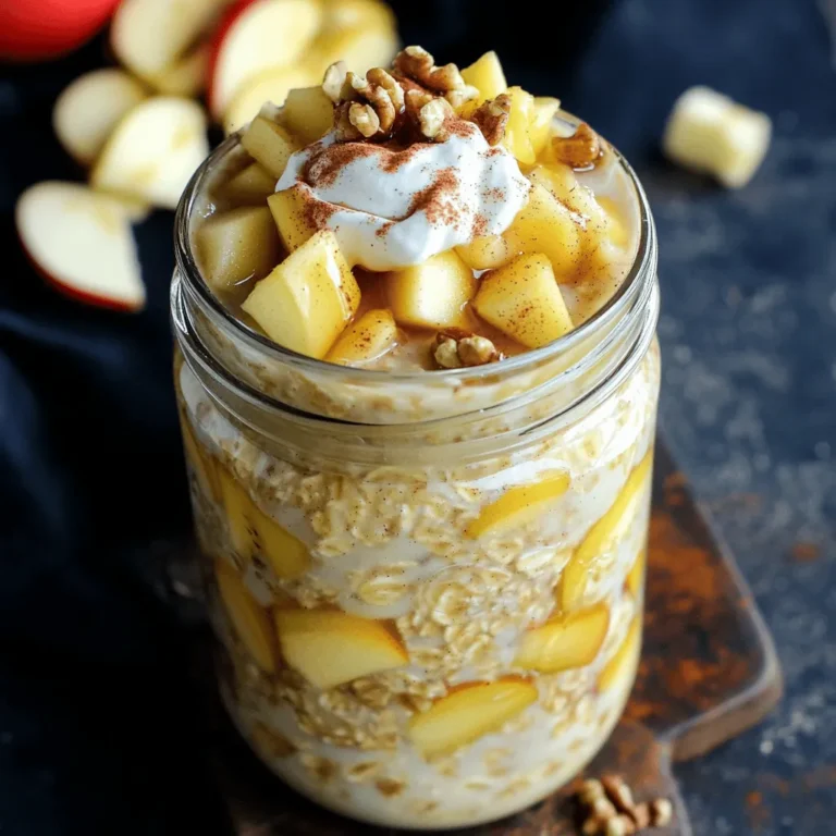 - 1 cup rolled oats - 1 ½ cups unsweetened almond milk (or any milk of choice) - 1 apple, peeled and diced - 1 teaspoon cinnamon - ½ teaspoon nutmeg - 2 tablespoons maple syrup (adjust to taste) These main ingredients are key to making your apple pie overnight oats. The rolled oats soak up the milk, becoming soft and creamy. Almond milk gives a nutty flavor, but feel free to use any milk you like. The diced apple adds sweetness and texture. Cinnamon and nutmeg bring warmth, making every bite feel cozy. Maple syrup gives a nice touch of sweetness that you can adjust based on your taste. - 1 tablespoon chia seeds - ½ cup plain Greek yogurt (or dairy-free yogurt) - ¼ cup walnuts, chopped (optional) - 2 tablespoons raisins (optional) Adding chia seeds boosts fiber and Omega-3s, making your breakfast even healthier. Greek yogurt adds creaminess and protein. If you want a crunch, toss in chopped walnuts. Raisins add extra sweetness and chewiness. These optional add-ins let you customize your oats for a unique twist. - Additional apple slices - Extra cinnamon - Drizzle of maple syrup Garnishes make your dish look beautiful and inviting. Fresh apple slices on top add brightness. A sprinkle of cinnamon enhances flavor and aroma. A drizzle of maple syrup gives extra sweetness, making your overnight oats irresistible. These finishing touches elevate your breakfast to a gourmet level. First, take a medium bowl. Combine 1 cup of rolled oats with 1 ½ cups of unsweetened almond milk. Add 1 tablespoon of chia seeds, 1 teaspoon of cinnamon, and ½ teaspoon of nutmeg. Drizzle in 2 tablespoons of maple syrup for sweetness. Mix well until all the ingredients blend together. This step creates a creamy base for your overnight oats. Next, fold in 1 diced apple. Make sure the apple pieces are spread evenly throughout the oat mix. If you like, add ¼ cup of chopped walnuts and 2 tablespoons of raisins. These add extra flavor and crunch to your breakfast. Now, divide the mixture into mason jars or airtight containers. Seal them tightly to keep the oats fresh. Place the jars in the fridge overnight. This allows the oats to soak and become soft. In the morning, stir the oats gently. Top with a dollop of ½ cup of plain Greek yogurt for creaminess. You can also add extra cinnamon or fresh apple slices on top for a lovely finish. Enjoy your healthy and delicious breakfast! To get the best texture, use rolled oats. They soak up liquid well and stay chewy. Combine oats with almond milk or your favorite milk. Mix in chia seeds for added creaminess. Stir all ingredients well to ensure even soaking. Adjust the sweetness by adding more or less maple syrup. Start with two tablespoons and taste it. You can always add more later! Make your morning easier by prepping these oats ahead of time. You can mix the oats the night before. Use mason jars for a fun and easy serving option. Fill each jar with the oat mix and seal tightly. This way, you grab one and go in the morning! Each jar is a perfect portion. Feel free to get creative with flavors. Try adding different spices like ginger or cardamom for a twist. You can also mix in fruits like berries or bananas. If you love nutty flavors, add some nut butter. It makes your oats richer and more filling. The options are endless, so have fun exploring! {{image_2}} You can change the oats you use. While rolled oats are great, you can try steel-cut oats. Just remember, they need longer soaking time. You can also use instant oats for a quicker option. For milk, almond milk is nice, but you can pick other options too. Coconut milk adds a rich flavor. Oat milk works well too. Just find what you enjoy most. Want a new twist? Try pumpkin pie spice! Just swap the cinnamon and nutmeg for pumpkin pie spice. It gives a warm, fall flavor that’s perfect for chilly mornings. If you love chocolate, consider chocolate chip apple pie oats. Add some chocolate chips to the mix for a sweet treat. The chocolate and apple combo is a fun surprise. If you’re vegan, leave out the Greek yogurt or use a dairy-free version. This keeps the dish plant-based and still yummy. For gluten-free options, make sure your oats are labeled gluten-free. Also, check that your milk choice is gluten-free. This way, everyone can enjoy the oats. To keep your Apple Pie Overnight Oats fresh, use airtight containers or mason jars. Both options work well. Mason jars look nice and are easy to seal. Make sure to seal them tightly to prevent air from getting in. Store the jars in the fridge. Keep the temperature around 40°F (4°C) for best results. Apple Pie Overnight Oats stay fresh in the fridge for up to five days. After that, they may lose flavor and texture. Look for signs of spoilage. If the oats smell sour or have a strange color, it’s time to toss them out. Yes, you can freeze overnight oats. It’s a great way to save time. To freeze, place the mixture in a freezer-safe container. Leave some space at the top for expansion. When you’re ready to eat, move the oats to the fridge to thaw overnight. Stir well before serving to mix everything back together. Yes, you can use quick oats, but the texture will change. Quick oats cook faster and become softer. They may not provide the same chewiness as rolled oats. Rolled oats offer a heartier bite, which I prefer. If you like a smooth texture, quick oats work well. Just remember they will absorb liquid faster, so adjust the milk amount. I recommend keeping overnight oats in the fridge for up to five days. After that, the oats may lose their fresh taste. Always check for any off smells or changes in texture. If they look dry or clumpy, it's best to toss them. To keep them tasting great, store them in airtight containers. Yes, you can make these oats without yogurt. If you skip the yogurt, add more milk or a nut butter for creaminess. You can also use mashed banana or silken tofu for protein. Both options help keep the oats smooth and tasty. Just adjust the liquid to get the right consistency. In this blog post, we explored how to make delicious overnight oats. We covered key ingredients like rolled oats, apple, and spices, along with optional add-ins and garnishes. The step-by-step instructions made preparation easy, while the tips helped perfect your oats. You learned about variations and the best storage practices, ensuring freshness. Now, you can enjoy a tasty, quick breakfast that fits your lifestyle. Whether you're new to overnight oats or a fan, these ideas will make breakfast fun and satisfying. Your mornings just got a lot better!