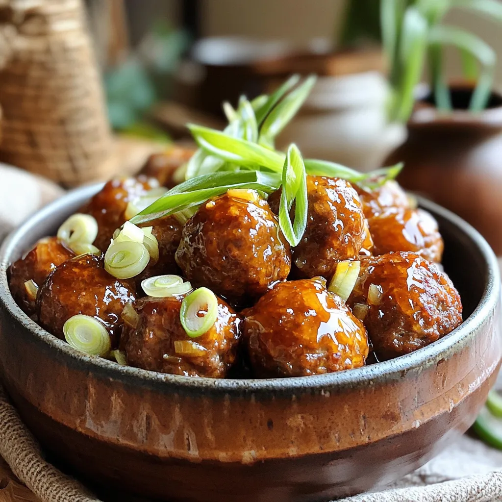 For these slow cooker honey garlic meatballs, you need: - 1 pound ground beef (or ground turkey) - 1/2 cup breadcrumbs (plain or seasoned) - 1/4 cup grated Parmesan cheese - 1 large egg - 3 cloves garlic, minced - 1 teaspoon onion powder - 1 teaspoon salt - 1/2 teaspoon black pepper - 1/2 cup honey - 1/2 cup soy sauce (low sodium recommended) - 2 tablespoons rice vinegar - 1 tablespoon cornstarch (optional for thickening) - 2 green onions, sliced (for garnish) These simple ingredients make a flavorful dish that is easy to prepare. If you want a different flavor or need a lighter option, consider these: - Ground turkey: This is lean and healthy. - Ground chicken: Another light choice with great taste. - Lentils: A perfect vegan option, packed with protein. Substituting these proteins will change the taste but keep it yummy. You can boost the flavor with a few extra ingredients: - Fresh ginger: A small amount adds warmth and spice. - Red pepper flakes: For a touch of heat, sprinkle some in. - Sesame oil: A dash can bring a nutty flavor. Feel free to play with these options. They help make your meatballs unique and delicious. To start, gather your ingredients. You will need ground beef, breadcrumbs, Parmesan cheese, an egg, garlic, onion powder, salt, and black pepper. In a large bowl, add these ingredients. Mix them well with your hands or a spoon. You want everything to blend smoothly. Once mixed, form small meatballs about one inch wide. Place them on a baking sheet as you go. If you want extra flavor, you can brown the meatballs before slow cooking. Heat a non-stick skillet over medium-high heat. Add the meatballs to the skillet, making sure not to overcrowd them. Cook each side for about 2-3 minutes. You want them golden brown but not cooked through. This step is optional but adds a nice touch to the flavor. Next, it’s time to make the sauce. In a separate bowl, whisk together honey, soy sauce, rice vinegar, and cornstarch if you want a thicker sauce. This sauce is sweet and tangy. After mixing, place the meatballs in your slow cooker. Pour the honey garlic sauce over the meatballs. Gently toss them to coat well. Cover the slow cooker and set it to low for 4-6 hours or high for 2-3 hours. When done, the meatballs will be tender and full of flavor. When you shape meatballs, keep the size uniform. Aim for about 1 inch in diameter. This helps them cook evenly. Use wet hands to prevent the mixture from sticking. Lightly roll each meatball without pressing too hard. This keeps them tender. If you want a little crunch, browning them first adds flavor. For the sauce, whisk together honey, soy sauce, and rice vinegar. If you want it thicker, add cornstarch. Mix this well until it dissolves. Pour this sauce over the meatballs. The slow cooker will help blend the flavors. Cook the meatballs on low for 4-6 hours. This ensures a rich and tasty sauce. If you prefer more sauce, double the ingredients. Garnishing makes your dish pop. Use sliced green onions for color and freshness. Sprinkle them on right before serving. You can also add sesame seeds for extra crunch. If you want to impress, serve meatballs on a nice platter. Add fresh herbs like cilantro for a fun touch. This will make your meal look as good as it tastes. {{image_2}} You can switch the meat in this recipe for different flavors. Ground turkey works well. It gives a lighter taste but still packs protein. If you prefer chicken, ground chicken is a great choice too. For a vegan option, try using lentils or chickpeas. Mix them with breadcrumbs to make meatless meatballs. Each option brings a new twist to the dish. The sauce is key in this recipe. If you want spice, add red pepper flakes or sriracha. This makes the dish pop with heat. For a sweet teriyaki twist, use teriyaki sauce instead of honey and soy sauce. You can even mix honey with a bit of hot sauce for a sweet and spicy blend. Each sauce changes the meatballs and keeps them exciting. These meatballs are perfect over rice or noodles. Serve them over steamed white rice for a classic meal. You can also use brown rice for a healthier option. If you prefer noodles, try egg noodles or rice noodles. Both options soak up the sauce well. Add some green onions on top for extra color and taste. This makes your meal look and taste amazing. After enjoying your honey garlic meatballs, store any leftovers in an airtight container. Keep them in the fridge for up to three days. Make sure to let them cool down before sealing the container. This helps maintain their texture and taste. If you want to save your meatballs for later, freezing is a great option. Place cooled meatballs in a freezer-safe bag or container. They can last up to three months in the freezer. To prevent freezer burn, remove as much air as possible from the bag. Label the container with the date, so you know when to use them. When you're ready to eat the frozen meatballs, thaw them in the fridge overnight. For quick reheating, place them in the microwave for a few minutes. You can also reheat them on the stove over low heat. Just add a splash of water or sauce to keep them moist. If you prefer, you can warm them back up in the slow cooker for a few hours on low. Enjoy your meal! Yes, you can use frozen meatballs. Just add them directly to the slow cooker. You do not need to thaw them first. The cooking time may need to be longer, about 5-7 hours on low or 3-4 hours on high. The sauce will still coat the meatballs well, and they will taste great. You can check if the meatballs are done by using a meat thermometer. The inside should reach 165°F. If you don’t have a thermometer, cut one meatball in half. It should be hot all the way through. The meat should not be pink. Another sign is when the meatballs look plump and tender. Honey garlic meatballs pair well with many sides. Here are some ideas: - Steamed rice - Noodles - Mashed potatoes - Roasted veggies - Salad These sides balance the sweet and savory sauce and make your meal complete. In this post, we covered the essentials for making delicious honey garlic meatballs. You learned about key ingredients, step-by-step cooking methods, and tips for perfect results. I shared ways to tweak flavors and variations for different diets. Don't forget storage tricks to keep your meatballs fresh. Finally, enjoy experimenting with different sauces and sides to make this dish your own. With these insights, you can create a wonderful meal that everyone will love.