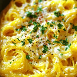 - 1 medium spaghetti squash - 2 tablespoons olive oil - 4 cloves garlic, minced - 1 cup heavy cream - 1 cup grated Parmesan cheese - 1 teaspoon dried Italian herbs (oregano, basil, thyme) - Salt and pepper to taste - Fresh parsley, chopped (for garnish) - Red pepper flakes (optional, for heat) - Baking sheet - Skillet - Fork - Parchment paper The star of this dish is the spaghetti squash. It is a great low-carb option that mimics pasta. Olive oil adds a rich flavor and helps with cooking. Garlic gives the dish its aromatic touch. Heavy cream makes the sauce creamy and rich. Parmesan cheese adds a salty, nutty taste. You can also enhance the dish with optional ingredients. Dried Italian herbs bring extra flavor. Fresh parsley adds a pop of color and freshness. Red pepper flakes can give it a nice kick. For tools, you'll need a baking sheet to roast the squash. A skillet is important for making the sauce. A fork helps to shred the squash into strands. Parchment paper will help with cleanup and keep the squash from sticking. Every ingredient plays a role in creating a delicious meal. So gather these items and let’s get cooking! - Start by preheating your oven to 400°F (200°C). This helps cook the squash evenly. - Cut the spaghetti squash in half lengthwise. Be careful with the knife! Scoop out the seeds and stringy pulp with a spoon. - Brush the inside of each half with olive oil. Sprinkle salt and pepper on top for flavor. - Place the squash halves cut-side down on a baking sheet lined with parchment paper. This helps with easy cleanup. - Roast the squash for about 30 to 40 minutes. Check for doneness by poking it with a fork. The flesh should feel soft and tender. - While the squash is roasting, heat a skillet over medium heat. Add the minced garlic and sauté for 1 to 2 minutes. Watch closely to avoid burning. - Pour in the heavy cream and stir it gently. Bring it to a simmer and let it cook for about 3 to 4 minutes. This helps thicken the sauce. - Stir in the grated Parmesan cheese and the dried Italian herbs. Mix until the cheese melts and the sauce becomes creamy. Taste and add more salt and pepper if needed. If you like heat, sprinkle in some red pepper flakes. With the squash ready and the sauce made, you're set for a delicious meal! To get the best texture, roast your spaghetti squash just right. First, cut the squash in half and scoop out the seeds. Brush the inside with olive oil, then sprinkle with salt and pepper. Place the squash cut-side down on a baking sheet. Roast it at 400°F for 30-40 minutes. You want the flesh to be tender. Once done, use a fork to shred it into spaghetti-like strands gently. Seasoning is key for great taste. After making your creamy garlic Parmesan sauce, taste it. You might want more salt or pepper. If you like heat, add red pepper flakes. Start with a pinch and add more if you want it spicier. This little kick makes a big difference in flavor. When serving, garnish your dish with fresh parsley. It adds color and a fresh taste. You can also pair this dish with grilled chicken or shrimp for a full meal. A side salad fits well too, bringing crunch and freshness to your plate. Enjoy the creamy goodness! {{image_2}} Chicken options You can boost your meal with chicken. Cook diced chicken breast in the skillet before adding garlic. This adds flavor and protein. Use seasoned chicken for an extra kick. Shrimp options Shrimp is another great choice. Sauté shrimp in the skillet until pink. Then, add garlic and follow the creamy sauce steps. Shrimp cooks fast, so keep an eye on it. Spinach Spinach is a tasty and healthy add-in. Toss fresh spinach into the sauce while it simmers. It wilts quickly and adds color and nutrients. Cherry tomatoes Cherry tomatoes bring a burst of sweetness. Halve them and add to the sauce near the end. They soften and add a fresh flavor to your dish. Pesto variation For a fun twist, swap the creamy sauce for pesto. Cook the squash as usual, then mix in pesto instead of cream. It gives a vibrant taste and bright green color. Tomato-based options You can also use a tomato-based sauce. Cook garlic and then add your favorite marinara or crushed tomatoes. Let it simmer before mixing it with the squash strands. This offers a tasty, hearty twist. To keep your creamy garlic Parmesan spaghetti squash fresh, store it in the fridge. Place leftovers in an airtight container. This helps prevent moisture loss and keeps flavors intact. Enjoy them within three days for the best quality. You can reheat your spaghetti squash in two ways. The microwave is quick but may make it soggy. For better texture, use the stove. Heat a skillet on low, add a splash of cream, and stir gently. This keeps the pasta-like strands from getting wet. If you want to save some for later, freezing is a great option. Let the squash cool completely before freezing. Place it in a freezer-safe container or bag. It can last up to three months in the freezer. When ready to eat, thaw in the fridge overnight. Then, reheat on the stove for a creamy dish again. You can tell spaghetti squash is cooked when its flesh is tender. The skin should feel soft when you press it. The ideal cooking time is about 30 to 40 minutes at 400°F (200°C). Use a fork to scrape the flesh; if it easily pulls apart into strands, it’s ready. Yes, you can make this recipe vegan! For heavy cream, use coconut cream or soaked cashews blended with water. Instead of Parmesan cheese, try nutritional yeast for a cheesy flavor. You can also use vegan cheese if you prefer. You can store creamy garlic parmesan spaghetti squash in the fridge for up to 4 days. Keep it in an airtight container to maintain freshness. If you want to enjoy it later, consider freezing it for up to 3 months. This blog post covered making creamy garlic Parmesan spaghetti squash. We discussed key ingredients, tools, and step-by-step cooking instructions. Tips for perfect texture and flavor enhancements were also included. You can add proteins or veggies for variety, and we explored storage methods. Enjoy experimenting with this dish. It can fit any meal or occasion. Your cooking confidence will grow with practice. Get ready to impress friends and family!