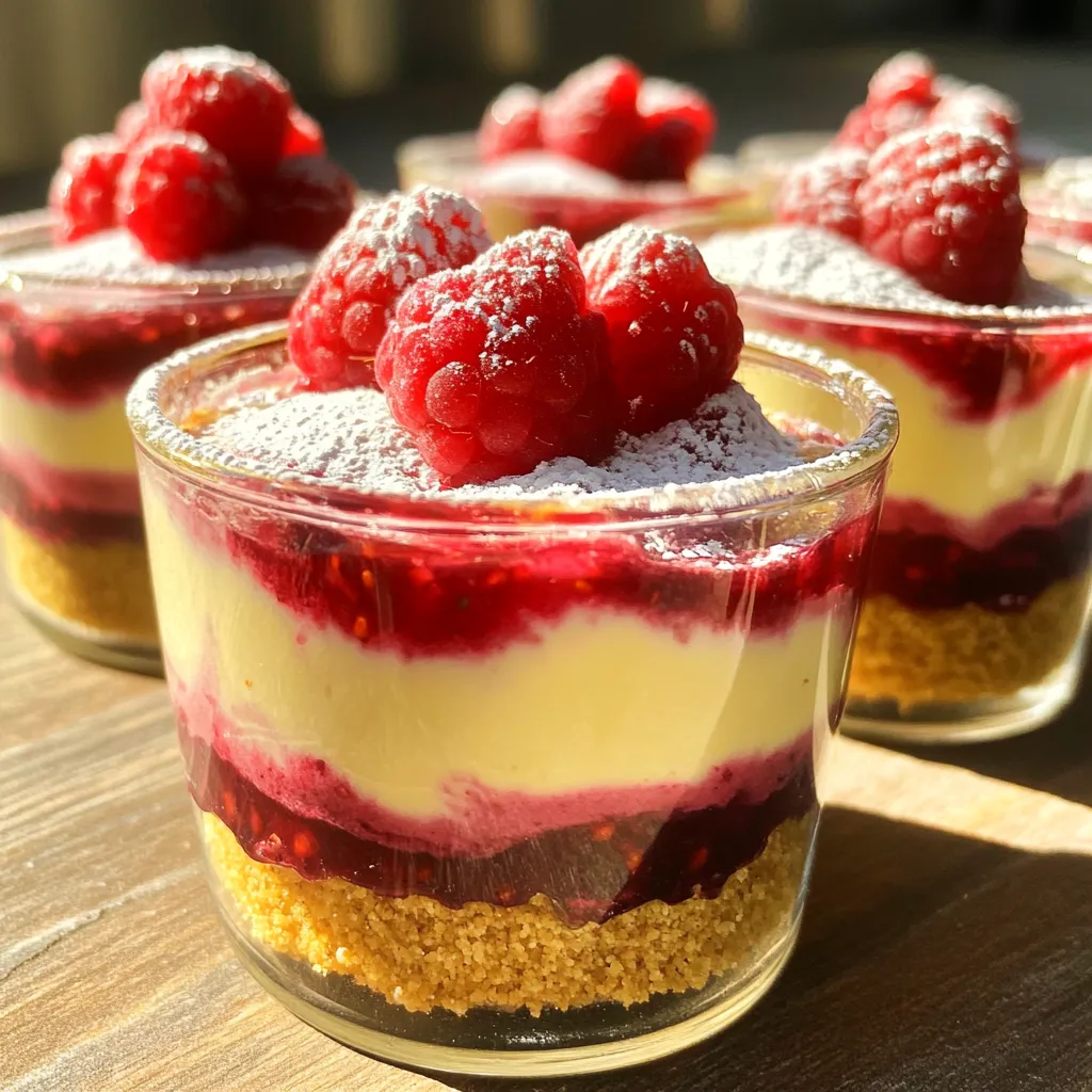 To make No-Bake Raspberry Cheesecake Cups, gather these simple items: - 1 cup graham cracker crumbs - 4 tablespoons unsalted butter, melted - 2 cups cream cheese, softened - 1 cup powdered sugar - 1 teaspoon vanilla extract - 1 cup heavy whipping cream - 1 cup fresh raspberries (plus extra for garnish) - 1 tablespoon lemon juice - 1 tablespoon gelatin (optional, for added firmness) - 3 tablespoons water (if using gelatin) You can swap ingredients based on your taste and needs: - Graham cracker crumbs: Use crushed cookies, like Oreos or digestive biscuits. - Cream cheese: Mascarpone can replace cream cheese for a rich flavor. - Powdered sugar: Regular granulated sugar can work, but it may not dissolve well. - Heavy whipping cream: Use coconut cream for a dairy-free option. - Raspberries: Fresh strawberries or blueberries work well too. When picking fresh raspberries, look for: - Color: Choose bright, vibrant red berries with no dull patches. - Firmness: The berries should feel plump and firm, not mushy. - Dryness: Avoid wet or moldy berries, as they spoil quickly. - Smell: A sweet scent means the berries are ripe and tasty. Fresh raspberries add flavor and color to your cups. Enjoy the process! First, gather your graham cracker crumbs and melted butter. In a medium bowl, mix them well. You want all the crumbs to be coated with butter. This gives your base a great flavor and helps it hold together. Next, take individual cups and spoon the mixture into each one. Press it down firmly. Make sure it is packed tight. This base will give your cheesecake cups a nice crunch. Place the cups in the refrigerator. Let them chill while you prepare the filling. Now, grab a large bowl. Add softened cream cheese, powdered sugar, and vanilla extract. Use a hand mixer to beat them together until smooth. This step is key to getting a creamy filling. In another bowl, pour in the heavy cream. Whip it until stiff peaks form. This means it should hold its shape well. Gently fold the whipped cream into the cream cheese mix. Be careful not to deflate the whipped cream. This keeps your cheesecake light and fluffy. If you want a firmer texture, now is the time to mix in the dissolved gelatin. For the raspberry puree, take fresh raspberries and lemon juice. Blend them until smooth. If you like, strain the mixture through a sieve. This makes it smoother. Now, take a spoonful of the raspberry puree and add it to your cheesecake mixture. Use a spatula to swirl it in. Do not overmix! You want a marbled look. This will give your cups a beautiful and tasty appearance. Now it's time to assemble your cups. Spoon the cheesecake filling over the chilled graham cracker base. Smooth the tops with a spatula for a nice finish. You can top each cup with extra fresh raspberries. This adds a pop of color and taste. Cover the cups with plastic wrap and place them back in the fridge. Let them chill for at least four hours. This helps the cheesecake set properly. Enjoy your delicious no-bake raspberry cheesecake cups! To get the best texture, use room temperature cream cheese. Cold cream cheese makes lumps. Beat the cream cheese until smooth and creamy. This helps make it light and fluffy. Gently fold in the whipped cream. This keeps the mixture airy and soft. If you want a firmer cheesecake, add gelatin. Mix it with hot water first. This helps it dissolve well. Use a clean, cold bowl to whip your cream. Cold helps the cream whip faster and better. Start at a low speed, then increase it to high. Watch closely for stiff peaks. This means the cream is ready. If you overwhip, it may turn grainy. You want it light and fluffy to mix in well. Serve these cups chilled for the best taste. Add fresh raspberries on top for color and flavor. You can also sprinkle some graham cracker crumbs for crunch. For extra flair, drizzle some raspberry sauce over the top. This makes it look fancy and inviting. Consider adding mint leaves for a touch of green. Enjoy these cups at parties or as a sweet treat at home! {{image_2}} You can swap raspberries for other fruits. Fresh strawberries, blueberries, or peaches work great. Each fruit will give a new taste. For a tropical twist, try mango or passion fruit. These fruits add color and flavor. You can blend them just like raspberries. Use a little lemon juice to enhance their taste. Flavored cheesecakes are fun and easy. You can add chocolate, coffee, or almond flavors. For chocolate, mix cocoa powder into the cream cheese. For coffee, add instant coffee granules. Just remember to adjust the sugar to balance the flavors. You can even use a flavored extract, like almond or mint. These small changes can make a big difference. If you need gluten-free options, use gluten-free graham crackers. They can easily replace regular ones. For dairy-free, try vegan cream cheese and coconut cream. These substitutes can help you enjoy this dessert. Make sure to check labels for allergens. You can still have a tasty treat without dairy or gluten. To store leftover cheesecake cups, cover them tightly with plastic wrap or use a lid. This keeps them fresh and prevents any odors from your fridge. Place them in the fridge if you plan to eat them within a few days. Make sure to keep them chilled at all times. If you want to freeze your cheesecake cups, it’s best to do this before adding the raspberry topping. Wrap each cup tightly in plastic wrap, then place them in a freezer-safe bag. This will help prevent freezer burn. When you're ready to eat, thaw them in the fridge overnight before serving. These cheesecake cups last about 3 to 5 days in the fridge. If you freeze them, they can last up to 2 months. Just remember, the longer they sit, the softer the texture may become. Always check for any off smells or changes in appearance before eating. Yes, you can make these cups ahead of time. They taste even better after chilling. Prepare them a day or two in advance. Just cover them well and store them in the fridge. This allows flavors to blend nicely. If you want to skip gelatin, use more whipped cream. This will keep your cheesecake soft. You can also try agar-agar, a plant-based alternative. Just follow the package instructions for use. You can check if the cheesecake is set by gently shaking it. If it jiggles slightly in the center, it's ready. Another way is to insert a toothpick. If it comes out clean, it’s set. Yes, frozen raspberries work well too. Thaw them first and drain any excess liquid. Blend them into a puree just like fresh ones. The flavor will still be lovely, making your cheesecake tasty! You learned how to make delicious cheesecake cups from fresh raspberries. I shared tips on ingredients, making, and serving. You can swap ingredients or try different flavors, too. I included storage tips to keep your dessert fresh. Remember to aim for smooth texture and chill time for the best results. Enjoy making this treat and sharing it with friends and family. Your cheesecake cups can impress anyone!