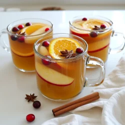 - 4 cups apple cider - 1 orange, sliced - 2 cinnamon sticks The base of this drink is apple cider. It gives a sweet and fruity flavor. You need a fresh orange. The orange adds a bright and zesty note. Cinnamon sticks bring warmth and spice to the cider. - 4 whole cloves - 3 star anise - 1 tablespoon fresh ginger Cloves offer a rich, aromatic touch. They pair well with the apple flavor. Star anise adds a unique taste, like licorice. Ginger gives warmth and a slight kick. This mix of spices enhances the overall flavor. - 2 tablespoons maple syrup (for sweetness) - Fresh cranberries for garnish If you like your cider sweeter, add maple syrup. It adds a lovely depth of flavor. Fresh cranberries make a nice garnish. They add color and a tart contrast to the sweet cider. First, get a large pot. Pour in 4 cups of apple cider. Turn the heat to medium. Watch as the cider warms up. Next, slice one orange. Add the slices to the pot. This will give a nice, fresh taste. Now, grab 2 cinnamon sticks. Toss them in along with 4 whole cloves and 3 star anise. Slice 1 tablespoon of fresh ginger and add it too. If you like it sweet, stir in 2 tablespoons of maple syrup. This adds a nice touch. Now, it’s time to let the flavors mix. Bring the cider to a gentle simmer. Do not let it boil. This is key to keeping the taste smooth. Let it simmer for 10-15 minutes. Cover the pot to keep the heat in. This will help the spices blend well with the cider. After simmering, taste it. If you want it sweeter, add more maple syrup. Once done, you need to strain the cider. Use a fine mesh sieve or cheesecloth. This will remove all the spices, leaving just the warm cider. Now, pour the cider into mugs or a serving pitcher. For a nice touch, garnish with fresh cranberries. You can also add a slice of orange or a cinnamon stick for a pretty look. Enjoy your cozy drink! To make your mulled apple cider just right, adjust the sweetness. Adding maple syrup gives a nice touch. Start with two tablespoons and taste. You can always add more if you want it sweeter. Choosing the right apple cider is key. Look for fresh, pure cider without added sugars. This will give you the best flavor. Local farms often sell great cider. Presentation matters! Use clear glass mugs to show off the warm color. It makes the drink look inviting. You can also decorate with a cinnamon stick and a slice of orange. This adds a nice touch. Optional garnishes like fresh cranberries can make your cider pop. They add color and a festive feel. You can also use a few slices of orange on top for more flavor. Clear glass mugs are perfect for this drink. They let you see the beautiful colors and garnishes. It adds to the cozy vibe. For a fun twist, try serving with whipped cream on top. It adds creaminess and makes the drink feel special. You can even sprinkle some cinnamon on the cream for extra flavor. {{image_2}} To make your mulled apple cider unique, try adding different fruits. Pears add a sweet touch. Cranberries bring a tart kick. You can also experiment with spices. Try nutmeg for warmth or cardamom for a floral note. Each fruit and spice can change the taste. You can enjoy this cider in many ways. For a fun twist, add rum or bourbon for an adult drink. If you're serving kids, keep it light. Use less spice and skip the alcohol. You can use apple juice instead of cider for a sweeter option. Seasonal changes can inspire new flavors. For Christmas, add peppermint or vanilla for a festive feel. In fall, focus on flavors like nutmeg and allspice to enhance the cozy vibe. You can also use pumpkin spice for a seasonal twist. Each variation makes the drink feel special. To store mulled apple cider, place it in a clean glass jar. Make sure the jar is airtight. This method keeps the cider fresh and tasty. You can also use a pitcher with a lid. In the fridge, your cider lasts about 3 to 5 days. Always check for any signs of spoilage before serving. You can freeze mulled apple cider for longer storage. Use freezer-safe containers or resealable bags. Leave some space at the top of the container. This space helps the cider expand as it freezes. To thaw, move it to the fridge overnight. You can also warm it gently on the stove. When reheating mulled apple cider, use a pot over low heat. This method keeps the flavors intact. Stir it often to ensure even heating. Avoid boiling the cider, as this can change the taste. Keep an eye on it and enjoy the warm aroma filling your kitchen! You can store mulled apple cider in the fridge for up to a week. It stays fresh in an airtight container. If you want to keep it longer, freeze it! In the freezer, it can last for about three months. Just make sure to leave some space in the container for expansion. Yes, you can make mulled apple cider ahead of time! Simply follow the recipe and let it cool. After it's cool, pour it into a container and store it in the fridge. When you are ready to enjoy it, just heat it up gently. This way, you save time on busy days. Mulled apple cider has many health benefits. The apple cider itself is rich in antioxidants. The spices add even more benefits. - Cinnamon helps with blood sugar control. - Cloves have strong anti-inflammatory properties. - Ginger can aid digestion and soothe nausea. - Star anise is known for its antibacterial effects. These spices not only taste great but also boost your health! Enjoying a warm cup of mulled apple cider can be both comforting and good for you. Mulled apple cider brings warmth and joy to any gathering. We discussed key ingredients like apple cider, orange slices, and spices. I shared steps to heat and simmer the cider while enhancing flavors. You learned tips to perfect your drink and ideas for fun variations. Remember, adjusting sweetness and experimenting with spices can create a personal touch. Whether for cozy nights or festive occasions, this drink warms hearts. Enjoy crafting your own special blend of mulled apple cider!