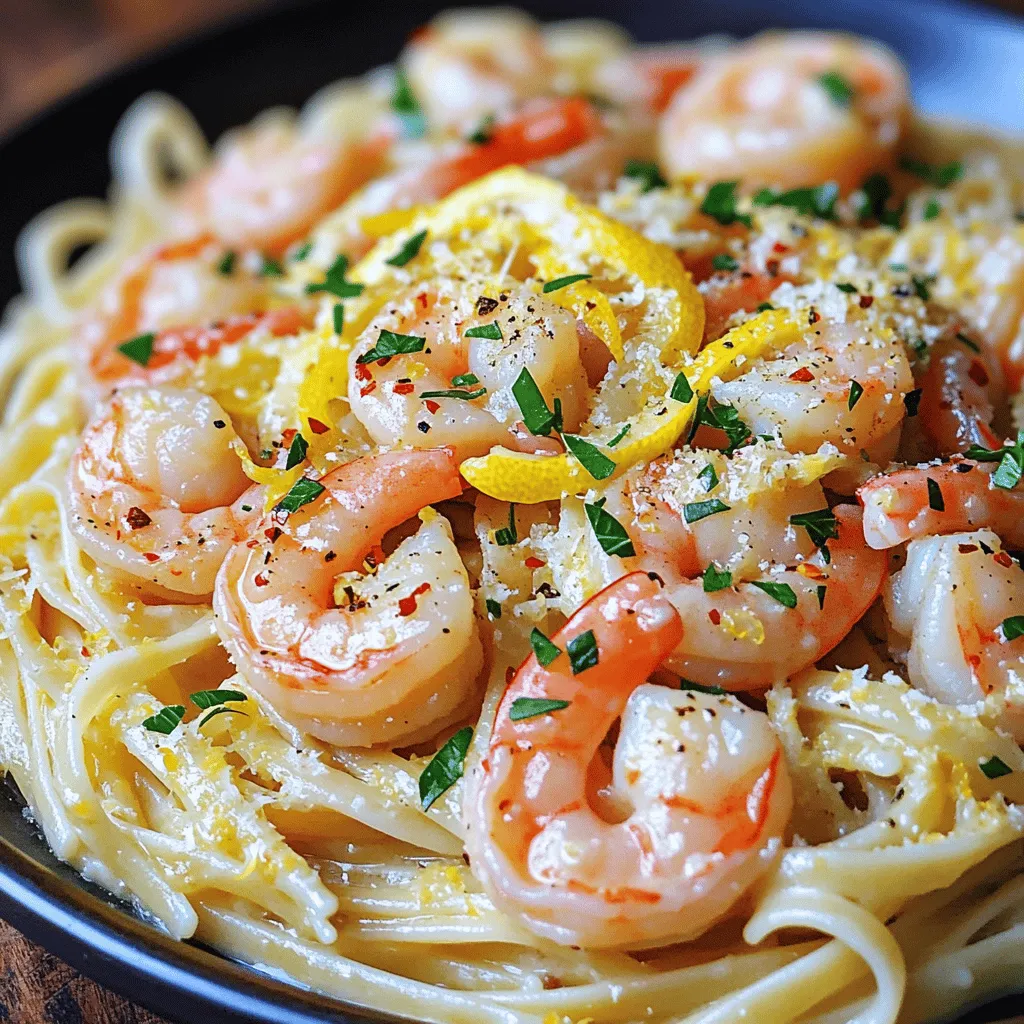 To make Lemon Garlic Shrimp Linguine, you need these key items: - 8 oz linguine pasta - 1 lb large shrimp, peeled and deveined - 4 cloves garlic, minced - 2 tablespoons olive oil - 1 tablespoon butter - Zest and juice of 1 lemon - 1/2 teaspoon red pepper flakes - Salt and pepper to taste - 1/4 cup fresh parsley, chopped - Grated Parmesan cheese for serving These ingredients create a tasty, fresh dish. The shrimp and garlic pair well with zesty lemon. You can add more flavor with these extras: - Cherry tomatoes for sweetness - Spinach for color and nutrition - Capers for a briny touch - A splash of white wine for depth These options let you customize the dish to your taste. You can mix and match to find what you love. If you need alternatives, here are some swaps: - Use spaghetti or fettuccine instead of linguine. - Swap shrimp for scallops or chicken. - Replace fresh parsley with basil or cilantro. - Use lemon juice from a bottle if you lack fresh lemons. These substitutions help if you can’t find something or want to try new flavors. Each change brings its own twist to this classic dish. Start by boiling salted water in a big pot. Add the linguine and cook it as the package says. This usually takes about 8 to 10 minutes. You want it to be al dente, which means it should be firm but not hard. Before you drain the pasta, save half a cup of the water. This water has starch, which helps your sauce stick. Drain the pasta and set it aside. Grab a large skillet and heat olive oil and butter over medium-high heat. Once it’s hot, add the minced garlic and red pepper flakes. Let them cook for about 30 seconds until they smell great. Now, add the shrimp to the skillet. Season them with salt and pepper. Cook one side for 2-3 minutes until they turn pink. Then, flip the shrimp and cook for another 1-2 minutes. The shrimp should be fully cooked but not rubbery. Lower the heat to a gentle simmer. Add the lemon juice and zest from your freshly squeezed lemon. Pour in a couple of tablespoons of the reserved pasta water. Stir everything together to mix the flavors. If the sauce looks too thick, add more pasta water until it’s just right. Now, add your cooked linguine to the skillet. Toss it well to coat the pasta with the sauce. Finally, stir in the chopped parsley. Taste and add more salt, pepper, or lemon juice if needed. The key to great shrimp is cooking time. Shrimp cooks fast. You want them pink and firm. Cook them for only 2 to 3 minutes on one side. Then flip them and cook for 1 to 2 more minutes. Overcooked shrimp becomes rubbery. So, watch them closely! Fresh herbs make your dish pop. I love using parsley in this recipe. It adds a bright, fresh taste. Chop it finely and stir it in at the end. You can also try basil or chives for a different twist. Fresh herbs can elevate the dish. The sauce should be smooth and creamy. Start by adding a bit of pasta water to the skillet. This helps combine the flavors. If it looks dry, add more water gradually. The goal is to coat the pasta well without making it watery. Taste as you go to find the perfect balance. {{image_2}} You can boost the nutrition of your lemon garlic shrimp linguine by adding vegetables. Some great choices include spinach, cherry tomatoes, and bell peppers. These vegetables not only add color but also enhance the dish's flavor. - Spinach: Add fresh spinach during the last minute of cooking. It wilts quickly and adds a nice green touch. - Cherry Tomatoes: Cut them in half and toss them in with the shrimp. They add sweetness and juiciness. - Bell Peppers: Slice them thin and sauté them with the garlic for a crunchy texture. These vegetables complement the shrimp and make your meal even healthier. If you want to switch things up, try different pasta types. While linguine works great, other options can bring new flavors and textures. - Spaghetti: This classic pasta is a perfect substitute. It holds sauce well and cooks quickly. - Zoodles: For a low-carb option, spiralized zucchini is fantastic. It adds freshness and is very light. - Whole Wheat Pasta: This option increases fiber and provides a nutty flavor, making the dish more filling. Experimenting with these pasta choices can add a new twist to your meal. For those who enjoy a kick, you can easily spice up your lemon garlic shrimp linguine. Adding more heat can elevate the dish to a whole new level. - Red Pepper Flakes: Increase the amount from 1/2 teaspoon to 1 teaspoon for a bolder flavor. - Fresh Jalapeños: Slice them thinly and toss them in with the shrimp. They add both heat and crunch. - Chili Oil: Drizzle some chili oil over the finished dish for a spicy finish. These additions will not only wake up your taste buds but also give you a fun twist on a classic dish. To keep your Lemon Garlic Shrimp Linguine fresh, let it cool to room temperature. Transfer it to an airtight container. Store it in the fridge for up to three days. If you want to keep it longer, consider freezing it. When reheating, the goal is to restore the dish’s flavor and texture. Use a skillet over medium heat. Add a splash of water or broth to help rehydrate the pasta. Stir until heated through. You can also microwave it, but add a little water to prevent drying out. You can freeze Lemon Garlic Shrimp Linguine for up to three months. Place it in a freezer-safe container or bag. Make sure to remove as much air as possible. When ready to eat, thaw it in the fridge overnight. Reheat as mentioned above. Yes, you can use frozen shrimp. Just thaw them first. Place shrimp in cold water for 15-20 minutes. This will help them cook evenly. Avoid cooking them straight from frozen. They may not cook well and can be rubbery. Lemon Garlic Shrimp Linguine pairs well with many sides. Here are some ideas: - A fresh green salad with lemon vinaigrette - Garlic bread for dipping in sauce - Steamed vegetables like broccoli or asparagus - A light white wine to enhance the meal These options complement the dish's bright flavors and make a balanced meal. Yes, this dish is great for meal prep. Store it in airtight containers. It keeps well in the fridge for up to three days. Reheat in the microwave or on the stove. If the pasta seems dry, add a splash of water or olive oil while reheating. Enjoy this dish throughout the week! In this blog post, we explored key ingredients and step-by-step cooking for Lemon Garlic Shrimp Linguine. You learned about essential and optional ingredients, substitutions, and variations for added flavor. I provided tips for perfect shrimp and sauce consistency. Lastly, I covered storage options and frequently asked questions. Now, you can confidently make this dish and customize it to your taste. Enjoy your delicious meal, and feel free to experiment with new flavors!