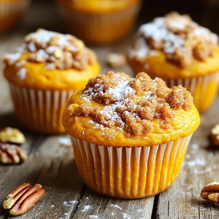 - 1 cup canned pumpkin puree - 1/2 cup vegetable oil - 1 cup brown sugar - 1/2 cup granulated sugar - 2 large eggs - 1 teaspoon vanilla extract - 2 cups all-purpose flour - 1 teaspoon baking soda - 1 teaspoon baking powder - 1 teaspoon ground cinnamon - 1/2 teaspoon ground nutmeg - 1/4 teaspoon ground ginger - 1/2 teaspoon salt The base of these muffins is rich and moist, thanks to the canned pumpkin puree. It gives a lovely texture and flavor. The mix of brown and granulated sugar creates a sweet balance. Vegetable oil adds moisture, while eggs bind everything together. Vanilla extract enhances the taste, making each bite delightful. - 1/2 cup all-purpose flour - 1/3 cup brown sugar - 1/4 cup unsalted butter, softened - 1 teaspoon ground cinnamon The streusel topping adds a crunchy layer to your muffins. The blend of flour, brown sugar, and butter forms a crumbly mixture. Ground cinnamon gives it a warm, inviting scent. This topping is what makes these muffins stand out. - 1/2 cup chopped walnuts or pecans (optional) Adding nuts is a great way to enhance flavor and texture. They bring a nice crunch to the muffins. You can also mix in other spices like allspice or cloves for extra warmth. These optional ingredients allow you to customize your muffins. Start by preheating your oven to 350°F (175°C). While that heats up, grab your muffin tin. You can use paper liners to make cleanup easy or lightly grease each cup. This step is key to avoid sticking. In a large bowl, mix together these wet ingredients: - 1 cup canned pumpkin puree - 1/2 cup vegetable oil - 1 cup brown sugar - 1/2 cup granulated sugar - 2 large eggs - 1 teaspoon vanilla extract Whisk these ingredients until they are smooth and well combined. This mixture will give your muffins great flavor and moisture. In another bowl, whisk together: - 2 cups all-purpose flour - 1 teaspoon baking soda - 1 teaspoon baking powder - 1 teaspoon ground cinnamon - 1/2 teaspoon ground nutmeg - 1/4 teaspoon ground ginger - 1/2 teaspoon salt Make sure there are no lumps in the dry mix. This helps your muffins rise evenly. In a small bowl, mix together: - 1/2 cup all-purpose flour - 1/3 cup brown sugar - 1/4 cup unsalted butter, softened - 1 teaspoon ground cinnamon - 1/2 cup chopped walnuts or pecans (optional) Use your fingers or a fork to blend until crumbly. This topping adds a crunchy, sweet layer to your muffins. Now it's time to combine the wet and dry ingredients. Gradually add the dry mix to the pumpkin mixture. Stir gently until just mixed. Avoid overmixing to keep your muffins light and fluffy. Next, fill each muffin cup about 2/3 full with the batter. Don’t forget to sprinkle the streusel topping generously over each muffin. Place your filled muffin tin in the oven and bake for 18-20 minutes. To check if they are done, insert a toothpick into the center. If it comes out clean, they are ready. Let the muffins cool in the pan for about 5 minutes. Then, transfer them to a wire rack to cool completely. Enjoy the warm, sweet smell that fills your kitchen! To keep your muffins light, mix gently. Add the dry ingredients to the wet mix slowly. Stir just until you see no dry flour. Overmixing makes muffins tough. This step is key for soft, fluffy muffins. Use fresh ingredients for the best flavor. Preheat your oven to 350°F (175°C) before baking. Line your muffin tin with paper liners or grease it lightly. Fill each muffin cup about two-thirds full. Place them evenly in the oven for even baking. Check for doneness with a toothpick. It should come out clean. Serve your muffins warm for the best taste. Dust them with powdered sugar for a sweet touch. Add a dollop of cream cheese for extra creaminess. For a festive look, sprinkle ground cinnamon on top. You can also add a few pecan halves for crunch. These touches make your muffins even more special. {{image_2}} You can make these muffins gluten-free. Use a gluten-free flour mix instead of all-purpose flour. Look for blends that work well in baking. These blends often have a mix of rice flour, potato starch, and xanthan gum. They help create the right texture. Follow the same recipe steps for mixing and baking. Enjoy a tasty muffin without gluten! If you want to cut sugar, try different sweeteners. Honey or maple syrup can work well. Use about three-quarters of a cup for every cup of sugar. This adds flavor and sweetness. You can also add fun extras. Chopped apples or dried cranberries bring extra flavor. Mix them in when you combine the wet ingredients. You can change the flavor of your muffins easily. For a chocolate twist, add chocolate chips to the batter, about half a cup should do. If you love maple, replace some sugar with maple syrup. A teaspoon of maple extract can add a nice touch too. These little changes can make your muffins unique and fun! Store leftover pumpkin streusel muffins in an airtight container. This keeps them fresh. You can keep them at room temperature for up to three days. For longer storage, place them in the fridge for about a week. Just make sure they are cool before sealing them up. You can freeze these muffins for later use. Wrap each muffin tightly in plastic wrap. Place them in a freezer bag or container. They can stay in the freezer for up to three months. When you are ready to enjoy them, just pull them out and let them thaw at room temperature. To reheat your muffins, preheat the oven to 350°F (175°C). Place the muffins on a baking sheet and warm them for about 5-10 minutes. This brings back their soft texture and warms the flavors. You can also microwave them. Heat for about 10-15 seconds for a quick snack. Enjoy your muffins warm for the best taste! Yes, you can use fresh pumpkin. First, cook the pumpkin until soft. Then, mash it well. This gives great flavor and texture. However, canned pumpkin is easier and still tasty. You can use melted coconut oil or applesauce. Both work well and keep the muffins moist. If you want a lighter taste, use melted butter instead. To make these muffins dairy-free, swap the unsalted butter in the streusel with coconut oil or a dairy-free margarine. This keeps the flavor and texture nice. To check if muffins are done, insert a toothpick into the center. If it comes out clean, they are ready. You can also look for a golden-brown color on top. You now have all you need to make delicious Pumpkin Streusel Muffins. We covered the key ingredients, the step-by-step process, and some helpful tips. Don’t forget the variations to suit your tastes and dietary needs. Storing your muffins correctly will keep them fresh and tasty. Enjoy your baking adventure and have fun experimenting with flavors. You'll love the cozy, warm taste of these muffins!