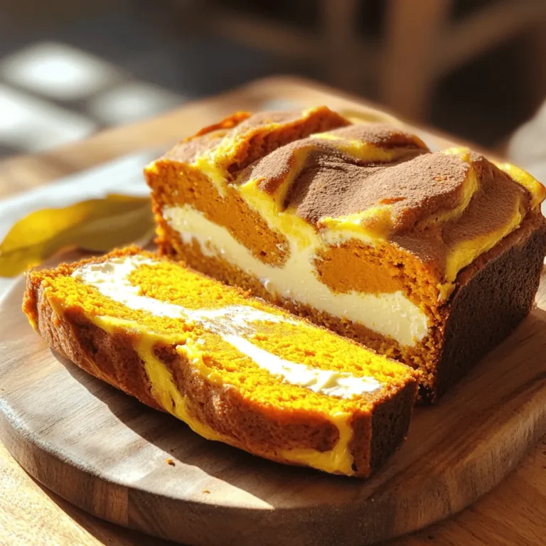 For the dry ingredients, you will need: - 1 ¾ cups all-purpose flour - 1 teaspoon baking powder - 1 teaspoon baking soda - ½ teaspoon salt - 1 teaspoon ground cinnamon - ½ teaspoon ground nutmeg - ½ teaspoon ground ginger These ingredients create the base of your loaf. The flour provides structure, while the baking powder and baking soda help it rise. The spices give a warm, cozy flavor. For the wet ingredients, gather: - 1 cup granulated sugar - ½ cup brown sugar, packed - ½ cup vegetable oil - 1 cup pure pumpkin puree (canned or fresh) - 3 large eggs - 1 teaspoon vanilla extract The sugar blends sweetness with moisture. The oil keeps the loaf soft, while pumpkin puree adds rich flavor and a lovely color. Eggs help bind everything together, making it all come to life. For the cream cheese filling, you will need: - 8 ounces cream cheese, softened - ½ cup powdered sugar - 1 tablespoon milk This creamy filling adds a delightful surprise in every slice. The cream cheese makes it rich and smooth, while the powdered sugar sweetens it just right. A little milk thins it out to the perfect consistency. First, you need to preheat your oven to 350°F (175°C). This step is key for even baking. Next, take your 9x5-inch loaf pan and grease it well. I like to use vegetable oil or butter to coat the pan. This helps the loaf come out easily when it’s done. Now, grab a medium bowl. In it, whisk together the dry ingredients: 1 ¾ cups all-purpose flour, 1 teaspoon baking powder, 1 teaspoon baking soda, ½ teaspoon salt, 1 teaspoon ground cinnamon, ½ teaspoon ground nutmeg, and ½ teaspoon ground ginger. Make sure everything is mixed well. This mix adds flavor and helps the loaf rise. In a large bowl, mix your wet ingredients. Start with 1 cup granulated sugar and ½ cup brown sugar. Pour in ½ cup vegetable oil. Mix these until they combine well. Then, add 1 cup pure pumpkin puree, 3 large eggs, and 1 teaspoon vanilla extract. Stir until your mixture is smooth and creamy. Now, it’s time to combine everything. Gradually add your dry mix into the wet mixture. Stir gently until just combined. Be careful not to overmix. Overmixing can make the loaf tough. The batter should be slightly lumpy, and that’s okay! To assemble, pour half of the pumpkin batter into your prepared loaf pan. Now, take 8 ounces of softened cream cheese, ½ cup powdered sugar, and 1 tablespoon milk. Mix these in a separate bowl until smooth. Spread this cream cheese mixture evenly over the pumpkin batter. Then, pour the rest of the pumpkin batter on top. For a fun twist, you can use a knife to swirl the cream cheese into the batter. Bake in the oven for 55-65 minutes. It’s done when a toothpick comes out clean from the center. After baking, let the loaf cool in the pan for about 10 minutes. This makes it easier to take out. Then, transfer it to a wire rack to cool completely. Cooling is important, as it helps the flavors settle. Once cooled, it’s ready to slice and enjoy! To bake the best pumpkin cream cheese loaf, follow these tips. First, always preheat your oven to 350°F (175°C). This step helps the loaf rise well. Use a 9x5-inch loaf pan and grease it well to prevent sticking. For even baking, place the pan in the center of the oven. Another tip is to measure your flour correctly. Spoon the flour into your measuring cup, then level it off with a knife. This method avoids too much flour in the mix, which can make the loaf dense. Lastly, check the loaf at 55 minutes. If a toothpick comes out clean, it is ready! Creating a creamy filling is easy with the right method. Start by using softened cream cheese. This softening allows it to mix well. Combine the cream cheese, powdered sugar, and milk in a bowl. Beat these ingredients until smooth and fluffy. You want the filling to be easy to spread. If you want a richer flavor, use a splash of vanilla extract in the cream cheese mixture. For a fun twist, try adding a pinch of cinnamon or nutmeg for extra warmth. These small changes make a big difference in taste. Making your pumpkin cream cheese loaf look great is simple. After cooling, slice the loaf neatly with a sharp knife. Arrange the slices on a pretty platter. A sprinkle of cinnamon on top adds a nice touch and makes it look festive. For a special treat, drizzle a little cream cheese frosting over each slice. This extra step adds sweetness and makes the loaf shine. Serve your loaf with a warm drink, like tea or coffee, to create a cozy moment. {{image_2}} You can make tasty swaps in this recipe. Here are some ideas: - Flour: Use whole wheat flour for a nuttier taste. - Sugars: Substitute coconut sugar for a lower glycemic option. - Oil: Instead of vegetable oil, use melted coconut oil for a unique flavor. - Eggs: Use flax eggs (1 tablespoon ground flaxseed + 2.5 tablespoons water) for a vegan option. These swaps can change the taste and texture, making this loaf your own. Want to mix things up? Here are some fun flavor options: - Spices: Add more spices like cloves or allspice for extra warmth. - Nuts: Mix in walnuts or pecans for a crunchy surprise. - Chocolate: Fold in chocolate chips for a sweet twist. - Fruits: Diced apples or cranberries can add freshness and tang. Feel free to get creative with these flavors. Your pumpkin cream cheese loaf can be different each time! If gluten or dairy is a concern, you can still enjoy this loaf. Here’s how: - Gluten-Free: Use a gluten-free flour blend in place of all-purpose flour. - Dairy-Free: Replace cream cheese with a dairy-free cream cheese alternative. Use almond milk instead of cow's milk in the filling. These options let everyone enjoy this delicious treat without worry. You can keep your pumpkin cream cheese loaf at room temperature for a few days. Place it in an airtight container. This keeps it fresh and moist. Enjoy it within three days for the best flavor. If you slice it, wrap each piece in plastic wrap. This helps prevent it from drying out. To store your loaf longer, keep it in the fridge. Wrap the loaf tightly in plastic wrap or foil. You can also place it in an airtight container. This helps to maintain its taste and texture. It will last for about a week in the refrigerator. Just remember to let it warm up slightly before serving. It tastes better that way. Freezing is a great option if you want to save some loaf for later. First, allow the loaf to cool completely. Then, wrap it tightly in plastic wrap. After that, place it in a freezer-safe bag or container. You can freeze it for up to three months. When you’re ready to eat, thaw it in the fridge overnight. You can also warm it in the microwave for a quick treat. You can check if the loaf is done by sticking a toothpick into the center. If it comes out clean, the loaf is ready. The top should look golden brown and spring back when touched lightly. If it is not done, bake it a bit longer, checking every few minutes. Yes, you can use fresh pumpkin. Just cook the pumpkin until soft and puree it. This will give your loaf a fresh taste. Make sure to measure out a cup of the puree for the recipe. Fresh pumpkin adds a nice flavor and texture to the loaf. This loaf is great on its own. You can serve it warm or at room temperature. For extra flavor, add a sprinkle of cinnamon on top. You can also drizzle cream cheese frosting over each slice. Enjoy it with a cup of tea or coffee for a cozy treat. Once baked, the loaf lasts about 3 to 4 days at room temperature. Keep it in an airtight container to keep it fresh. If you want it to last longer, you can store it in the fridge for up to a week. For longer storage, freeze the loaf for up to three months. This blog covered the key steps to bake a delicious pumpkin cream cheese loaf. We explored ingredients, detailed instructions, and shared valuable tips for baking success. I hope you feel ready to create your own tasty loaf. Remember, you can customize the recipe with various flavors and dietary needs. Don't hesitate to experiment and make it your own. Enjoy every bite, and happy baking!