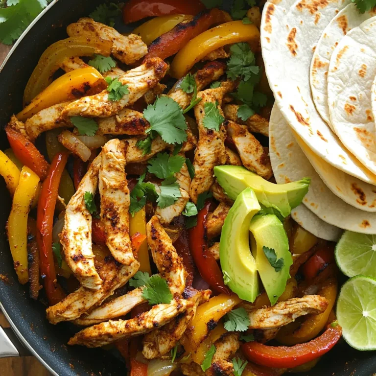 For this dish, I use simple and fresh ingredients. Here’s what you need: - 1 lb (450g) boneless, skinless chicken breasts, sliced into thin strips - 1 tablespoon olive oil - 1 red bell pepper, sliced - 1 yellow bell pepper, sliced - 1 medium onion, sliced - 8 small flour tortillas These main ingredients create a hearty base for the fajitas. The chicken provides protein, while the peppers and onion add color and crunch. The spices are where the magic happens! You’ll need: - 1 teaspoon smoked paprika - 1 teaspoon chipotle powder - 1 teaspoon garlic powder - 1 teaspoon onion powder - Salt and pepper to taste These spices give the chicken a smoky flavor with a bit of heat. The smoked paprika adds depth, while the chipotle powder brings that signature kick. To make your fajitas even more delicious, consider these garnishes: - Fresh cilantro, chopped - Sliced avocado - Lime wedges These toppings not only add flavor but also make your dish look vibrant. Squeeze some lime juice over your fajitas for a zesty touch. Enjoying them with avocado gives a creamy texture that balances the heat. Start by slicing 1 pound of boneless, skinless chicken breasts into thin strips. In a medium bowl, mix the chicken with 1 tablespoon of olive oil. Add 1 teaspoon each of smoked paprika, chipotle powder, garlic powder, onion powder, salt, and pepper. Toss the chicken well until it is fully coated in the spices. Let the chicken marinate for at least 15 minutes. This step boosts the flavor and makes the chicken tender. Heat a large skillet over medium-high heat. Once hot, add the marinated chicken strips. Cook for about 5 to 7 minutes. Stir frequently to ensure even cooking. The chicken should turn golden brown and be fully cooked. This step is key for a juicy fajita. After the chicken is done, add 1 sliced red bell pepper, 1 sliced yellow bell pepper, and 1 sliced medium onion to the skillet. Sauté them together for another 5 to 6 minutes. The goal is for the vegetables to become tender and slightly charred. This adds great texture and flavor to your fajitas. Drizzle 2 tablespoons of lime juice over the chicken and vegetable mixture. Stir well before taking it off the heat. Next, warm 8 small flour tortillas in a dry skillet or microwave. To assemble, place a generous portion of the chicken and vegetable mix onto each tortilla. Top with sliced avocado and sprinkle with fresh chopped cilantro. Serve the fajitas with lime wedges on the side for an extra burst of flavor. This enhances the dish and makes it more refreshing. Enjoy your smoky chipotle chicken fajitas with friends or family for a fun meal! Marinating the chicken is key for great flavor. Mix the chicken strips with olive oil and spices in a bowl. Ensure every piece is well coated. I recommend marinating for at least 15 minutes. This short time allows the spices to seep in. For deeper flavor, marinate for up to 2 hours in the fridge. Use a large skillet over medium-high heat. This helps cook the chicken evenly. Add the marinated chicken and stir often. Cook for 5 to 7 minutes until browned. Then, add sliced peppers and onion. Sauté for another 5 to 6 minutes. Aim for tender veggies with a slight char. This adds a smoky taste that pairs well with the chicken. Toppings can take your fajitas to the next level. Fresh cilantro adds a burst of color and taste. Sliced avocado offers creaminess and balances the spice. Lime wedges give a zesty kick when squeezed over the fajitas. Consider adding diced tomatoes or cheese for extra flavor. Mixing and matching toppings keeps every bite exciting! {{image_2}} You can easily make a vegetarian version of smoky chipotle fajitas. Use sliced mushrooms, zucchini, and bell peppers instead of chicken. These veggies soak up the flavors well. For a vegan option, replace chicken with tofu or tempeh. Marinate them just like the chicken for tasty results. You can explore various proteins for this recipe. Try shrimp for a seafood twist. Just cook the shrimp for a shorter time, about 3-4 minutes. Beef works well too; use thinly sliced flank steak. It adds a rich flavor that pairs nicely with the spices. You can also use turkey for a leaner choice. To control the heat, adjust the chipotle powder. For milder fajitas, use half the amount of chipotle powder. You can also add a bit of honey to balance flavors. If you love spice, add more chipotle or some diced jalapeños. Lime juice will help brighten up the heat. To store leftover fajitas, let them cool first. Place the chicken and veggies in an airtight container. Store in the fridge for up to three days. Keep the tortillas separate to avoid sogginess. To reheat, warm the chicken and veggies in a skillet over medium heat. Stir them frequently until hot. You can also microwave them in short bursts. If using the microwave, cover the dish to keep moisture in. You can freeze fajitas for later. Place cooled chicken and veggies in a freezer-safe bag. Remove as much air as you can. They can last up to three months in the freezer. When ready to eat, thaw in the fridge overnight before reheating. You can serve Smoky Chipotle Chicken Fajitas with many tasty sides. Consider pairing them with: - Refried beans - Mexican rice - Fresh salsa - Guacamole - A simple green salad These sides add color and flavor to your meal. Yes, you can prepare some parts ahead of time. Marinate the chicken a few hours or the night before. This will boost the flavor. You can also slice the veggies ahead of time. Just keep them in the fridge until you are ready to cook. To change the spice level, simply adjust the chipotle powder. Use less for a milder taste. You can also add more lime juice or avocado to cool down the heat. If you want extra spice, add a pinch of cayenne pepper or fresh jalapeños. Yes, many brands offer gluten-free tortillas. Look for ones made from corn or other gluten-free grains. Always check the label to ensure they fit your diet. Enjoying fajitas should be fun for everyone! In this post, I shared how to make smoky chipotle chicken fajitas. We went over the key ingredients, step-by-step cooking, and expert tips. Variations ensure there’s something for everyone, whether you like meat or prefer plant-based dishes. Lastly, I included storage tips to keep your fajitas fresh. Now you can create a tasty meal that fits your taste. Enjoy your cooking and savor each bite!