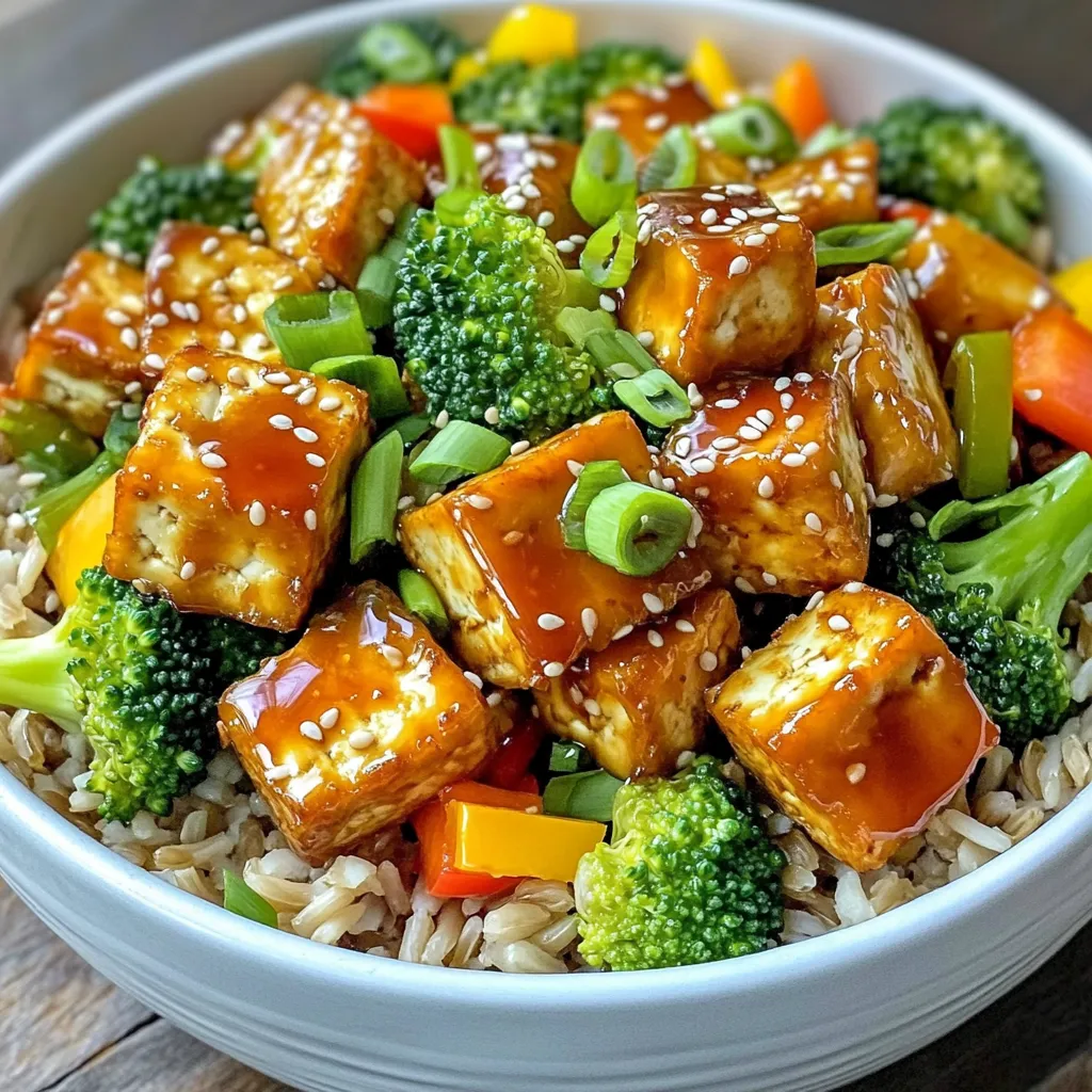 - 1 block firm tofu, drained and pressed - 1 cup broccoli florets - 1 cup bell peppers, sliced (any color) - 1 cup cooked brown rice or quinoa - 1/4 cup teriyaki sauce (store-bought or homemade) - 2 tablespoons sesame oil - 1 tablespoon soy sauce (optional for extra flavor) - 2 green onions, sliced (for garnish) - Sesame seeds (for garnish) You can swap firm tofu for extra-firm tofu for a crispier texture. If you want more color, use red or yellow bell peppers. You can also add other veggies like snap peas or carrots. For a gluten-free option, use tamari instead of soy sauce. If you want a spicy kick, add some crushed red pepper flakes. This recipe serves 2-3 people. Each serving has around: - Calories: 400 - Protein: 15g - Fat: 18g - Carbohydrates: 45g - Fiber: 6g This dish is rich in protein from tofu and full of vitamins from the veggies. It's a balanced meal, perfect for lunch or dinner. Start by draining and pressing the tofu. This helps remove extra water. Next, cut the tofu into bite-sized cubes. In a bowl, combine the tofu cubes, 1 tablespoon of sesame oil, and 1/4 cup of teriyaki sauce. Toss gently to coat the tofu. Let it sit for at least 10 minutes. This allows the tofu to soak up the flavor. While the tofu marinates, prepare your veggies. Toss 1 cup of broccoli florets and 1 cup of sliced bell peppers with the other tablespoon of sesame oil and a pinch of salt. After the tofu has marinated, place the tofu cubes in the air fryer basket. Air fry at 400°F (200°C) for 15 minutes. Shake the basket halfway through to ensure even cooking. After 15 minutes, add the broccoli and bell peppers to the basket. Air fry everything for an additional 8 to 10 minutes until the veggies are tender and the tofu is crispy. While the tofu and vegetables cook, prepare your brown rice or quinoa as per the package instructions. To assemble, take a bowl and layer it with the cooked brown rice or quinoa. On top, add the crispy tofu and roasted vegetables. Drizzle any remaining teriyaki sauce over everything. Finally, garnish with sliced green onions and sesame seeds. Enjoy your vibrant and tasty meal! To get crispy tofu, start with firm tofu. Firm tofu holds its shape well. Drain and press it to remove excess water. This step is key for crispiness. Cut the tofu into small cubes for even cooking. Coat the tofu in a mix of sesame oil and teriyaki sauce. Let it marinate for at least ten minutes. This adds flavor and helps the tofu crisp up nicely. Don't overcrowd the air fryer basket. Give each piece space to cook evenly. Marinades boost the taste of tofu. Teriyaki sauce works great, but you can mix it up. Try adding garlic or ginger for extra kick. You can also use soy sauce. A splash of soy sauce can deepen the flavor. Let the tofu sit in the marinade longer if you can. This allows the tofu to soak up more flavor. For a twist, add citrus juice for a fresh taste. One common mistake is not pressing the tofu enough. If it has too much water, it will not crisp up. Another mistake is skipping the marinating step. Marinating adds flavor and improves texture. Be careful with cooking times. Overcooking can lead to dry tofu or burned veggies. Lastly, avoid crowding the air fryer. If it’s too full, the food will steam instead of fry. {{image_2}} You can switch up the veggies for your Air Fryer Crispy Teriyaki Tofu Bowls. Here are some great options: - Zucchini, sliced into half-moons - Carrots, cut into thin strips - Snow peas, for a crunchy bite - Cauliflower florets, for a mild taste - Spinach, added fresh after cooking Feel free to mix and match. Each vegetable brings its unique flavor and texture! While teriyaki sauce rocks, you can try other sauces to change things up. Consider these options: - Hoisin sauce for a sweet and tangy twist - Peanut sauce for a nutty flavor - Sweet chili sauce for a spicy kick - Soy sauce mixed with ginger for a savory touch Experiment with these sauces. They can add depth to your dish! If you want to swap out the tofu, there are many protein options. Here are a few ideas: - Chickpeas, for a hearty plant-based choice - Edamame, packed with protein and fiber - Tempeh, for a nutty flavor and chewy texture - Grilled chicken, if you prefer meat These options can create a new meal experience. Don't be afraid to explore! After cooking, let your tofu bowls cool down. Transfer any leftovers to an airtight container. Keep it in the fridge for up to three days. This helps maintain flavor and texture. Be sure to store the tofu, rice, and veggies together. This way, they stay fresh and tasty. To reheat, use your air fryer for the best results. Set it to 350°F (175°C). Heat for about 5-7 minutes. This makes the tofu crispy again. If you don't have an air fryer, a microwave works too. Just be aware that the tofu won't be as crispy. You can freeze the cooked tofu and veggies. Place them in a freezer-safe bag or container. Squeeze out as much air as possible. They can last up to three months in the freezer. When ready to eat, thaw in the fridge overnight. Reheat as described above. You can make crispy tofu in a regular oven. Start by preheating the oven to 425°F (220°C). Cut the tofu into cubes, just like in the air fryer recipe. Toss the tofu with sesame oil and teriyaki sauce. Spread the tofu on a baking sheet lined with parchment paper. Bake for 25-30 minutes, flipping halfway through. This method gives you a nice, crispy texture without an air fryer. Yes, you can use frozen vegetables. They are quick to use and still tasty. However, frozen veggies can be softer than fresh ones. To keep them crisp, cook them for a shorter time. Add them to the air fryer with the tofu for about 5-7 minutes. This helps keep some crunch in your dish. This dish is naturally vegan if you use plant-based teriyaki sauce. Just check the label on the sauce for any animal products. All the other ingredients, like tofu and vegetables, are vegan-friendly. Enjoy your meal without worry! We explored cooking delicious, crispy tofu bowls. You learned about all the ingredients, including tasty substitutes. I shared easy step-by-step instructions to prepare and cook your meal. Tips helped you avoid common mistakes and enhance flavor. You discovered variations to keep your bowls exciting. Lastly, we discussed how to store leftovers and reheat them properly. With these insights, you can create a meal that's both fun and healthy. Enjoy your time in the kitchen!