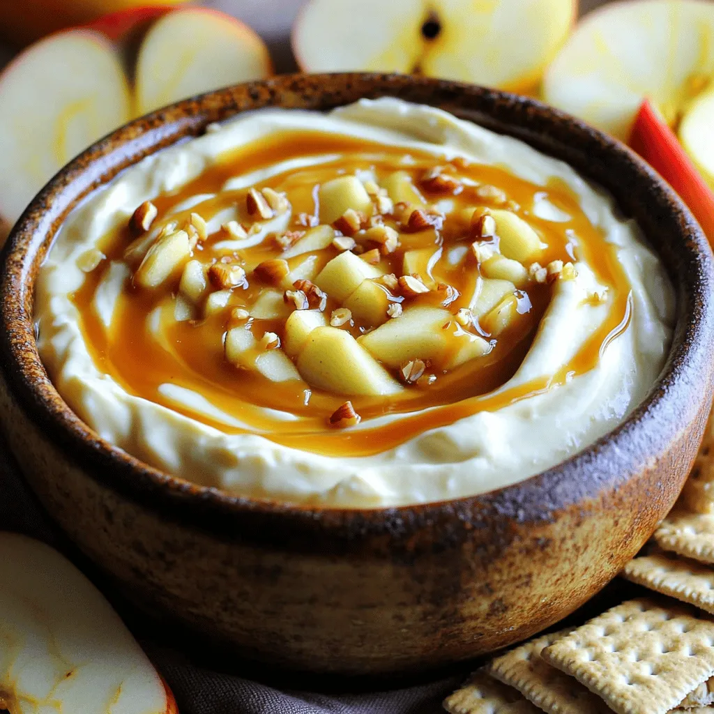 - 8 oz cream cheese, softened - ½ cup powdered sugar - ½ cup brown sugar - 1 tsp vanilla extract - 1 tsp cinnamon - 1 cup sour cream - 1 large apple, finely chopped - ½ cup caramel sauce - Chopped nuts for garnish - Additional caramel sauce for drizzling The main ingredients in this dip create a creamy and sweet mix. Cream cheese forms the base, giving it a rich texture. The sugars add sweetness, while vanilla and cinnamon bring warmth. Sour cream lightens the dip and adds a slight tang. The chopped apple adds freshness and crunch. Caramel sauce gives a sweet finish that ties it all together. You can add optional ingredients to boost flavor and texture. Chopped nuts add a nice crunch on top. A drizzle of extra caramel makes it visually appealing and even sweeter. You can use any apple you like, but I prefer a tart variety for balance. This dip is perfect for parties or a cozy night in. 1. Start by beating the cream cheese until it is smooth. Use an electric mixer for this step. 2. Next, mix in the powdered sugar, brown sugar, vanilla extract, and cinnamon. Blend until they are fully combined. 3. Now, fold in the sour cream until the mixture becomes smooth. 1. Gently stir in the finely chopped apple. Make sure it is evenly mixed into the dip. 2. After that, transfer the creamy mixture to a serving bowl. 3. Create a small well in the center of the dip. This will hold the caramel sauce later. 1. Drizzle the caramel sauce into the well and around the dip. This adds a nice swirl and look. 2. If you want, sprinkle some chopped nuts on top for extra crunch. You can also add more caramel if you like it sweeter. - Always use cream cheese that is at room temperature. Cold cream cheese is hard to mix. - Beat the cream cheese until it is absolutely smooth. This helps the dip blend well. - You can experiment with spices like nutmeg or ginger for more flavor. A little can go a long way! - Adjust the amount of caramel for sweetness. Add more for a sweeter dip or less for a light taste. - This dip pairs perfectly with apple slices. The crispness of the apples balances the creaminess. - Graham crackers add a nice crunch and sweetness. They work great for dipping too. - Pretzel sticks offer a salty twist. They are fun to use and taste amazing with the dip. {{image_2}} You can easily change some ingredients in this dip. For a lighter option, use Greek yogurt instead of sour cream. This swap adds protein and makes the dip tangy. If you're a chocolate lover, try swapping the caramel with chocolate sauce. This gives the dip a rich, sweet twist. Mix up the flavors by trying different types of apples. Granny Smith apples add a tart bite, while Honeycrisp apples bring sweetness. For a fun extra touch, add chocolate chips to the mix. They melt slightly and give each bite a delicious surprise. How you serve this dip can make it even more special. For parties, serve it in individual cups. This way, everyone gets their own portion. If you want a festive vibe, use a decorative bowl. Add a few apple slices or graham crackers around the bowl for a colorful display. To keep your Caramel Apple Cheesecake Dip fresh, store it in an airtight container. Place it in the fridge right after your gathering. The dip stays fresh for about 3 days. Always check for any changes in taste or smell before enjoying it again. You can freeze Caramel Apple Cheesecake Dip, but it's best to freeze it without the caramel. The dip can last up to 2 months in the freezer. When you’re ready to eat it, thaw it overnight in the fridge. Avoid refreezing the dip after thawing. Before serving leftover dip, stir it well to mix any separated ingredients. If it seems thick, add a splash of cream or milk to smooth it out. You can top it with fresh caramel sauce to bring back that delicious, homemade touch. Enjoy it with fresh apple slices or your favorite dippers! You can use Greek yogurt or ricotta cheese as a cream cheese substitute. Both offer a creamy texture. Greek yogurt adds a tangy flavor, while ricotta is milder. If you want a dairy-free option, try cashew cream or silken tofu. Blend either until smooth for the best results. Yes, you can prepare this dip a day before. Just mix all the ingredients and store it in the fridge. Cover it well to keep it fresh. Before serving, give it a quick stir. You might want to add fresh caramel on top before serving for extra flavor. Yes, this dip is gluten-free! It does not contain any gluten ingredients. Pair it with gluten-free items like apple slices or rice crackers. Always check labels to ensure your dipping snacks are gluten-free. This way, everyone can enjoy the dip without worry. This blog post shared how to make a tasty Caramel Apple Cheesecake Dip. We went over the main and optional ingredients, preparation steps, and tips for the best results. You can swap ingredients and try fun variations too. Storing leftovers is easy, and you can even freeze the dip. Caramel Apple Cheesecake Dip is perfect for sharing at parties or enjoying at home. Give it a try, and enjoy all the tasty flavors!