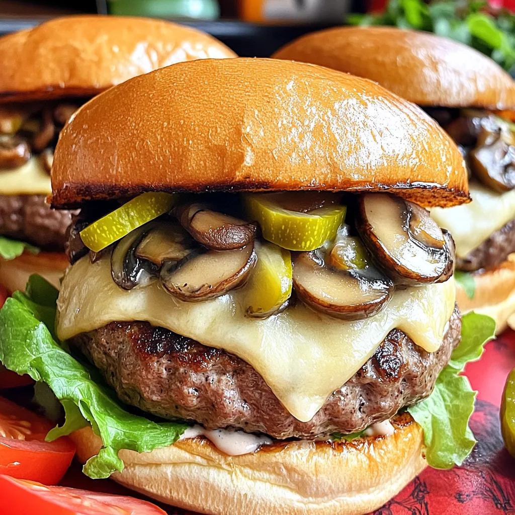 - 1 lb ground beef (80/20) - 1 cup Swiss cheese, shredded - 1 cup mushrooms, finely chopped - 2 cloves garlic, minced - 1 small onion, finely chopped - 1 tablespoon Worcestershire sauce - 1/2 teaspoon black pepper - 1/2 teaspoon salt - Olive oil for sautéing - Burger buns - Toppings: Lettuce, tomato, and pickles When making mushroom Swiss stuffed burgers, the ingredients are key. The ground beef (80/20) gives the burger a rich flavor and juicy texture. The 80/20 ratio means 80% lean meat and 20% fat, perfect for grilling. Swiss cheese adds a creamy touch. I love shredding it for easy melting. Finely chopped mushrooms bring an earthy flavor that pairs well with beef. Minced garlic and onion provide a savory base with great aroma. For seasonings, Worcestershire sauce adds depth. Black pepper and salt enhance the meat’s flavor without overpowering it. Olive oil is perfect for sautéing the onions and mushrooms, making them tender and delicious. For assembly, fresh burger buns are a must. They hold all the flavors together. Toppings like lettuce, tomato, and pickles add crunch and freshness. Each ingredient plays a role in creating a burger that’s not just good, but truly mouthwatering. 1. Heat 1 tablespoon of olive oil in a skillet over medium heat. 2. Add 1 small onion, finely chopped. Cook for about 3-4 minutes until soft. 3. Next, add 2 cloves of minced garlic to the skillet. Stir for about 30 seconds. 4. Now, add 1 cup of finely chopped mushrooms. Sauté for 5-7 minutes. 5. Cook until the mushrooms are tender and most of their moisture is gone. 6. Remove the skillet from the heat and allow the mixture to cool slightly. 1. In a large bowl, mix the ground beef with the cooled mushroom mixture. 2. Add 1 tablespoon of Worcestershire sauce, 1/2 teaspoon of black pepper, and 1/2 teaspoon of salt. 3. Gently mix until combined; do not overwork the meat. 4. Divide the mixture into 4 equal portions. 5. Shape each portion into a flat patty. 6. In the center of each patty, place about 1/4 cup of shredded Swiss cheese. 7. Fold the edges of the patty around the cheese, sealing it in completely. 8. Reshape to ensure a uniform patty. 1. Preheat your grill or skillet over medium-high heat. 2. Cook the burgers for about 5-6 minutes on each side for medium doneness. 3. Adjust the cooking time based on your doneness preference. 4. During the last minute, toast the burger buns on the grill or skillet until golden. 5. Once cooked, remove the burgers from heat and let them sit for a couple of minutes. 6. Assemble the burgers on the toasted buns and add your favorite toppings, like lettuce, tomato, and pickles. To make juicy burgers, start with ground beef at room temperature. This helps the meat stay moist. Handle the meat gently. Overworking can make burgers tough. For cooking time, grill each side for 5-6 minutes for medium doneness. Adjust time if you like your burger less or more cooked. Season your beef mix well. You can add more Worcestershire sauce or some hot sauce for a kick. If you want extra flavor, throw in some herbs like thyme or parsley. You can also mix in cooked bacon bits or diced jalapeños for a fun twist. To melt cheese well, add it in the last minute of cooking. Cover the burgers with a lid or foil to trap the heat. This helps the cheese melt evenly. If you don’t have Swiss cheese, try cheddar, blue cheese, or pepper jack. Each will add a unique taste to your stuffed burger. {{image_2}} You can switch up the cheese in your mushroom Swiss stuffed burgers. Cheddar adds a sharp bite. Blue cheese gives a rich, tangy flavor. For a spicy kick, try pepper jack. Each cheese brings a unique taste that makes your burger special. Feel free to mix and match these options. If you want a veggie or vegan option, try plant-based beef substitutes. Many brands offer tasty versions that mimic ground beef. You can also use vegan cheese that melts well to keep the burger juicy and flavorful. This way, everyone can enjoy a delicious stuffed burger. Want to amp up the flavor? Add crispy bacon for a smoky crunch. Jalapeños can bring heat to each bite. You can also use different types of mushrooms like shiitake or portobello for added depth. These add-ins let you customize your burger to suit your taste. Enjoy experimenting! To keep your mushroom Swiss stuffed burgers fresh, store them in the fridge. Place leftovers in airtight containers. This keeps moisture in and prevents odors from mixing. Aim to eat leftovers within three days for the best taste. When reheating, the best method is the oven. Preheat it to 350°F (175°C). Place the burgers on a baking sheet and cover them with foil. This keeps them moist. Heat for about 10-15 minutes. You can also use a skillet on low heat. Just flip the burgers occasionally to avoid drying them out. You can freeze both uncooked and cooked patties. For uncooked patties, wrap them tightly in plastic wrap and then in aluminum foil. This helps prevent freezer burn. For cooked patties, let them cool completely before wrapping. To thaw, move the patties from the freezer to the fridge overnight. This keeps them safe and tasty. To check if your burgers are done, use a meat thermometer. For medium doneness, aim for 160°F (71°C) inside the burger. If you don’t have a thermometer, press the burger gently with a spatula. If the juices run clear, they are likely done. Be careful not to overcook them. Overcooked burgers can be dry. Yes, you can prepare these burgers ahead. Shape the patties and stuff them with cheese. Place them on a tray and cover with plastic wrap. Store them in the fridge for up to 24 hours. You can also freeze the uncooked patties for up to three months. Just be sure to separate them with parchment paper. These burgers pair well with many sides. Here are some ideas: - Crispy french fries - Fresh coleslaw - A light garden salad - Sweet potato fries - Grilled corn on the cob These sides add flavor and balance to your meal. Enjoy mixing and matching! In this guide, we explored making tasty mushroom Swiss stuffed burgers. We covered the key ingredients, from ground beef to Swiss cheese and mushrooms. You learned step-by-step cooking instructions and storage tips to keep leftovers fresh. We even shared variations for cheese and meat preferences. Now, it's time for you to try these flavorful burgers. Enjoy every bite, and get creative! Your next meal could become a family favorite.