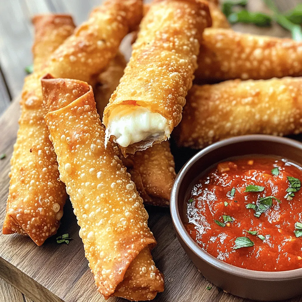 To make Air Fryer Mozzarella Stick Egg Rolls, gather these key ingredients: - 8 egg roll wrappers - 8 sticks of mozzarella cheese - 1 cup all-purpose flour - 2 large eggs, beaten - 1 cup breadcrumbs (preferably panko) - 1 teaspoon garlic powder - 1 teaspoon Italian seasoning - 1/2 teaspoon salt - 1/4 teaspoon black pepper - Cooking spray - Marinara sauce for dipping Each ingredient plays a vital role in creating the perfect snack. The egg roll wrappers hold the cheesy goodness, while mozzarella adds a melty center. Flour helps the coating stick, and eggs bind everything together. Breadcrumbs give that crunchy texture we love. Seasonings enhance the flavor, making each bite exciting. Cooking spray ensures a crispy finish in the air fryer. Finally, marinara sauce adds a tangy dip that pairs perfectly with the egg rolls. Set up your breading station first. Use three shallow dishes to organize your ingredients. Place flour in the first dish. In the second, add the beaten eggs. For the third, mix breadcrumbs with garlic powder, Italian seasoning, salt, and black pepper. This setup makes the assembly easy and quick. To fold the egg rolls, take an egg roll wrapper and place it on a clean surface. Position one corner facing you. Put a mozzarella stick in the center. Fold the bottom corner up over the cheese. Next, fold in the sides. Roll it tightly towards the top corner and seal the edge with a little water. Repeat with the rest of the wrappers and cheese sticks. For even coating, dip each egg roll into the flour first. Then, move it to the beaten eggs. Finally, coat it with the seasoned breadcrumbs. Make sure each egg roll is well-coated. This step is key for a crunchy texture when cooked. Preheat your air fryer to 375°F (190°C) for about 5 minutes. Lightly spray the air fryer basket with cooking spray. Place the egg rolls in a single layer, making sure they don’t touch. Spray the tops of the egg rolls with more cooking spray. Cook for 8-10 minutes until they are golden brown and crispy. Flip them halfway through for even cooking. Serve your egg rolls warm with marinara sauce for dipping. You can also add a sprinkle of fresh herbs on top for a nice touch. Arrange them on a platter for a beautiful presentation. For the best crunch, use panko breadcrumbs. They create a light and crispy texture. Mix in garlic powder, Italian seasoning, salt, and black pepper for extra flavor. To cook evenly, preheat your air fryer for five minutes at 375°F. Place the egg rolls in a single layer. Don’t crowd them; allow space for air to circulate. This helps them cook evenly. One common mistake is overfilling the egg rolls. Only use one mozzarella stick per wrapper. If you add too much, the filling will spill out while cooking. Another mistake is not sealing the egg rolls properly. After folding, wet the edges with a bit of water. This helps seal them tightly and keeps the cheese from leaking. For this recipe, I recommend the Cosori Air Fryer or the Ninja Foodi. Both models heat evenly and have great capacity. You’ll also need a clean surface for assembling the egg rolls. A small bowl of water helps seal them. Use a shallow dish for the flour and another for the eggs. Having everything organized makes assembly easy and fun. {{image_2}} You can switch up the cheese in these egg rolls. Try using cheddar or pepper jack for a spicy twist. Flavored mozzarella sticks, like garlic or basil, can add a fun kick. These options give your snack a new taste and keep it exciting. Want to add more to your egg rolls? You can mix in veggies like spinach or mushrooms. Cooked meats, like chicken or beef, also work great. For a little heat, add diced jalapeños. This way, you can create a flavor explosion in each bite. If you need gluten-free options, look for rice paper or gluten-free wrappers. They work well and keep the taste great. For vegan alternatives, choose plant-based cheese. These swaps help everyone enjoy this tasty treat without missing out. To keep your egg rolls fresh, refrigerate them within two hours of cooking. Place them in an airtight container. This helps prevent them from drying out. You can use glass or plastic containers. Make sure they are sealed well. Store them in the fridge for up to three days. To reheat your egg rolls, use an air fryer or an oven. These methods keep the crunch. Set your air fryer to 375°F (190°C). Heat for about 5-7 minutes. For the oven, preheat to 375°F (190°C) and bake for 10-15 minutes. Check them often to avoid overcooking. You can freeze egg rolls before or after cooking. If freezing raw, place them in a single layer on a baking sheet first. Freeze until solid. Then transfer them to a freezer bag. They can last up to three months. When ready to cook, do not thaw; air fry them directly. If cooked, let them cool first before freezing. To thaw, leave them in the fridge overnight. Yes, you can prepare these egg rolls in advance. First, assemble them but do not cook yet. Place the uncooked egg rolls in a single layer on a baking sheet. Cover them with plastic wrap and chill in the fridge for up to 24 hours. When ready to cook, just preheat the air fryer and cook as directed. This saves time and keeps your snack fresh for serving! Many sauces work well with these egg rolls. Here are some popular options: - Marinara sauce - Ranch dressing - Garlic aioli - Spicy sriracha sauce - Honey mustard Feel free to mix and match! A good dip can make your snack even more fun. Look for a golden brown color on the egg rolls. They should feel crispy to the touch. You can also check if the cheese inside is melted. This usually takes about 8 to 10 minutes in the air fryer. If you flip them halfway, it helps get an even crispiness all around. Enjoy your delicious treat! In this blog post, I covered how to create delicious mozzarella stick egg rolls. We discussed the key ingredients needed and the step-by-step instructions for assembly and cooking. I shared tips to ensure crunchiness and highlighted common mistakes to avoid. You can also explore fun variations to suit different diets. In final thoughts, enjoy making these tasty treats for your next gathering. They are sure to impress with every crispy bite.
