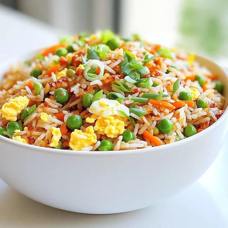To make Chili Crisp Egg Fried Rice, you need these simple ingredients: - 2 cups cooked jasmine rice (preferably day-old) - 3 large eggs - 2 tablespoons chili crisp (store-bought or homemade) - 1 small onion, finely chopped - 2 cloves garlic, minced - 1/2 cup frozen peas and carrots mix - 3 green onions, sliced - 2 tablespoons soy sauce - 1 tablespoon sesame oil - Salt and pepper to taste - 1 tablespoon vegetable oil for cooking Using day-old rice makes this dish better. The rice dries out and fries nicely. It creates a great texture and prevents clumping. You can use fresh rice, but the result will be different. Chili crisp adds heat and flavor. You can buy it or make your own. If you love spicy food, use more chili crisp. For milder flavors, add less. Onions and garlic bring a nice aroma. They form a solid base for the dish. Peas and carrots add color and sweetness. Green onions finish it off with a fresh crunch. Soy sauce and sesame oil give depth to the flavor. Be sure to taste and adjust with salt and pepper. Each ingredient plays a role in making this dish delightful. - Cooking the Vegetables Start by heating 1 tablespoon of vegetable oil in a large skillet or wok over medium-high heat. Add 1 small chopped onion and sauté for about 2-3 minutes until it turns soft and clear. Add 2 minced garlic cloves and cook for another 30 seconds. This mix adds great flavor to your dish. - Scrambling the Eggs Push the onion and garlic to one side of the pan. Crack 3 large eggs into the empty space. Scramble the eggs gently until they are fully cooked. Then mix them with the onions and garlic. The eggs bring richness to the rice. - Combining Ingredients Next, add 1/2 cup of frozen peas and carrots to the skillet. Stir everything together and cook for about 2 minutes until the veggies are warm. This adds color and nutrition to your meal. - Adding Rice and Flavorings Now, add 2 cups of cold, cooked jasmine rice to the skillet. Break up any clumps with your spoon. Pour in 2 tablespoons of soy sauce and 1 tablespoon of sesame oil. Lastly, add 2 tablespoons of chili crisp. Stir everything well to coat the rice with the sauce and flavors. - Final Cooking Steps Season the rice with salt and pepper to taste. Continue cooking for about 3-4 minutes. This step makes the rice warm and slightly crispy. Just before you finish cooking, stir in 3 sliced green onions for a fresh crunch. - Plate and Garnish Serve the chili crisp egg fried rice hot on plates. You can sprinkle extra green onions on top for garnish. This simple touch makes the dish look great. - Accompaniments Pair this fried rice with a side of steamed vegetables or a light salad. It’s a complete meal on its own, but these sides can add even more flavor and nutrients. - Best Rice to Use I prefer using jasmine rice. It has great flavor and texture. Day-old rice works best. It is less sticky and fries better. - How to Achieve Perfectly Crispy Rice To get crispy rice, use high heat. Make sure the skillet is hot before adding rice. Spread the rice in a thin layer. Let it fry without stirring for a few minutes. This helps form that nice crust. - Adjusting Spice Levels You can adjust the spice by adding more or less chili crisp. If you want more heat, add extra chili crisp. For less heat, use less. - Additional Seasonings Try adding garlic powder or onion powder for more flavor. You can also sprinkle in some sesame seeds for a nice crunch. - Storing Leftovers Store any leftover rice in an airtight container. This keeps it fresh. Place it in the fridge for up to 3 days. - Reheating Methods To reheat, use a skillet over medium heat. Add a bit of oil to help prevent sticking. Stir often until heated through. You can also microwave it, but stir every 30 seconds for even heating. {{image_2}} You can make your chili crisp egg fried rice even better with protein add-ins. Here are three great options: - Chicken: Use leftover chicken or cook fresh chicken. Shred or chop it, then add it in after the rice. It adds a nice flavor and makes the dish filling. - Shrimp: Add cooked shrimp to your fried rice. Just toss them in with the peas and carrots for a quick cook. Shrimp brings a tasty seafood twist to the meal. - Tofu: For a vegetarian option, try tofu. Cube firm tofu and sauté it until golden. Mix it in with the eggs for a protein boost. If you want to keep it vegetarian, you can add more vegetables or plant-based options: - Additional Vegetables: Feel free to toss in more veggies like bell peppers, broccoli, or spinach. They add color and crunch. Just remember to cook them until tender. - Plant-Based Alternatives: Use plant-based proteins like tempeh or veggie meat. These options can mimic the texture of meat while keeping it vegetarian. Switch up the flavors by trying different chili crisps and sauces: - Different Types of Chili Crisp: There are many chili crisps available. Some are oilier, while others have more crunch. Experiment to find your favorite! - Alternative Sauces: Instead of soy sauce, try tamari for a gluten-free option or coconut aminos for a sweeter taste. Each sauce gives a new spin to the dish. This dish is so flexible. You can mix and match to find your perfect bowl of chili crisp egg fried rice! Store your leftover fried rice in airtight containers. This helps keep it fresh and tasty. Make sure to cool the rice down before sealing it up. You can also use plastic wrap to cover it tightly. This is a simple way to keep flavors locked in. How long does it last in the fridge? Leftover fried rice stays good for about 3 to 4 days in the fridge. Always check for any strange smells or colors before eating. If you notice anything odd, it's best to throw it away. Freezing fried rice is another option. It can last for up to 3 months in the freezer. To freeze, portion it into small containers or freezer bags. Be sure to squeeze out as much air as possible before sealing. When you're ready to eat, just thaw overnight in the fridge before reheating. Chili crisp is a spicy oil made with chili flakes and crunchy bits. It adds heat and texture to dishes. Many brands sell it, or you can make it at home. Use it to enhance flavors in soups, stir-fries, or even eggs. I love its rich flavor and the crunch it brings. Yes, you can use white rice instead of jasmine rice. Jasmine rice has a nice aroma and a soft texture. White rice works too, but it may lack that lovely fragrance. Make sure your rice is cooked and cooled before using it. Day-old rice is best for frying. To make this dish gluten-free, swap soy sauce for a gluten-free version. Look for brands that offer tamari or coconut aminos. Ensure your chili crisp is gluten-free too. Always check labels for hidden gluten. This way, you can enjoy the dish without worry! Yes, you can make a vegan version. Simply replace eggs with tofu or chickpea flour. Use firm tofu and scramble it to mimic eggs. You can also add extra veggies for flavor. The chili crisp will still give it that nice kick. Enjoy your vegan twist on this tasty meal! In this blog post, we explored how to make a tasty chili crisp egg fried rice. We covered the ingredients, step-by-step cooking instructions, and tips for the best results. You learned about storage, variations, and answers to common questions. Making this dish is simple and fun. Feel free to experiment with flavors and ingredients for your perfect meal. Enjoy every bite and share your delicious creations!