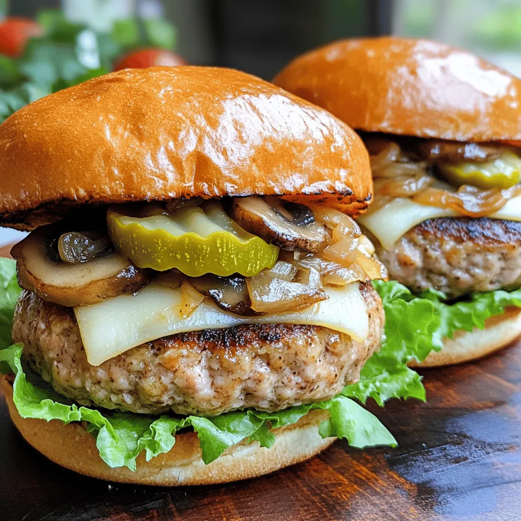 To make these tasty burgers, gather the following main ingredients: - 1 pound ground turkey - 1 cup mushrooms, finely chopped - 1/2 cup Swiss cheese, grated - 1 small onion, finely chopped - 2 cloves garlic, minced - 1 tablespoon Worcestershire sauce - 1 teaspoon dried thyme - Salt and pepper to taste - 4 whole wheat hamburger buns These ingredients blend well together to give a rich flavor. The ground turkey offers a lean base, while the mushrooms add moisture. The Swiss cheese melts beautifully, making each bite creamy. You can add some fun toppings and garnishes to your burger. Here are some ideas: - Lettuce - Tomato slices - Pickles These toppings add freshness and crunch. You can mix and match based on your taste. Feel free to add your favorite sauces too! For cooking these burgers, I recommend using olive oil. It has a great flavor and helps keep the burgers moist. You can also use canola oil or avocado oil if you prefer. Just make sure to use oil that can handle medium heat well. First, heat a skillet over medium heat. Drizzle in some olive oil. Add finely chopped onion and minced garlic. Sauté them for about 3-4 minutes. You want them to be soft and clear. Next, add the finely chopped mushrooms. Cook until they soften and the moisture evaporates, about 5-7 minutes. Season with salt, pepper, and dried thyme. This mixture adds flavor and moisture to the burgers. Let it cool for a moment before moving to the next step. In a large mixing bowl, combine the ground turkey and your cooled mushroom mixture. Add Worcestershire sauce and grated Swiss cheese. Mix everything until well combined. Be gentle to keep the turkey light. Once mixed, divide the mixture into 4 equal portions. Shape each portion into a patty, pressing gently to form them. Preheat your grill or skillet over medium-high heat. Cook each turkey burger for about 5-6 minutes on one side. Flip the burgers and cook for another 5-6 minutes. They should reach an internal temperature of 165°F (74°C) to be safe. While the burgers cook, toast the whole wheat buns until golden brown. Once done, place each turkey patty on a bun. Top with lettuce, tomato, and pickles to your liking. Enjoy your delicious Mushroom Swiss Turkey Burgers! To keep turkey burgers moist, start with good ground turkey. Choose a mix that has some fat. This will help keep the burger juicy. Don’t overmix your meat mixture. Mix just until combined. Overmixing can lead to tough burgers. After shaping the patties, refrigerate them for 30 minutes. This helps them hold their shape while cooking. Grilling is a great method for cooking turkey burgers. It adds a nice smoky flavor. You can also use a skillet on the stove. Use medium-high heat and add a drizzle of olive oil. Don't forget to flip the burgers only once. This helps them brown nicely. Aim for an internal temperature of 165°F (74°C) for safe eating. Adding mushrooms and Swiss cheese gives great flavor. You can also mix in fresh herbs like basil or parsley. For a kick, try adding a little chili powder or smoked paprika. Worcestershire sauce adds depth, so don't skip it! Always taste your mixture before cooking. This way, you can adjust seasoning to your liking. {{image_2}} You can switch up the cheese in your Mushroom Swiss Turkey Burgers. Try cheddar for a sharper taste or pepper jack for a spicy kick. Creamy goat cheese can also add a unique flavor. For toppings, consider avocado slices, sautéed bell peppers, or crispy bacon. These options can enhance your burger and make it more exciting. If you want a lighter meal, consider using lean ground turkey or ground chicken. You can also skip the bun and use lettuce wraps instead. This keeps the burger fresh and cuts down on carbs. Adding extra veggies, like spinach or sliced cucumbers, can boost the nutritional value without adding many calories. You have several ways to cook your turkey burgers. Grilling adds a smoky flavor and nice grill marks. Baking is a healthier option and keeps them moist. If you prefer a quick method, pan-frying in a skillet can give you a great sear. Regardless of the method, ensure the internal temperature reaches 165°F (74°C) for safe eating. To store leftover mushroom Swiss turkey burgers, first let them cool completely. Place each burger in an airtight container. This keeps them fresh and safe. You can store them in the fridge for up to three days. If you think you won’t eat them soon, freezing is a great option. To freeze your mushroom Swiss turkey burgers, wrap each one in plastic wrap. Then, place them in a freezer bag. Make sure to label the bag with the date. These burgers can last in the freezer for about three months. When you are ready to eat them, just thaw in the fridge overnight. To reheat your burgers, you have a few options. You can use the microwave, oven, or stovetop. If using the microwave, place the burger on a plate and heat for about 1-2 minutes. For the oven, wrap them in foil and heat at 350°F (175°C) for about 10-15 minutes. If using the stovetop, heat in a skillet over medium heat for about 5 minutes on each side. Enjoy your delicious burgers again! The best way to season turkey burgers is to use simple, bold flavors. Start with salt and pepper for basic seasoning. You can also add garlic and onion for extra taste. Dried herbs like thyme or oregano work well too. For a savory kick, add Worcestershire sauce. Mix these ingredients into the turkey before shaping the patties. This gives your burgers great flavor throughout. Yes, you can use ground chicken instead of turkey. Both meats are lean and tasty. Ground chicken might be a bit softer than turkey, so handle it gently when shaping patties. You may need to adjust cooking times slightly, as chicken can cook faster. Just make sure to cook it fully to an internal temperature of 165°F (74°C). To know if turkey burgers are fully cooked, use a meat thermometer. Insert the thermometer into the thickest part of the patty. The internal temperature should reach 165°F (74°C). If you don’t have a thermometer, cut a burger in half. The meat should be white and no pink should be visible. Always ensure your burgers are safe to eat. Mushroom Swiss turkey burgers bring great taste and fun to your meals. We covered the main ingredients, tips for moist burgers, and tasty variations. You can easily store leftovers and enjoy them later. Always keep cooking techniques in mind for the best outcome. My final thought: try these burgers. They’re simple, tasty, and sure to please everyone at your table!